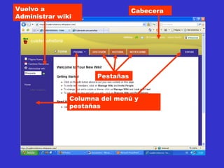 Cabecera Pestañas Columna del menú y pestañas Vuelvo a Administrar wiki 