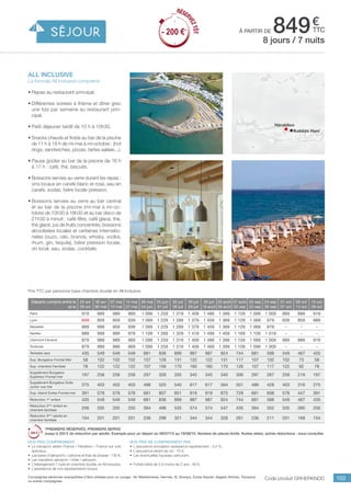 ..................................................................................................................................................................................................................................................................................................
103
€
ttcà partir de 849
Prix TTC par personne base chambre double en All Inclusive.
Code produit GRHERKNOC
Nos prix comprennent
•	 Le transport aérien France / Héraklion / France sur vols
spéciaux,
•	 Les taxes d’aéroports / carbone et frais de dossier : 130 €,
•	 Les transferts aéroport / hôtel / aéroport,
•	 L’hébergement 7 nuits en chambre double, en All Inclusive,
•	 L’assistance de nos représentants locaux.
Nos prix ne comprennent pas
•	 L’assurance annulation assistance rapatriement : 3,4 %,
•	 L’assurance retard de vol : 15 €,
•	 Les éventuelles hausses carburant.
•	 Forfait bébé de 0 à moins de 2 ans : 80 €.
all inclusive
La formule All Inclusive comprend
•	Repas au restaurant principal.
•	Différentes soirées à thème et dîner grec
une fois par semaine au restaurant prin-
cipal.
•	Petit déjeuner tardif de 10 h à 10h30.
•	Snacks chauds et froids au bar de la piscine
de 11 h à 18 h de mi-mai à mi-octobre : (hot
dogs, sandwiches, pizzas, tartes salées...).
•	Pause goûter au bar de la piscine de 16 h
à 17 h : café, thé, biscuits.
•	Boissons servies au verre durant les repas :
vins locaux en carafe blanc et rosé, eau en
carafe, sodas, bière locale pression.
•	Boissons servies au verre au bar central
et au bar de la piscine (mi-mai à mi-oc-
tobre) de 10h30 à 18h30 et au bar disco de
21h30 à minuit : café filtre, café glacé, thé,
thé glacé, jus de fruits concentrés, boissons
alcoolisées locales et certaines internatio-
nales (ouzo, raki, brandy, whisky, vodka,
rhum, gin, tequila), bière pression locale,
vin local, eau, sodas, cocktails.
8 jours / 7 nuits
Héraklion
Kokkini Hani
Départs compris entre le
et le
23 avr
29 avr
30 avr
06 mai
07 mai
13 mai
14 mai
27 mai
28 mai
24 juin
25 juin
01 juil
02 juil
08 juil
09 juil
29 juil
30 juil
19 août
20 août
26 août
27 août
02 sep
03 sep
23 sep
24 sep
30 sep
01 oct
07 oct
08 oct
14 oct
15 oct
28 oct
Paris 919 989 989 969 1 099 1 259 1 319 1 409 1 489 1 399 1 159 1 099 1 009 969 889 919
Lyon 849 959 959 939 1 069 1 229 1 289 1 379 1 459 1 369 1 129 1 069 979 939 859 889
Marseille 889 999 959 939 1 069 1 229 1 289 1 379 1 459 1 369 1 129 1 069 979 - - -
Nantes 889 999 999 979 1 109 1 269 1 329 1 419 1 499 1 409 1 169 1 109 1 019 - - -
Clermont-Ferrand 879 989 989 969 1 099 1 259 1 319 1 409 1 489 1 399 1 159 1 099 1 009 969 889 919
Toulouse 879 989 989 969 1 099 1 259 1 319 1 409 1 489 1 399 1 159 1 099 1 009 - - -
Terrestre seul 435 549 549 549 681 836 899 987 987 924 744 681 588 549 467 435
Sup. Bungalow Frontal Mer 58 102 102 102 107 126 131 122 122 131 117 107 102 102 73 58
Sup. chambre Familiale 78 122 122 122 107 156 170 160 160 170 126 107 117 122 92 78
Supplément Bungalow
Supérieur Frontal mer
197 258 258 258 297 326 335 345 345 340 306 297 267 258 219 197
Supplément Bungalow Suite
Junior vue mer
275 403 403 403 486 525 540 617 617 564 501 486 428 403 316 275
Sup. Island Suites Frontal mer 391 578 578 578 681 807 851 919 919 875 729 681 608 578 447 391
Réduction 1er
enfant 435 549 549 549 681 836 899 987 987 924 744 681 588 549 467 435
Réduction 2ème
enfant en
chambre familiale
256 335 335 335 394 496 535 574 574 547 435 394 352 335 280 256
Réduction 3ème
adulte en
chambre familiale
154 201 201 201 236 298 321 344 344 328 261 236 211 201 168 154
*PREMIERS RÉSERVÉS, PREMIERS SERVIS
Jusqu’à 200 € de réduction par adulte. Exemple pour un départ du 09/07/15 au 19/08/15. Nombre de places limité. Autres dates, autres réductions : nous consulter.
RÉSER
VEZTÔT
- 200 €*
RÉSER
VEZTÔT
- 200 €*
Compagnies aériennes susceptibles d’être utilisées pour ce voyage : Air Méditerranée, Hermès, XL Airways, Europ Airpost, Aegean Airlines, Transavia
ou autres compagnies.
 