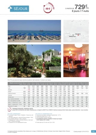 ..................................................................................................................................................................................................................................................................................................
105Compagnies aériennes susceptibles d’être utilisées pour ce voyage : Air Méditerranée, Hermès, XL Airways, Europ Airpost, Aegean Airlines, Transavia
ou autres compagnies.
€
ttc
Code produit GRHERPEA
Nos prix comprennent
•	 Le transport aérien France / Héraklion / France sur vols
spéciaux,
•	 Les taxes d’aéroports / carbone et frais de dossier : 130 €,
•	 Les transferts aéroport / hôtel / aéroport,
•	 L’hébergement 7 nuits en chambre double, en demi-pen-
sion (1 boisson par repas),
•	 L’assistance de nos représentants locaux.
Nos prix ne comprennent pas
•	 L’assurance annulation assistance rapatriement : 3,4 %,
•	 L’assurance retard de vol : 15 €,
•	 Les éventuelles hausses carburant,
•	 Le supplément pension complète (1 boisson par repas) :
110 € / adulte, 55 € / enfant.
•	 Forfait bébé de 0 à moins de 2 ans : 80 €.
Départs compris entre le
et le
09 avr
15 avr
16 avr
22 avr
23 avr
29 avr
30 avr.
06 mai
07 mai
13 mai
14 mai
27 mai
28 mai
08 juil
09 juil
29 juil
30 juil
19 août
20 août
26 août
27 août
23 sep
24 sep
30 sep
01 oct
07 oct
08 oct
14 oct
15 oct
28 oct
Paris - 819 819 889 889 869 949 1 049 1 129 1 029 959 889 859 789 819
Lyon 789 789 749 859 859 839 919 1 019 1 099 999 929 859 829 759 789
Marseille - 729 789 899 859 839 919 1 019 1 099 999 929 859 - - -
Nantes 829 829 789 899 859 879 959 1 059 1 139 1 039 969 899 - - -
Clermont-Ferrand 819 819 779 889 889 869 949 1 049 1 129 1 029 959 889 859 789 819
Toulouse 819 819 779 889 889 869 949 1 049 1 129 1 029 959 889 - - -
Terrestre seul 306 306 306 416 416 416 493 593 593 525 503 442 416 340 306
Sup. chambre individuelle 88 88 88 117 117 117 136 204 204 204 156 156 117 117 88
Sup. chb supérieure vue Mer 29 29 29 39 39 39 49 73 73 73 63 44 39 29 29
Réduc. 1er
enfant de 2 à - 6 ans 306 306 306 416 416 416 493 593 593 525 503 442 416 340 306
Réduc. 1er
enfant de 6 à - 12 ans 153 153 153 208 208 208 247 297 297 263 252 221 208 170 153
Réduction 3ème
adulte 92 92 92 125 125 125 148 178 178 158 151 133 125 102 92
*PREMIERS RÉSERVÉS, PREMIERS SERVIS
Jusqu’à 90 € de réduction par adulte. Exemple pour un départ du 09/07/15 au 19/08/15. Nombre de places limité. Autres dates, autres réductions : nous consulter.
Prix TTC par personne base chambre double en demi-pension (1 boisson par repas).
8 jours / 7 nuits
à partir de 729
Héraklion
Réthymnon
RÉSER
VEZTÔT
- 90 €*
RÉSER
VEZTÔT
- 90 €*
 