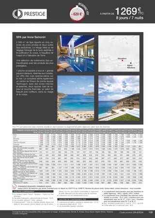 ..................................................................................................................................................................................................................................................................................................
109Code produit marakvil
€
ttcà partir de 1269
Prix TTC par personne base chambre double en demi-pension ou logement et petits déjeuners selon type de chambre.
nos prix comprennent
•	 Le transport aérien France / Héraklion / France sur vols
spéciaux,
•	 Les taxes d’aéroports / carbone et frais de dossier : 130 €,
•	 Les transferts aéroport / hôtel / aéroport,
•	 L’hébergement 7 nuits en chambre double deluxe vue
jardin en demi-pension (promo deluxe vue mer et promo
deluxe vue mer avec piscine individuelle) ou logements
et petits déjeuners pour les autres types de chambres
•	 L’assistance de nos représentants locaux.
nos prix ne comprennent pas
•	 L’assurance annulation, assistance, rapatriement : 3,4 %,
•	 L’assurance retard de vol : 15 €,
•	 Les éventuelles hausses carburant,
•	 Le supplément demi-pension pour les chambres en
petits déjeuners : 295 € / adulte, 145 € / enfant,
•	 Le supplément pour chauffage des piscines indivi-
duelles ou privées : 79 € / jour / chambre pour une
température maxi de 25 °C , 119 € / jour / chambre
pour une température entre 25 °C et 28 °C.
•	 Sup. transferts privatifs (mini 2, maxi 4) : 175 € / taxi A/R.
•	 Forfait bébé de 0 à moins de 2 ans : 80 €.
Code produit grherdai
SPA par Anne Semonin
2 500 m2
de Spa répartis en cinq ca-
bines de soins privées et deux suites
Spa exclusives. Le refuge idéal où se
dégage l’énergie de la terre destinée à
la purification du corps, à l’équilibre de
l’esprit et à l’élévation de l’âme.
Une sélection de traitements Spa ex-
traordinaires avec les produits les plus
prestigieux.
1 piscine accessible à tous et 1 grande
piscine intérieure, réservée aux curistes,
qui offre des vues spectaculaires sur
la mer. Le complexe abrite également
un centre de fitness de pointe équipé
Technogym, avec des zones internes
et externes, deux saunas, bain de va-
peur et douche thermale, un salon de
beauté avec coiffeurs, soins du visage
et du corps.
8 jours / 7 nuits
Héraklion
Agios
Nikolaos
Départs compris entre le
et le
16 avr
22 avr
23 avr
29 avr
30 avr
06 mai
07 mai
13 mai
14 mai
27 mai
28 mai
24 juin
25 juin
22 juil
23 juil
29 juil
30 juil
19 août
20 août
26 août
27 août
09 sep
10 sep
16 sep
17 sep
23 sep
24 sep
30 sep
01 oct
07 oct
08 oct
14 oct
15 oct
28 oct
Paris 1 359 1 359 1 319 1 619 1 599 1 929 2 119 2 529 2 609 2 379 2 039 1 899 1 789 1 709 1 599 1 479 1 359
Lyon 1 329 1 289 1 289 1 589 1 569 1 899 2 089 2 499 2 579 2 349 2 009 1 869 1 759 1 679 1 569 1 449 1 329
Marseille 1 269 1 329 1 329 1 589 1 569 1 899 2 089 2 499 2 579 2 349 2 009 1 869 1 759 1 679 - - -
Nantes 1 369 1 329 1 329 1 629 1 609 1 939 2 129 2 539 2 619 2 389 2 049 1 909 1 799 1 719 1 609 1 489 1 369
Clermont-Ferrand 1 359 1 319 1 319 1 619 1 599 1 929 2 119 2 529 2 609 2 379 2 039 1 899 1 789 1 709 1 599 1 479 1 359
Toulouse 1 359 1 319 1 319 1 619 1 599 1 929 2 119 2 529 2 609 2 379 2 039 1 899 1 789 1 709 - - -
Terrestre seul 851 851 851 1 157 1 157 1 488 1 672 2 081 2 081 1 876 1 594 1 449 1 342 1 264 1 157 1 031 851
Sup. chb individuelle vue jardin
demi-pension 681 681 681 933 933 1 196 1 342 1 672 1 672 1 672 1 283 1 283 1 079 1 079 933 933 681
Sup. chb Promo Deluxe Vue mer en
demi-pension 151 151 151 165 165 175 107 107 107 136 185 190 185 180 165 156 151
Sup. chb Promo Deluxe Vue mer
avec piscine indiv. en demi-pension 452 452 452 496 496 496 467 428 428 476 544 564 564 501 496 476 452
Sup. chb Deluxe Vue en petits
déjeuners 219 219 219 267 267 282 214 243 243 263 297 277 282 277 267 243 219
Sup. chb Deluxe Vue mer avec
piscine indiv. en petits déjeuners 549 549 549 603 603 632 593 593 593 627 676 700 700 661 603 578 549
Sup. chb Junior Suite piscine Privée
en petits déjeuners 1 055 1 055 1 055 1 011 1 011 1 371 1 458 1 507 1 507 1 517 1 536 1 522 1 507 1 293 1 011 1 026 1 055
Réduc. 1er
enfant en chb double vue
jardin demi-pension 851 851 851 1 157 1 157 1 488 1 672 2 081 2 081 1 876 1 594 1 449 1 342 1 264 1 157 1 031 851
Réduc. 1er
enfant en chb promo
deluxe vue mer en demi-pension 1 001 1 001 1 001 1 322 1 322 1 663 1 779 2 188 2 188 2 013 1 779 1 638 1 526 1 444 1 322 1 186 1 001
Réduc. 1er
enfant en chb deluxe vue
mer en petits déjeuners 1 069 1 069 1 069 1 424 1 424 1 769 1 886 2 324 2 324 2 139 1 891 1 726 1 624 1 541 1 424 1 274 1 069
Réduc. 1er
enfant Deluxe Vue mer
avec piscine indiv. 1 400 1 400 1 400 1 760 1 760 2 119 2 265 2 674 2 674 2 503 2 270 2 149 2 042 1 925 1 760 1 609 1 400
Réduc. 1er
enfant Junior Suite
piscine Privée 1 906 1 906 1 906 2 168 2 168 2 858 3 131 3 588 3 588 3 393 3 131 2 970 2 849 2 557 2 168 2 056 1 906
Réduction 3ème
adulte 510 510 510 694 694 893 1 003 1 248 1 248 1 126 957 869 805 758 694 618 510
*PREMIERS RÉSERVÉS, PREMIERS SERVIS
Jusqu’à 620 € de réduction par adulte. Exemple pour un départ du 23/07/15 au 19/08/15. Nombre de places limité. Autres dates, autres réductions : nous consulter.
- 620 €*
RÉSER
VEZTÔT
- 620 €*
Compagnies aériennes susceptibles d’être utilisées pour ce voyage : Air Méditerranée, Hermès, XL Airways, Europ Airpost, Aegean Airlines, Transavia
ou autres compagnies.
 