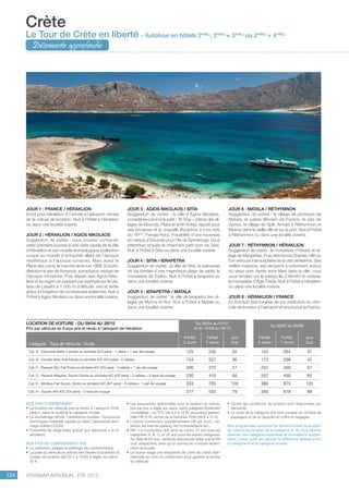 ..................................................................................................................................................
124 Voyamar aérosun . été 2015
..................................................................................................................................................
Jour 1 : FRANCE / Héraklion
Envol pour Héraklion. À l’arrivée à l’aéroport, remise
de la voiture de location. Nuit à l’hôtel à Héraklion
ou dans une localité voisine.
Jour 2 : Héraklion / Agios Nikolaos
Suggestion de visites : vous pourrez consacrer
cette première journée à une visite rapide de la ville
d’Héraklion et son musée archéologique (collection
unique au monde d’antiquités allant de l’époque
néolithique à l’époque romaine). Mais aussi la
Place des Lions, le marché de la rue 1866. Ensuite,
direction le site de Knossos, somptueux vestige de
l’époque minoenne. Puis départ vers Agios Niko-
laos et sa région en passant par exemple sur le pla-
teau de Lassithi à 1 000 m d’altitude, vert et fertile
grâce à l’irrigation de nombreuses éoliennes. Nuit à
l’hôtel à Agios Nikolaos ou dans une localité voisine.
Jour 3 : Agios Nikolaos / Sitia
Suggestion de visites : la ville d’Agios Nikolaos,
considérée comme le petit « St Trop » crétois, les vil-
lages de Elounda, Plaka et enfin Kritsa, réputé pour
ses broderies et la chapelle Byzantine à trois nefs
du 16ème
, Panajia Kera. Possibilité d’une traversée
en caïque d’Elounda pour l’île de Spinalonga. Vous
atteindrez ensuite le charmant petit port de Sitia.
Nuit à l’hôtel à Sitia ou dans une localité voisine.
Jour 4 : Sitia / Ierapetra
Suggestion de visites : la ville de Sitia, la palmeraie
de Vai bordée d’une magnifique plage de sable, le
monastère de Toplou. Nuit à l’hôtel à Ierapetra ou
dans une localité voisine.
Jour 5 : Ierapetra / Matala
Suggestion de visites : la ville de Ierapetra, les vil-
lages de Myrtos et Arvi. Nuit à l’hôtel à Matala ou
dans une localité voisine.
Jour 6 : Matala / Réthymnon
Suggestion de visites : le village de pêcheurs de
Matala, le palais Minoen de Festos, le site de
Gortys, le village de Spili. Arrivée à Réthymnon et
flânerie dans la vieille ville et sur le port. Nuit à l’hôtel
à Réthymnon ou dans une localité voisine.
Jour 7 : Réthymnon / Héraklion
Suggestion de visites : le monastère d’Arkadi, le vil-
lage de Margarites. Puis direction la Chanée, ville où
l’on retrouve l’atmosphère de la cité vénitienne. Ses
vieilles maisons, ses remparts s’ordonnent autour
du vieux port. Après avoir flâné dans la ville, vous
vous rendrez sur la presqu’île d’Akrotiri et visiterez
le monastère d’Agia Triada. Nuit à l’hôtel à Héraklion
ou dans une localité voisine.
Jour 8 : Héraklion / FRANCE
En fonction des horaires de vol, restitution du véhi-
cule de location à l’aéroport et envol pour la France.
Crète
Le Tour de Crète en liberté - Autotour en hôtels 2*(NL)
, 2*(NL)
+ 3*(NL)
ou 2*(NL)
+ 4*(NL)
Découverte approfondie
nos prix comprennent
•	 La location du véhicule pris et rendu à l’aéroport d’Hé-
raklion, selon la durée et la catégorie choisie,
•	 Le kilométrage illimité, l’assistance routière, l’assurance
dommages matériels causés au tiers, l’assurance dom-
mage collision (CDW),
•	 Possibilité de siège bébé gratuit (sur demande à la ré-
servation).
nos prix ne comprennent pas
•	 Le carburant, péages et parkings, les contraventions,
•	 La prise du véhicule en dehors des heures d’ouverture du
bureau de location (de 23 h à 7h30) à régler sur place :
30 €,
•	 Les assurances optionnelles pour la location de voiture,
prix par jour à régler sur place, selon catégorie (fortement
conseillées) : vol TPC (de 6,5 à 12 €), assurance person-
nelle PAI (5 €), rachat de la franchise FDW (de 6 à 12 €),
•	 L’option conducteur supplémentaire (3€ par jour), l’es-
sence, les frais de parking, les contraventions etc...
•	 NB : Le conducteur doit avoir au moins 22 ans pour les
catégories A, B, C, et 25 ans pour les autres catégories.
Au-delà de 65 ans, certaines assurances telles que la PAI
sont obligatoires, ainsi qu’un permis de conduire récem-
ment renouvelé.
•	 Le loueur exige une empreinte de carte de crédit inter-
nationale au nom du conducteur pour garantir la remise
du véhicule.
•	 Toutes les conditions de location sont disponibles sur
demande.
•	 Le choix de la catégorie doit tenir compte du nombre de
passagers et de la capacité du coffre en bagages.
Nos programmes autotours en liberté incluent la location
de voiture sur la base de la catégorie A. Si vous désirez
réserver une catégorie supérieure et connaître le supplé-
ment, il vous suffit de calculer la différence tarifaire entre
la catégorie A et la catégorie choisie.
LOCATION DE VOITURE - Du 09/04 au 28/10
Prix par véhicule en Euros pris et rendu à l’aéroport de Héraklion
Du 09/04 au 01/07
et du 10/09 au 28/10
Du 02/07 au 09/09
Forfait
3 Jours
Forfait
7 Jours
Jour
Sup
Forfait
3 Jours
Forfait
7 Jours
Jour
SupCatégorie - Type de Véhicule - Durée
Cat. A - Chevrolet Matiz 2 portes ou similaire (2/3 pers) - 1 valise + 1 sac de voyage 125 230 32 143 264 37
Cat. B - Hundai Atos, Fiat Panda ou similaire A/C (3/4 pers) - 2 valises 154 257 36 173 298 42
Cat. C - Renault Clio, Fiat Punto ou similaire A/C (4/5 pers) - 2 valises + 1 sac de voyage 200 372 51 222 400 57
Cat. D - Renault Mégane, Toyota Corola ou similaire A/C (4/5 pers) - 2 valises + 2 sacs de voyage 230 410 56 257 458 65
Cat. E - Minibus Fiat Scudo, Doblo ou similaire A/C (6/7 pers) - 3 valises + 1 sac de voyage 333 700 100 388 875 125
Cat. H - Suzuki 4X4 A/C (3/4 pers) - 2 sacs de voyage 277 555 79 340 618 88
 