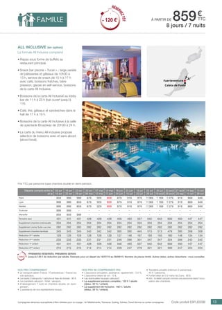 ..................................................................................................................................................................................................................................................................................................
13Compagnies aériennes susceptibles d’être utilisées pour ce voyage : Air Méditerranée, Transavia, Vueling, Volotea, Travel Service ou autres compagnies.
€
ttc
Fuerteventura
Caleta de Fuste
à partir de 859
Code produit ESFUEESB
Prix TTC par personne base chambre double en demi-pension.
Nos prix comprennent
•	 Le transport aérien France / Fuerteventura / France sur
vols spéciaux,
•	 Les taxes d’aéroports / carbone et frais de dossier : 90 €,
•	 Les transferts aéroport / hôtel / aéroport,
•	 L’hébergement 7 nuits en chambre double, en demi-
pension,
•	 L’assistance de nos représentants locaux.
Nos prix ne comprennent pas
•	 L’assurance annulation, assistance, rapatriement : 3,4 %,
•	 L’assurance retard de vol : 15 €,
•	 Les éventuelles hausses carburant,
•	 Le supplément pension complète : 132 € / adulte
(réduc. 50 % / enfant),
•	 Le supplément All Inclusive : 180 € / adulte
(réduc. 50 % / enfant).
•	 Transferts privatifs (minimum 2 personnes) :
45 € / personne.
•	 Forfait bébé de 0 à moins de 2 ans : 80 €.
•	 Info : le bébé compte comme une personne dans l’occu-
pation des chambres.
all inclusive (en option)
La formule All Inclusive comprend
•	Repas sous forme de buffets au
restaurant principal.
•	Snack bar piscine « Tucan » : large variété
de pâtisseries et gâteaux de 10h30 à
13 h, service de snack de 15 h à 17 h
avec café, boissons fraîches, bière
pression, glaces en self-service, boissons
de la carte All Inclusive.
•	Boissons de la carte All Inclusive au lobby
bar de 11 h à 23 h (bar ouvert jusqu’à
1 h).
•	Café, thé, gâteaux et sandwiches dans le
hall de 17 h à 19 h.
•	Boissons de la carte All Inclusive à la salle
de spectacle Broadway de 20h30 à 24 h.
•	La carte du menu All Inclusive propose
sélection de boissons avec et sans alcool
(alcool local).
8 jours / 7 nuits
Départs compris entre le
et le
09 avr
15 avr
16 avr
22 avr
23 avr
29 avr
30 avr
06 mai
07 mai
13 mai
14 mai
17 juin
18 juin
24 juin
25 juin
15 juil
16 juil
22 juil
23 juil
29 juil
30 juil
19 août
20 août
26 août
27 août
23 sep
24 sep
14 oct
15 oct
28 oct
Paris 859 999 999 879 929 859 879 919 979 1 069 1 169 1 079 919 869 949
Lyon 999 999 859 879 929 859 879 919 979 1 069 1 169 1 079 919 869 949
Nantes 999 999 859 879 929 859 879 919 979 1 069 1 169 1 079 919 869 949
Toulouse 999 999 - - - - - - - - - - - - -
Marseille 859 859 999 - - - - - - - - - - - -
Terrestre seul 431 431 431 428 428 428 456 493 557 642 642 600 493 447 447
Supplément chambre individuelle 204 204 204 204 204 204 204 204 204 204 204 204 204 204 204
Supplément Junior Suite vue mer 282 282 282 282 282 282 282 282 282 282 282 282 282 282 282
Supplément chambre familiale 345 345 345 342 342 342 365 395 445 513 513 479 395 358 358
Réduction 3ème
adulte 129 129 129 128 128 128 137 148 167 193 193 180 148 134 134
Réduction 4ème
adulte 233 233 233 231 231 231 246 266 301 347 347 324 266 242 242
Réduction 1er
enfant 431 431 431 428 428 428 456 493 557 642 642 600 493 447 447
Réduction 2ème
enfant 215 215 215 214 214 214 228 247 279 321 321 300 247 224 224
*PREMIERS RÉSERVÉS, PREMIERS SERVIS
Jusqu’à 120 € de réduction par adulte. Exemple pour un départ du 16/07/15 au 26/08/15. Nombre de places limité. Autres dates, autres réductions : nous consulter.
RÉSER
VEZTÔT
- 120 €*
RÉSER
VEZTÔT
- 120 €*
 