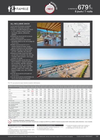 ..................................................................................................................................................................................................................................................................................................
131Code produit marakvil
€
ttc
Compagnies aériennes susceptibles d’être utilisées pour ce voyage : Air Méditerranée, Hermès, Europ Airpost, Aegean Airlines ou autres compagnies. Code produit GRKGSAKT
•	 Supplément transferts privatifs (maxi 3 adultes ou
2 adultes + 2 enfants par taxi) : 80 € / taxi A/R.
•	 Forfait bébé de 0 à moins de 2 ans : 80 €.
nos prix comprennent
•	 Le transport aérien France / Kos / France sur vols spé-
ciaux,
•	 Les taxes d’aéroports / carbone et frais de dossier : 130 €,
•	 Les transferts aéroport / hôtel / aéroport,
•	 L’hébergement 7 nuits en chambre double en All inclusive,
•	 L’assistance de nos représentants locaux.
nos prix ne comprennent pas
•	 L’assurance annulation assistance rapatriement : 3,4 %,
•	 L’assurance retard de vol : 15 €,
•	 Les éventuelles hausses carburant.
Départs compris entre le
et le
09 avr
15 avr
16 avr
22 avr
23 avr
29 avr
30 avr
06 mai
07 mai
13 mai
14 mai
10 juin
11 juin
17 juin
18 juin
24 juin
25 juin
01 juil
02 juil
22 juil
23 juil
29 juil
30 juil
19 août
20 août
26 août
27 août
02 sep
03 sep
23 sep
24 sep
30 sep
01 oct
07 oct
Paris - 759 759 749 759 769 899 949 1 019 1 179 1 219 1 299 1 239 1 019 959 759 729
Lyon 719 719 679 709 719 729 859 909 979 1 139 1 179 1 259 1 199 979 919 719 689
Marseille - - 769 799 769 779 909 959 1 029 1 189 1 229 1 309 1 249 1 029 969 769 -
Nantes 789 789 749 779 789 799 929 979 1 049 1 209 1 249 1 329 1 269 1 049 989 789 759
Clermont-Ferrand - - - - - 799 929 979 1 049 1 209 1 249 1 329 1 269 1 049 989 789 759
Toulouse - 829 769 819 829 839 969 1 019 1 089 1 249 1 289 1 369 1 309 1 089 1 029 829 799
Terrestre seul 301 301 331 331 342 369 501 554 618 778 817 817 789 618 554 363 331
Sup. chambre individuelle 156 156 126 126 140 175 210 224 243 292 350 350 308 243 224 140 126
Sup. chambre Famille
sans séparation
58 58 29 29 32 39 39 39 36 29 24 29 29 36 39 31 29
Sup. chambre Famille
2 chambres
107 107 78 78 78 78 85 88 85 78 89 97 83 85 88 79 78
Sup. chambre Supérieure
Famille 2 chambres
175 175 146 146 146 146 146 146 146 146 140 146 146 146 146 146 146
Réduc. 3ème
et 4ème
adultes 105 105 116 116 120 129 175 194 216 272 286 286 276 216 194 127 116
Réduc. 1er
et 2ème
enfants 301 301 331 331 342 369 501 554 618 778 817 817 789 618 554 363 331
Réduc. 3ème
enfant en
chambre famille
301 301 331 331 342 369 251 277 309 389 408 408 394 309 277 181 331
*PREMIERS RÉSERVÉS, PREMIERS SERVIS
Jusqu’à 160 € de réduction par adulte. Exemple pour un départ du 02/07/15 au 26/08/15. Nombre de places limité. Autres dates, autres réductions : nous consulter.
Prix TTC par personne base chambre double en All Inclusive.
all inclusive 24h/24
La formule All Inclusive comprend
•	Repas au restaurant principal.
•	Snacks au buffet Pergola de 10h30
à 18 h : snacks chaud et froids,
saucisses, glaces, pâtisseries,
salades.
•	Snacks de minuit de 23 h à minuit
avec crêpes sucrées.
•	Snacks et boissons sans alcool
(exceptée bière) au bar de la plage de
10 h à 18 h.
•	Buffet nocturne de 23 h à 5 h :
snacks chauds et froids, soupe,
glaces et boissons non alcoolisées.
•	Espace café dans le hall principal
24 h/24 : café filtre, thé, biscuits.
•	Boissons locales durant les repas :
jus de fruits concentrés, thé, lait, eau
minérale, bière pression, vins rouge
et blanc en carafe.
•	Boissons locales servies dans les
bars ci-dessous : boissons gazeuses,
jus concentrés, café filtre, expresso,
cappuccino, thé, lait, eau minérale,
vins maison rouge, blanc, rosé, bière
pression, vodka, rhum, whisky, gin,
liqueurs locales, ouzo, raki, cocktails
maison.
•	Au bar de la piscine principale de
10 h à 18 h.
•	Au bar de la piscine amphithéâtre de
10 h à 18 h et de 21 h à minuit.
8 jours / 7 nuits
à partir de 679- 160 €*
Kos
Kardamena
RÉSER
VEZTÔT
- 160 €*
 