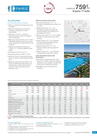 ..................................................................................................................................................................................................................................................................................................
135Compagnies aériennes susceptibles d’être utilisées pour ce voyage : Air Méditerranée, Hermès, Europ Airpost, Aegean Airlines ou autres compagnies.
€
ttcà partir de 759
Prix TTC par personne base chambre double en All Inclusive.
•	 Supplément transferts privatifs (maxi 3 adultes ou
2 adultes + 2 enfants par taxi) : 150 € / taxi A/R.
•	 Forfait bébé de 0 à moins de 2 ans : 80 €.
Nos prix comprennent
•	 Le transport aérien France / Kos / France sur vols spé-
ciaux,
•	 Les taxes d’aéroports / carbone et frais de dossier : 130 €,
•	 Les transferts aéroport / hôtel / aéroport,
•	 L’hébergement 7 nuits en chambre double en All Inclusive,
•	 L’assistance de nos représentants locaux.
Nos prix ne comprennent pas
•	 L’assurance annulation, assistance, rapatriement : 3,4 %,
•	 L’assurance retard de vol : 15 €,
•	 Les éventuelles hausses carburant.
Code produit GRKGSKIV
all inclusive
La formule All Inclusive comprend
•	Repas au restaurant principal sous forme
de buffets.
•	Dîner aux restaurants à la carte grec
et italien sur réservation et selon
disponibilités.
•	Snack de 11 h à 13 h : snacks et
sandwiches froids, tarte au fromage et
tarte aux épinards.
•	Déjeuner au bar piscine de 12 h à 14h30 :
buffet léger (slouvaki et pain pita, snacks
variés, sandwiches chauds et froids, fruits
et glaces).
•	Déjeuner au restaurant barbecue de
12h30 à 15 h : buffet de grillades, pâtes,
salade.
•	Hot dog corner de 12 h à 13 h.
•	Pause-café cake de 16h30 à 17h30.
•	Snack de minuit au restaurant principal
de 23 h à minuit : soupe chaude et buffet
froid.
•	Boissons locales durant les repas : soft
drinks (en distributeurs self-service), vin
maison (servi au verre), bière pression,
eau plate. Toutes les boissons sont
servies au verre.
Boissons locales dans les bars
•	Bar principal Olympus 17 h - 1 h.
Dernière commande pour la formule “All
in” à 22 h.
•	Village Café Corner 12 h - 18 h.
Sert glaces, boissons chaudes (bar
servant seulement des boissons non
alcoolisées) soft drinks.
•	Olympic Pool Snack 12 h - 16 h. Variété
de café, thé, bière et soft-drinks de la
machine.
•	Ionian Pool bar 10 h - 00 h. Boissons
incluses dans le paquet All-inclusive.
Dernière commande à 23 h.
•	Poseidon Beach bar 10 h - 18 h.
Boissons incluses dans le paquet All
inclusive.
•	Palmy Pool bar 10 h - 18 h. Boissons
incluses dans le paquet All-inclusive.
Liste des boissons de la carte
All Inclusive :
•	Soft drinks et rafraîchissements, bière
pression, vin maison, café, thé, expresso,
cappuccino, eau minérale, cocktails avec
et sans alcool, apéritifs et spiritueux.
•	Bouteille d’eau à l’arrivée dans les
chambres.
8 jours / 7 nuits
Kos
Psalidi
Départs compris entre le
et le
23 avr
29 avr
30 avr
06 mai
07 mai
13 mai
14 mai
03 juin
04 juin
10 juin
11 juin
08 juil
09 juil
29 juil
30 juil
19 août
20 août
26 août
27 août
23 sep
24 sep
30 sep
01 oct
07 oct
Paris 859 819 819 799 819 959 1 229 1 309 1 279 959 799 799
Lyon 779 779 779 759 779 919 1 189 1 269 1 239 919 759 759
Marseille 869 869 829 809 829 969 1 239 1 319 1 289 969 809 -
Nantes 849 849 849 829 849 989 1 259 1 339 1 309 989 829 829
Clermont-Ferrand - - - 829 849 989 1 259 1 339 1 309 989 829 829
Toulouse 869 889 889 869 889 1 029 1 299 1 379 1 349 1 029 869 869
Terrestre seul 399 399 399 399 422 564 826 826 826 564 399 399
Supplément chambre individuelle 238 238 238 238 253 338 496 496 496 338 238 238
Supplément chambre vue mer
latérale (double ou triple uniquement)
68 68 68 68 72 97 126 126 126 97 68 68
Supplément Suite junior/Maisonnette 29 29 29 29 29 29 29 29 29 29 29 29
Supplément chambre Famille 92 92 92 92 99 136 224 224 224 136 92 92
Supplément Suite Executive 156 156 156 156 165 224 331 331 331 224 156 156
Réduction 1er
enfant 399 399 399 399 422 564 826 826 826 564 399 399
Réduction 3ème
et 4ème
adultes 120 120 120 120 127 169 248 248 248 169 120 120
Réduction 2ème
et 3ème
enfants 199 199 199 199 211 282 413 413 413 282 199 199
*PREMIERS RÉSERVÉS, PREMIERS SERVIS
Jusqu’à 120 € de réduction par adulte. Exemple pour un départ du 09/07/15 au 26/08/15. Nombre de places limité. Autres dates, autres réductions : nous consulter.
RÉSER
VEZTÔT
- 120 €*
RÉSER
VEZTÔT
- 120 €*
 