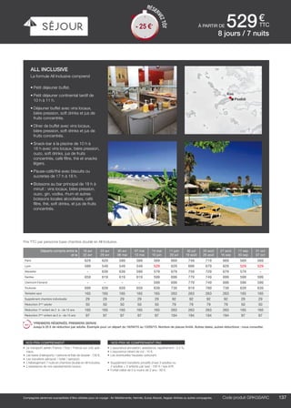 ..................................................................................................................................................................................................................................................................................................
137Code produit marakvil
€
ttc
Compagnies aériennes susceptibles d’être utilisées pour ce voyage : Air Méditerranée, Hermès, Europ Airpost, Aegean Airlines ou autres compagnies.
à partir de 529
Prix TTC par personne base chambre double en All Inclusive.
Code produit GRKGSARC
nos prix comprennent
•	 Le transport aérien France / Kos / France sur vols spé-
ciaux,
•	 Les taxes d’aéroports / carbone et frais de dossier : 130 €,
•	 Les transferts aéroport / hôtel / aéroport,
•	 L’hébergement 7 nuits en chambre double en All Inclusive,
•	 L’assistance de nos représentants locaux.
nos prix ne comprennent pas
•	 L’assurance annulation, assistance, rapatriement : 3,4 %,
•	 L’assurance retard de vol : 15 €,
•	 Les éventuelles hausses carburant.
•	 Supplément transferts privatifs (maxi 3 adultes ou
2 adultes + 2 enfants par taxi) : 150 € / taxi A/R.
•	 Forfait bébé de 0 à moins de 2 ans : 80 €.
8 jours / 7 nuits
all inclusive
La formule All Inclusive comprend
•	Petit déjeuner buffet.
•	Petit déjeuner continental tardif de
10 h à 11 h.
•	Déjeuner buffet avec vins locaux,
bière pression, soft drinks et jus de
fruits concentrés.
•	Dîner de buffet avec vins locaux,
bière pression, soft drinks et jus de
fruits concentrés.
•	Snack-bar à la piscine de 10 h à
18 h avec vins locaux, bière pression,
ouzo, soft drinks, jus de fruits
concentrés, café filtre, thé et snacks
légers.
•	Pause-café/thé avec biscuits ou
sucreries de 17 h à 18 h.
•	Boissons au bar principal de 18 h à
minuit : vins locaux, bière pression,
ouzo, gin, vodka, rhum et autres
boissons locales alcoolisées, café
filtre, thé, soft drinks, et jus de fruits
concentrés.
Kos
Psalidi
Départs compris entre le
et le
16 avr
22 avr
23 avr
29 avr
30 avr
06 mai
07 mai
13 mai
14 mai
10 juin
11 juin
29 juil
30 juil
19 août
20 août
26 août
27 août
16 sep
17 sep
30 sep
01 oct
07 oct
Paris 629 629 589 589 569 669 749 719 669 569 569
Lyon 589 549 549 549 529 629 699 679 629 529 529
Marseille - 639 639 599 579 679 759 729 679 579 -
Nantes 659 619 619 619 599 699 779 749 699 599 599
Clermont-Ferrand - - - - 599 699 779 749 699 599 599
Toulouse 699 639 659 659 639 739 819 789 739 639 639
Terrestre seul 165 165 165 165 165 263 263 263 263 165 165
Supplément chambre individuelle 29 29 29 29 29 92 92 92 92 29 29
Réduction 3ème
adulte 50 50 50 50 50 79 79 79 79 50 50
Réduction 1er
enfant de 2 à - de 15 ans 165 165 165 165 165 263 263 263 263 165 165
Réduction 2ème
enfant de 2 à - de 15 ans 97 97 97 97 97 194 194 194 194 97 97
*PREMIERS RÉSERVÉS, PREMIERS SERVIS
Jusqu’à 25 € de réduction par adulte. Exemple pour un départ du 16/04/15 au 13/05/15. Nombre de places limité. Autres dates, autres réductions : nous consulter.
- 25 €*
RÉSER
VEZTÔT
- 25 €*
 