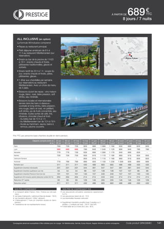 ..................................................................................................................................................................................................................................................................................................
141Code produit marakvil
€
ttc
Compagnies aériennes susceptibles d’être utilisées pour ce voyage : Air Méditerranée, Hermès, Europ Airpost, Aegean Airlines ou autres compagnies. Code produit GRKGSMIC
nos prix comprennent
•	 Le transport aérien France / Kos / France sur vols spé-
ciaux,
•	 Les taxes d’aéroports / carbone et frais de dossier : 130 €,
•	 Les transferts aéroport / hôtel / aéroport,
•	 L’hébergement 7 nuits en chambre double en demi-
pension,
•	 L’assistance de nos représentants locaux.
nos prix ne comprennent pas
•	 Les assurances annulation assistance rapatriement :
3,4 %,
•	 Les assurances retard de vol : 15 €,
•	 Les éventuelles hausses carburant.
•	 Supplément transferts privatifs (maxi 3 adultes ou 2
adultes + 2 enfants par taxi) : 150 € / taxi A/R.
•	 Forfait bébé de 0 à moins de 2 ans : 80 €.
Départs compris entre le
et le
23 avr
29 avr
30 avr
06 mai
07 mai
13 mai
14 mai
10 juin
11 juin
08 juil
09 juil
29 juil
30 juil
19 août
20 août
26 août
27 août
23 sep
24 sep
30 sep
01 oct
07 oct
Paris 769 729 729 829 889 1 089 1 169 939 889 829 829
Lyon 689 689 689 789 849 1 049 1 129 899 849 789 789
Marseille 779 779 739 839 899 1 099 1 179 949 899 839 -
Nantes 759 759 759 859 919 1 119 1 199 969 919 859 859
Clermont-Ferrand - - - 859 919 1 119 1 199 969 919 859 859
Toulouse 779 799 799 899 959 1 159 1 239 1 009 959 899 899
Terrestre seul 311 311 311 430 488 683 683 488 488 430 430
Supplément chambre individuelle 231 231 231 344 391 547 547 391 391 344 344
Supplément chambre supérieure vue mer 54 54 54 99 107 139 139 107 107 99 99
Supplément chambre Premium front de mer 101 101 101 140 157 240 240 157 157 140 140
Supplément All inclusive adulte (réduction enfant 50 %) 204 204 204 214 214 243 243 214 214 214 214
Réduction 3ème
adulte 93 93 93 129 146 205 205 146 146 129 129
Réduction enfant 311 311 311 430 488 683 683 488 488 430 430
Prix TTC par personne base chambre double en demi-pension.
8 jours / 7 nuits
à partir de 689
all inclusive (en option)
La formule All Inclusive comprend
•	Repas au restaurant principal.
•	Petit déjeuner américain de 8 h à
11 h au restaurant Méditerranéen (sur
réservation).
•	Snack au bar de la piscine de 11h20
à 18 h : snacks chauds et froids,
pâtisseries traditionnelles, glaces et
sorbets.
•	Snack tardif de 23 h à 1 h : soupe du
jour, snacks chauds et froids, pâtes,
pâtisseries, glaces.
•	1 dîner aux chandelles par semaine
(sur réservation) au restaurant
Méditerranéen. Avec un choix de menu
de 4 plats.
•	Boissons durant les repas : vins maison
rouge, blanc, rosé, bière pression, soft
drinks, eau minérale.
•	Boissons locales et internationales
servies dans les bars ci-dessous :
cocktails et long drinks, bière pression,
vins rouge, blanc et rosé, vin pétillant,
soft drinks, jus de fruits concentrés, eau
minérale, toutes sortes de café, thé,
infusions, chocolat chaud et froid.
- Au lobby bar de 10 h à 1 h
- Au Méditerranéen bar de 10 h à 19 h
- Accès au hammam, sauna, bains à
remous, piscine couverte.
Kos
Agios Fokas
 