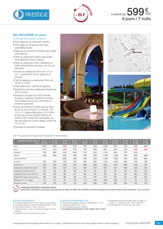 ..................................................................................................................................................................................................................................................................................................
145Compagnies aériennes susceptibles d’être utilisées pour ce voyage : Air Méditerranée, Hermès, Europ Airpost, Aegean Airlines ou autres compagnies.
€
ttcà partir de 599
Prix TTC par personne base chambre double en demi-pension.
Code produit GRKGSKIP
Nos prix comprennent
•	 Le transport aérien France / Kos / France sur vols spéciaux,
•	 Les taxes d’aéroports / carbone et frais de dossier : 130 €,
•	 Les transferts aéroport / hôtel / aéroport,
•	 L’hébergement 7 nuits en chambre double en demi-
pension,
•	 L’assistance de nos représentants locaux.
Nos prix ne comprennent pas
•	 L’assurance annulation assistance rapatriement : 3,4 %,
•	 L’assurance retard de vol : 15 €,
•	 Les éventuelles hausses carburant,
•	 Le supplément All Inclusive : 214€ / adulte, 126 € / enfant.
•	 Supplément transferts privatifs (maxi 3 adultes ou 2
adultes + 2 enfants par taxi) : 150 € / taxi A/R.
•	 Forfait bébé de 0 à moins de 2 ans : 80 €.
all inclusive (en option)
La formule All Inclusive comprend
•	Petit déjeuner au restaurant Ariadni.
•	Petit déjeuner américain avec des
spécialités locales.
•	Déjeuner au restaurant Ariadni avec buffet
international.
•	Dîner au restaurant Ariadni avec buffet
international et show cooking.
•	Dîner au restaurant Triton Asiatique ou
Italien (réservations requises, une fois par
semaine).
•	Snacks au restaurant Triton de 11 h à
12 h : sandwiches froids, gâteaux et
biscuits.
•	Café et gâteaux au restaurant Triton de
16h30 à 17h30.
•	Petit buffet avec café/thé et gâteaux.
•	Snacks de minuit au restaurant Ariadni de
23 h à minuit.
•	Boissons incluses aux repas (servies
au verre) : boissons chaudes et froides,
vins et bière locaux, jus concentrés et
boissons gazeuses.
•	Choix de boissons locales avec et sans
alcool au bar principal « Le Semeli » de
18 h à 1 h (disponible jusqu’à 23 h dans
la formule), au bar-théâtre Artemis de
20h30 à 23 h durant les spectacles, au
bar de la piscine et de la plage ouverts de
10 h à 18 h.
•	Transats et parasols à la plage.
8 jours / 7 nuits
Kos
Psalidi
Départs compris entre le
et le
30 avr
06 mai
07 mai
13 mai
14 mai
03 juin
04 juin
10 juin
11 juin
08 juil
09 juil
29 juil
30 juil
19 août
20 août
26 août
27 août
23 sep
24 sep
30 sep
01 oct
07 oct
Paris 659 659 639 659 769 929 1 009 979 769 639 639
Lyon 619 619 599 619 729 889 969 939 729 599 599
Marseille 709 669 649 669 779 939 1 019 989 779 649 -
Nantes 689 689 669 689 799 959 1 039 1 009 799 669 669
Clermont-Ferrand - - 669 689 799 959 1 039 1 009 799 669 669
Toulouse 729 729 709 729 839 999 1 079 1 049 839 709 709
Terrestre seul 243 243 243 261 369 530 530 530 369 243 243
Supplément chambre individuelle 204 204 204 213 263 423 423 423 263 204 204
Supplément chambre vue mer 39 39 39 38 29 53 53 53 29 39 39
Supplément Suite Junior côté mer 68 68 68 67 58 83 83 83 58 68 68
Supplément Suite Junior vue mer 88 88 88 88 92 107 107 107 92 88 88
Réduction 3ème
/ 4ème
adulte 73 73 73 78 111 159 159 159 111 73 73
Réduction enfant 122 122 122 131 185 265 265 265 185 122 122
*PREMIERS RÉSERVÉS, PREMIERS SERVIS
Jusqu’à 80 € de réduction par adulte. Exemple pour un départ du 09/07/15 au 26/08/15. Nombre de places limité. Autres dates, autres réductions : nous consulter.
RÉSER
VEZTÔT
- 80 €*
RÉSER
VEZTÔT
- 80 €*
 