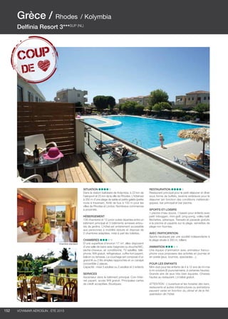 ..................................................................................................................................................
152 Voyamar aérosun . été 2015
..................................................................................................................................................
Situation
Dans la station balnéaire de Kolymbia, à 23 km de
l’aéroport et 25 km de la ville de Rhodes. L’hôtel est
à 350 m d’une plage de sable et petits galets (petite
route à traverser). Arrêt de bus à 150 m pour les
villes de Rhodes et Lindos. Nombreux commerces
à proximité.
Hébergement
138 chambres et 12 junior suites réparties entre un
bâtiment principal et 3 bâtiments annexes entou-
rés de jardins. L’hôtel est entièrement accessible
aux personnes à mobilité réduite et dispose de
2 chambres adaptées, mise à part les toilettes.
Chambres
D’une superficie d’environ 17 m², elles disposent
d’une salle de bains avec baignoire ou douche/WC,
sèche-cheveux, air conditionné, TV satellite, télé-
phone, Wifi gratuit, réfrigérateur, coffre-fort payant,
balcon ou terrasse. Le couchage est composé d’un
grand lit ou 2 lits simples rapprochés et un canapé
convertible 2 places.
Capacité : maxi 3 adultes ou 2 adultes et 2 enfants
Services
Ascenseur dans le bâtiment principal. Coin Inter-
net payant, accès Wifi gratuit. Principales cartes
de crédit acceptées. Boutiques.
Restauration
Restaurant principal pour le petit déjeuner et dîner
sous forme de buffets, taverne extérieure pour le
déjeuner (en fonction des conditions météorolo-
giques), bar principal et bar piscine.
Sports et loisirs
1 piscine d’eau douce, 1 bassin pour enfants avec
petit toboggan, mini-golf, ping-pong, volley-ball,
fléchettes, pétanque. Transats et parasols gratuits
à la piscine et payants sur la plage, serviettes de
plage non fournies.
Avec participation
Sports nautiques par une société indépendante à
la plage située à 350 m, billard.
Animation
Une équipe d’animation avec animateur franco-
phone vous proposera des activités en journée et
en soirée (jeux, tournois, spectacles…).
POUR LES ENFANTS
Mini-club pour les enfants de 4 à 12 ans de mi-mai
à mi-octobre (6 jours/semaine, à certaines heures).
Grande aire de jeux très bien équipée. Chaises
hautes au restaurant. Lit bébé gratuit.
ATTENTION : L’ouverture et les horaires des bars,
restaurants et autres infrastructures ou animations
peuvent varier en fonction du climat et de la fré-
quentation de l’hôtel.
Grèce / Rhodes / Kolymbia
Delfinia Resort 3***sup (NL)
Chambre standard
 