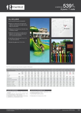 ..................................................................................................................................................................................................................................................................................................
153Code produit marakvil
€
ttc
Compagnies aériennes susceptibles d’être utilisées pour ce voyage : Europ Airpost, Aegean Airlines, Transavia, Travel Sevices, Air Méditerranée, Enter Air
ou autres compagnies.
nos prix comprennent
•	 Le transport aérien France / Rhodes / France sur vols
spéciaux,
•	 Les taxes d’aéroports / carbone et frais de dossier : 130 €,
•	 Les transferts aéroport / hôtel / aéroport,
•	 L’hébergement 7 nuits en chambre double en All Inclusive,
•	 L’assistance de nos représentants locaux.
nos prix ne comprennent pas
•	 L’assurance annulation, assistance, rapatriement : 3,4 %,
•	 L’assurance retard de vol : 15 €,
•	 Les éventuelles hausses carburant.
•	 Forfait bébé de 0 à moins de 2 ans : 80 €.
à partir de 539
Départs compris entre le
et le
09 avr
15 avr
16 avr
22 avr
23 avr
29 avr
30 avr
06 mai
07 mai
13 mai
14 mai
27 mai
28 mai
24 juin
25 juin
22 juil
23 juil
29 juil
30 juil
12 août
13 août
19 août
20 août
26 août
27 août
09 sep
10 sep
23 sep
24 sep
30 sep
01 oct
07 oct
08 oct
14 oct
15 oct
28 oct
Paris - 629 629 589 639 619 699 779 829 909 859 829 779 699 589 589 569 629
Lyon 559 599 559 559 609 589 669 749 799 879 829 799 749 669 559 559 539 599
Marseille - - 599 599 609 589 669 749 799 879 829 799 749 669 559 - - -
Nantes 599 639 599 599 649 629 709 789 839 919 869 839 789 709 599 599 579 639
Terrestre seul 107 136 136 136 185 185 267 350 399 399 350 350 350 267 165 165 136 136
Supplément chb individuelle 97 68 68 68 78 78 122 165 185 185 165 165 165 122 88 88 68 68
Réduction 3ème
adulte 32 41 41 41 55 55 80 105 120 120 105 105 105 80 50 50 41 41
Réduction 1er
enfant 107 136 136 136 185 185 267 350 399 399 350 350 350 267 165 165 136 136
Réduction 2ème
enfant 53 68 68 68 92 92 134 175 199 199 175 175 175 134 83 83 68 68
Supplément Junior Suite 44 44 44 44 44 44 44 88 88 88 88 88 88 44 44 44 73 73
Prix TTC par personne base chambre double en All Inclusive.
Code produit GRRHODEL
all inclusive
La formule All Inclusive comprend
•	Repas au restaurant principal avec
sélection de boissons locales alcooli-
sées et soft drinks.
•	Déjeuner à la Taverne en fonction des
conditions météo.
•	Sélection de boissons locales alcoo-
lisées et non alcoolisées de 10 h à
23 h au bar de la piscine.
•	Café filtre et biscuits de 10 h à 17 h
au bar de la piscine.
•	Boules de glace de 12 h à 16 h.
8 jours / 7 nuits
Rhodes
Kolymbia
 