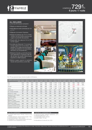 ..................................................................................................................................................................................................................................................................................................
155Code produit marakvil
€
ttc
Compagnies aériennes susceptibles d’être utilisées pour ce voyage : Europ Airpost, Aegean Airlines, Transavia, Travel Sevices, Air Méditerranée, Enter Air
ou autres compagnies.
nos prix comprennent
•	 Le transport aérien France / Rhodes / France sur vols
spéciaux,
•	 Les taxes d’aéroports / carbone et frais de dossier : 130 €,
•	 Les transferts aéroport / hôtel / aéroport,
•	 L’hébergement 7 nuits en chambre double en All Inclusive,
•	 L’assistance de nos représentants locaux.
nos prix ne comprennent pas
•	 L’assurance annulation, assistance, rapatriement : 3,4 %,
•	 L’assurance retard de vol : 15 €,
•	 Les éventuelles hausses carburant,
•	 Location lit bébé : 4 € / jour.
•	 Forfait bébé de 0 à moins de 2 ans : 80 €.
8 jours / 7 nuits
à partir de 729
Départs compris entre le
et le
23 avr
29 avr
30 avr
06 mai
07 mai
13 mai
14 mai
20 mai
21 mai
03 juin
04 juin
24 juin
25 juin
29 juil
30 juil
19 août
20 août
26 août
27 août
09 sep
10 sep
23 sep
24 sep
30 sep
01 oct
14 oct
15 oct
21 oct
Paris 819 779 879 859 919 989 1 099 1 179 1 149 989 889 759 759 819
Lyon 749 749 849 829 889 959 1 069 1 149 1 119 959 859 729 729 789
Marseille 789 789 849 829 889 959 1 069 1 149 1 119 959 859 729 - -
Nantes 789 789 889 869 929 999 1 109 1 189 1 159 999 899 769 769 829
Terrestre seul 326 326 433 433 491 554 671 671 671 554 457 326 326 326
Sup. chambre individuelle 97 97 146 146 204 194 301 301 301 194 199 97 97 97
Réduction 3ème
adulte 98 98 130 130 147 166 201 201 201 166 137 98 98 98
Réduction 3ème
et 4ème
adultes
en chambre famille
121 121 153 153 171 201 236 236 236 201 166 121 121 121
Réduction 1er
enfant
de 2 à - 14 ans
326 326 433 433 491 554 671 671 671 554 457 326 326 326
Réduction 1er
enfant
de 2 à - 14 ans en chb famille
403 403 510 510 569 671 788 788 788 671 554 403 403 403
Réduction 2ème
enfant
de 2 à - 14 ans en chb famille
202 202 255 255 284 335 394 394 394 335 277 202 202 202
Supplément chambre vue mer 49 49 58 58 58 58 78 78 78 58 58 49 49 49
Supplément chambre famille 78 78 78 78 78 117 117 117 117 117 97 78 78 78
Prix TTC par personne base chambre double en All Inclusive.
Code produit GRRHOESP
all inclusive
La formule All Inclusive comprend
•	Repas au restaurant principal.
•	Petit déjeuner tardif continental de 10 h
à 11 h.
•	Déjeuner à la taverne Tropicana.
•	Snacks et boissons de 10 h à 12h30,
14h30 à 18 h et 21h30 à minuit au bar
Lagoon à proximité des piscines.
•	Pause-café, thé, cake de 16 h à 18 h
au bar Lagoon.
•	Au lobby bar Diana de 17 h à minuit et
au bar Lagoon de 10 h à minuit : dé-
gustation d’un large choix de boissons
locales alcoolisées et non alcoolisées,
soft drink, jus concentrés etc…
•	Boissons chaudes, jus de fruits et bois-
sons gazeuses au Tropicana Café dé-
dié aux jeux de société, électroniques
(payants) ou billard (payant).
•	Barbe à papa, popcorn à certaines
heures de la journée au Junior Bar.
Rhodes
Faliraki
 