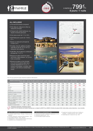 ..................................................................................................................................................................................................................................................................................................
157Code produit marakvil
€
ttc
Compagnies aériennes susceptibles d’être utilisées pour ce voyage : Europ Airpost, Aegean Airlines, Transavia, Travel Sevices, Air Méditerranée, Enter Air
ou autres compagnies. Code produit GRRHOLYD
nos prix comprennent
•	 Le transport aérien France / Rhodes / France sur vols
spéciaux,
•	 Les taxes d’aéroports / carbone et frais de dossier : 130 €,
•	 Les transferts aéroport / hôtel / aéroport,
•	 L’hébergement 7 nuits en chambre double en All Inclusive,
•	 L’assistance de nos représentants locaux.
nos prix ne comprennent pas
•	 L’assurance annulation, assistance, rapatriement : 3,4 %,
•	 L’assurance retard de vol : 15 €,
•	 Les éventuelles hausses carburant.
•	 Supplément transferts privatifs (maxi 3 adultes ou
2 adultes + 2 enfants par taxi) : 80 € / taxi A/R.
•	 Forfait bébé de 0 à moins de 2 ans : 80 €.
Départs compris entre le
et le
23 avr
29 avr
30 avr
06 mai
07 mai
13 mai
14 mai
20 mai
21 mai
10 juin
11 juin
08 juil
09 juil
29 juil
30 juil
19 août
20 août
26 août
27 août
02 sep
03 sep
16 sep
17 sep
23 sep
24 sept
30 sept
01 oct
14 oct
15 oct
21 oct
Paris 879 839 869 849 949 1 059 1 189 1 269 1 239 1 099 1 059 949 829 829 879
Lyon 809 809 839 819 919 1 029 1 159 1 239 1 209 1 069 1 029 919 799 799 849
Marseille 849 849 839 819 919 1 029 1 159 1 239 1 209 1 069 1 029 919 799 - -
Nantes 849 849 879 859 959 1 069 1 199 1 279 1 249 1 109 1 069 959 839 839 849
Terrestre seul 384 384 413 413 520 627 758 758 758 665 627 520 413 413 384
Supplément chambre individuelle 107 107 122 122 209 292 331 331 331 303 292 209 122 122 107
Réduction 3ème
adulte 115 115 124 124 156 188 228 228 228 199 188 156 124 124 115
Réduc. 4ème
adulte en chb famille 173 173 193 193 247 288 334 334 334 301 288 247 193 193 173
Réduc. 1er
enfant de 2 à - 13 ans 384 384 413 413 520 627 758 758 758 665 627 520 413 413 384
Réduc. 2ème
enfant de 2 à - 6 ans
en chambre famille
433 433 481 481 617 719 836 836 836 753 719 617 481 481 433
Réduc. 2ème
enfant de 6 à - 13 ans
en chambre famille
216 216 241 241 309 360 418 418 418 376 360 309 241 241 216
Supplément chambre famille 49 49 68 68 97 92 78 78 78 88 92 97 68 68 49
*PREMIERS RÉSERVÉS, PREMIERS SERVIS
Jusqu’à 110 € de réduction par adulte. Exemple pour un départ du 09/07/15 au 26/08/15. Nombre de places limité. Autres dates, autres réductions : nous consulter.
Prix TTC par personne base chambre double en All Inclusive.
all inclusive
La formule All Inclusive comprend
•	Petit déjeuner, déjeuner et dîner au
restaurant principal.
•	Chaque lundi, soirée barbecue, mu-
siques et danses grecques.
•	Coin pizza ouvert de 11 h à 19 h.
•	Grill Restaurant ouvert de 11h30 à
21 h.
•	Snack au restaurant principal de
21h30 à 24 h.
•	Cookies, biscuits, gâteaux et glace,
café filtre et thé de 16 h à 18 h au
restaurant de la piscine. 
•	Café filtre, thé et glaces au restaurant
principal de 7 h à 1 h.
•	Boissons locales durant les repas :
soft drinks, bière pression, vin, jus de
fruits concentrés.
•	Boissons locales au bar principal
et au bar de la piscine selon leurs
horaires respectifs de 10 h à 1 h :
boissons alcoolisées, cocktails, bière
pression, soft drinks et rafraîchisse-
ments.
8 jours / 7 nuits
à partir de 799
Rhodes
Kolymbia
- 110 €*
RÉSER
VEZTÔT
- 110 €*
 