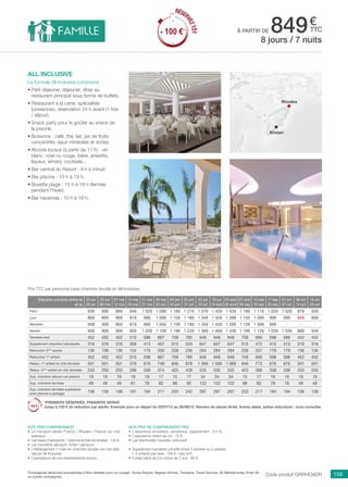 ..................................................................................................................................................................................................................................................................................................
159Compagnies aériennes susceptibles d’être utilisées pour ce voyage : Europ Airpost, Aegean Airlines, Transavia, Travel Sevices, Air Méditerranée, Enter Air
ou autres compagnies.
€
ttc
Nos prix comprennent
•	 Le transport aérien France / Rhodes / France sur vols
spéciaux,
•	 Les taxes d’aéroports / carbone et frais de dossier : 130 €,
•	 Les transferts aéroport /hôtel / aéroport,
•	 L’hébergement 7 nuits en chambre double vue mer laté-
rale en All Inclusive,
•	 L’assistance de nos représentants locaux.
Nos prix ne comprennent pas
•	 L’assurance annulation, assistance, rapatriement : 3,4 %,
•	 L’assurance retard de vol : 15 €,
•	 Les éventuelles hausses carburant.
•	 Supplément transferts privatifs (maxi 3 adultes ou 2 adultes
+ 2 enfants par taxi) : 195 € / taxi A/R.
•	 Forfait bébé de 0 à moins de 2 ans : 80 €.
à partir de 849
Départs compris entre le
et le
23 avr
29 avr
30 avr
06 mai
07 mai
13 mai
14 mai
20 mai
21 mai
27 mai
28 mai
03 juin
04 juin
24 juin
25 juin
01 juil
02 juil
29 juil
30 juil
19 août
20 août
26 août
27 août
09 sep
10 sep
16 sep
17 sep
30 sep
01 oct
07 oct
08 oct
14 oct
15 oct
28 oct
Paris 939 899 899 949 1 029 1 099 1 189 1 219 1 379 1 459 1 429 1 189 1 119 1 029 1 029 879 939
Lyon 869 869 869 919 999 1 069 1 159 1 189 1 349 1 429 1 399 1 159 1 089 999 999 849 909
Marseille 909 909 869 919 999 1 069 1 159 1 189 1 349 1 429 1 399 1 159 1 089 999 - - -
Nantes 909 909 909 959 1 039 1 109 1 199 1 229 1 389 1 469 1 439 1 199 1 129 1 039 1 039 889 949
Terrestre seul 452 452 452 515 598 667 758 785 948 948 948 758 690 598 598 452 452
Supplément chambre individuelle 316 316 316 358 413 457 515 534 647 647 647 515 472 413 413 316 316
Réduction 3ème
adulte 136 136 136 154 179 200 228 236 284 284 284 228 207 179 179 136 136
Réduction 1er
enfant 452 452 452 515 598 667 758 785 948 948 948 758 690 598 598 452 452
Réduc. 1er
enfant en chb familiale 501 501 501 576 676 749 846 878 1 069 1 069 1 069 846 773 676 676 501 501
Réduc. 2ème
enfant en chb familiale 250 250 250 288 338 374 423 439 535 535 535 423 386 338 338 250 250
Sup. chambre deluxe vue piscine 19 19 19 19 19 17 15 17 34 34 34 15 17 19 19 19 19
Sup. chambre familiale 49 49 49 61 78 82 88 92 122 122 122 88 83 78 78 49 49
Sup. chambre familiale supérieure
avec piscine à partager
136 136 136 161 194 211 233 242 297 297 297 233 217 194 194 136 136
*PREMIERS RÉSERVÉS, PREMIERS SERVIS
Jusqu’à 100 € de réduction par adulte. Exemple pour un départ du 02/07/15 au 26/08/15. Nombre de places limité. Autres dates, autres réductions : nous consulter.
Prix TTC par personne base chambre double en All Inclusive.
Code produit GRRHOADR
all inclusive
La formule All Inclusive comprend
•	Petit déjeuner, déjeuner, dîner au
restaurant principal sous forme de buffets.
•	Restaurant à la carte, spécialités
tunisiennes, réservation 24 h avant (1 fois
/ séjour).
•	Snack party pour le goûter au snack de
la piscine.
•	Boissons : café, thé, lait, jus de fruits
concentrés, eaux minérales et sodas.
•	Alcools locaux (à partir de 11 h) : vin
blanc, rosé ou rouge, bière, anisette,
liqueur, whisky, cocktails...
•	Bar central du Resort : 9 h à minuit.
•	Bar piscine : 10 h à 19 h.
•	Buvette plage : 10 h à 18 h (fermée
pendant l’hiver).
•	Bar hacienda : 10 h à 18 h.
8 jours / 7 nuits
Rhodes
Kiotari
RÉSER
VEZTÔT
- 100 €*
RÉSER
VEZTÔT
- 100 €*
 