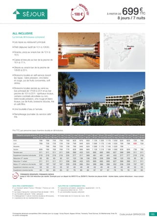 ..................................................................................................................................................................................................................................................................................................
165Compagnies aériennes susceptibles d’être utilisées pour ce voyage : Europ Airpost, Aegean Airlines, Transavia, Travel Sevices, Air Méditerranée, Enter Air
ou autres compagnies.
€
ttcà partir de 699
Nos prix comprennent
•	 Le transport aérien France / Rhodes / France sur vols
spéciaux,
•	 Les taxes d’aéroports / carbone et frais de dossier : 130 €,
•	 Les transferts aéroport / hôtel / aéroport,
•	 L’hébergement 7 nuits en chambre double en All Inclusive,
•	 L’assistance de nos représentants locaux.
Nos prix ne comprennent pas
•	 L’assurance annulation, assistance, rapatriement : 3,4 %,
•	 L’assurance retard de vol : 15 €,
•	 Les éventuelles hausses carburant.
•	 Forfait bébé de 0 à moins de 2 ans : 80 €.
Départs compris entre le
et le
16 avr
22 avr
23 avr
29 avr
30 avr
06 mai
07 mai
13 mai
14 mai
20 mai
21 mai
03 juin
04 juin
10 juin
11 juin
08 juil
09 juil
29 juil
30 juil.
19 août
20 août
26 août
27 août
23 sep
24 sep
30 sep
01 oct
07 oct
08 oct
14 oct
15 oct
28 oct
Paris 799 799 759 759 769 829 879 959 1 129 1 209 1 179 1 059 829 829 729 789
Lyon 769 729 729 729 739 799 849 929 1 099 1 179 1 149 1 029 799 799 699 759
Marseille - 769 769 729 739 799 849 929 1 099 1 179 1 149 1 029 799 - - -
Nantes 809 769 769 769 779 839 889 969 1 139 1 219 1 189 1 069 839 839 739 799
Terrestre seul 311 311 311 311 336 399 453 525 695 695 695 627 399 399 311 311
Supplément chambre individuelle 219 219 219 219 235 277 317 369 481 481 481 433 277 277 219 219
Réduction 3ème
adulte 93 93 93 93 101 120 136 158 209 209 209 188 120 120 93 93
Réduction 1er
enfant 311 311 311 311 336 399 453 525 695 695 695 627 399 399 311 311
Réduc. 2ème
enfant en chb famille 197 197 197 197 209 238 266 304 396 396 396 352 238 238 197 197
Supplément chambre vue mer 53 53 53 53 52 49 49 49 49 49 49 49 49 49 53 53
Supplément chambre famille 83 83 83 83 81 78 80 83 97 97 97 78 78 78 83 83
*PREMIERS RÉSERVÉS, PREMIERS SERVIS
Jusqu’à 100 € de réduction par adulte. Exemple pour un départ du 09/07/15 au 26/08/15. Nombre de places limité - Autres dates, autres réductions : nous consul-
ter.
Prix TTC par personne base chambre double en All Inclusive.
Code produit GRRHOCOS
all inclusive
La formule All Inclusive comprend
•	Les repas au restaurant principal.
•	Petit déjeuner tardif de 10 h à 10h30.
•	Snacks, pizza au snack-bar de 12 h à
16 h.
•	Cakes et biscuits au bar de la piscine de
16 h à 17 h.
•	Glaces au snack-bar de la piscine de
10h30 à 23 h.
•	Boissons locales en self-service durant
les repas : bière pression, vins blanc
et rouge, jus de fruits concentrés, soft
drinks.
•	Boissons locales servies au verre au
bar principal de 17h30 à 23 h et au bar
piscine de 10 h à 23 h : spiritueux locaux,
certains cocktails alcoolisés ou non,
bière locale pression, vins rouge et blanc
locaux, jus de fruits, boissons douces, thé
et café filtre.
•	Une bouteille d’eau à l’arrivée.
•	Remplissage journalier du service café/
thé.
8 jours / 7 nuits
Rhodes
Ixia
RÉSER
VEZTÔT
- 100 €*
RÉSER
VEZTÔT
- 100 €*
 