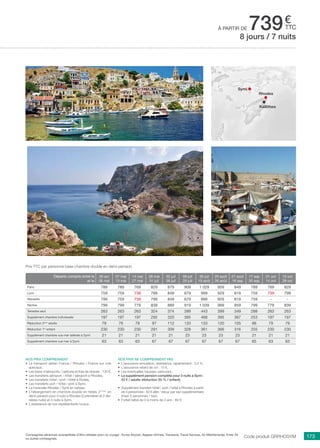 ..................................................................................................................................................................................................................................................................................................
173Compagnies aériennes susceptibles d’être utilisées pour ce voyage : Europ Airpost, Aegean Airlines, Transavia, Travel Sevices, Air Méditerranée, Enter Air
ou autres compagnies.
€
ttcà partir de 739
Nos prix comprennent
•	 Le transport aérien France / Rhodes / France sur vols
spéciaux,
•	 Les taxes d’aéroports / carbone et frais de dossier : 130 €,
•	 Les transferts aéroport / hôtel / aéroport à Rhodes,
•	 Les transferts hôtel / port / hôtel à Rodes,
•	 Les transferts port / hôtel / port à Symi,
•	 La traversée Rhodes / Symi en bateau,
•	 L’hébergement en chambre double en hôtels 3***NL
en
demi-pension pour 4 nuits à Rhodes (2 premières et 2 der-
nières nuits) et 3 nuits à Symi,
•	 L’assistance de nos représentants locaux.
Nos prix ne comprennent pas
•	 L’assurance annulation, assistance, rapatriement : 3,4 %,
•	 L’assurance retard de vol : 15 €,
•	 Les éventuelles hausses carburant,
•	 Le supplément pension complète pour 3 nuits à Symi :
42 € / adulte (réduction 50 % / enfant).
•	 Supplément transfert hôtel / port / hôtel à Rhodes à partir
de 4 personnes : 50 € aller / retour par taxi supplémentaire
(maxi 3 personnes / taxi).
•	 Forfait bébé de 0 à moins de 2 ans : 80 €.
Prix TTC par personne base chambre double en demi-pension.
Code produit GRRHOSYM
8 jours / 7 nuits
Rhodes
Symi
Kallithea
Départs compris entre le
et le
30 avr
06 mai
07 mai
13 mai
14 mai
27 mai
28 mai
01 juil
02 juil
08 juil
09 juil
29 juil
30 juil
19 août
20 août
26 août
27 août
16 sep
17 sep
30 sep
01 oct
14 oct
15 oct
28 oct
Paris 789 789 769 829 879 909 1 029 959 849 789 769 829
Lyon 759 759 739 799 849 879 999 929 819 759 739 799
Marseille 799 759 739 799 849 879 999 929 819 759 - -
Nantes 799 799 779 839 889 919 1 039 969 859 799 779 839
Terrestre seul 263 263 263 324 374 399 443 399 349 288 263 263
Supplément chambre individuelle 197 197 197 292 320 395 468 395 367 253 197 197
Réduction 3ème
adulte 79 79 79 97 112 120 133 120 105 86 79 79
Réduction 1er
enfant 230 230 230 291 309 328 361 366 316 255 230 230
Supplément chambre vue mer latérale à Symi 21 21 21 21 21 23 23 23 23 21 21 21
Supplément chambre vue mer à Symi 63 63 63 67 67 67 67 67 67 65 63 63
 