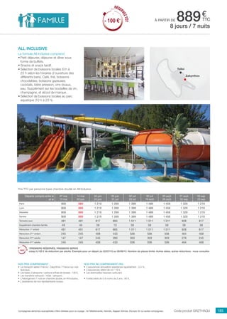 ..................................................................................................................................................................................................................................................................................................
185Compagnies aériennes susceptibles d’être utilisées pour ce voyage : Air Méditerranée, Hermès, Aegean Airlines, Olympic Air ou autres compagnies.
€
ttcà partir de 889
Code produit grzthaqu
Nos prix comprennent
•	 Le transport aérien France / Zakynthos / France sur vols
spéciaux,
•	 Les taxes d’aéroports / carbone et frais de dossier : 130 €,
•	 Les transferts aéroport / hôtel / aéroport,
•	 L’hébergement 7 nuits en chambre double, en All Inclusive,
•	 L’assistance de nos représentants locaux.
Nos prix ne comprennent pas
•	 L’assurances annulation assistance rapatriement : 3,4 %,
•	 L’assurances retard de vol : 15 €,
•	 Les éventuelles hausses carburant.
•	 Forfait bébé de 0 à moins de 2 ans : 80 €.
Prix TTC par personne base chambre double en All Inclusive.
all inclusive
La formule All Inclusive comprend
•	Petit déjeuner, déjeuner et dîner sous
forme de buffets.
•	Snacks et snack tardif.
•	Sélection de boissons locales (9 h à
23 h selon les horaires d’ouverture des
différents bars). Café, thé, boissons
chocolatées, boissons gazeuses,
cocktails, bière pression, vins locaux,
eau. Supplément sur les bouteilles de vin,
champagne, et alcool de marque.
•	Sélection de boissons locales au parc
aquatique (10 h à 23 h).
8 jours / 7 nuits
Zakynthos
Tsilivi
Départs compris entre le
et le
07 mai
13 mai
14 mai
03 juin
04 juin
24 juin
25 juin
01 juil
02 juil
29 juil
30 juil
19 août
20 août
26 août
27 août
02 sep
03 sep
23 sep
Paris 909 889 1 219 1 269 1 399 1 489 1 459 1 329 1 219
Lyon 909 889 1 219 1 269 1 399 1 489 1 459 1 329 1 219
Marseille 909 889 1 219 1 269 1 399 1 489 1 459 1 329 1 219
Nantes 909 889 1 219 1 269 1 399 1 489 1 459 1 329 1 219
Terrestre seul 491 491 817 865 1 011 1 011 1 011 928 817
Supplément chambre famille 49 49 58 10 58 58 58 58 58
Réduction 1er
enfant 491 491 817 865 1 011 1 011 1 011 928 817
Réduction 2ème
enfant 245 245 408 433 506 506 506 464 408
Réduction 3ème
adulte 147 147 245 260 303 303 303 279 245
Réduction 4ème
adulte 245 245 408 433 506 506 506 464 408
*PREMIERS RÉSERVÉS, PREMIERS SERVIS
Jusqu’à 100 € de réduction par adulte. Exemple pour un départ du 02/07/15 au 26/08/15. Nombre de places limité. Autres dates, autres réductions : nous consulter.
RÉSER
VEZTÔT
- 100 €*
RÉSER
VEZTÔT
- 100 €*
 