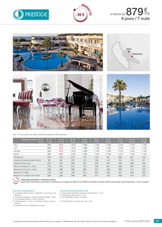 ..................................................................................................................................................................................................................................................................................................
197Compagnies aériennes susceptibles d’être utilisées pour ce voyage : Air Méditerranée, Hermès, Aegean Airlines, Olympic Air ou autres compagnies.
€
ttcPRESTIGE à partir de 879
Code produit GRZTHLES
Prix TTC par personne base chambre double en demi-pension.
Nos prix comprennent
•	 Le transport aérien France / Zakynthos / France sur vols
spéciaux,
•	 Les taxes d’aéroports / carbone et frais de dossier : 130 €,
•	 Les transferts aéroport / hôtel / aéroport,
•	 L’hébergement 7 nuits en chambre double, en demi-
pension,
•	 L’assistance de nos représentants locaux.
Nos prix ne comprennent pas
•	 L’assurances annulation assistance rapatriement : 3,4 %,
•	 L’assurances retard de vol : 15 €,
•	 Les éventuelles hausses carburant.
•	 Forfait bébé de 0 à moins de 2 ans : 80 €.
8 jours / 7 nuits
Zakynthos
Tsilivi
Départs compris entre le
et le
07 mai
13 mai
14 mai
27 mai
28 mai
03 juin
04 juin
24 juin
25 juin
01 juil
02 juil
29 juil
30 juil
19 août
20 août
26 août
27 août
23 sep
Paris 899 879 1 019 1 099 1 149 1 239 1 419 1 279 1 139
Lyon 899 879 1 019 1 099 1 149 1 239 1 419 1 279 1 139
Marseille 899 879 1 019 1 099 1 149 1 239 1 419 1 279 1 139
Nantes 899 879 1 019 1 099 1 149 1 239 1 419 1 279 1 139
Terrestre seul 476 476 613 710 749 841 938 827 744
Supplément chambre Double Premium 68 68 107 131 136 151 151 121 97
Supplément Suite Junior 272 272 306 331 379 501 549 490 442
Réduction enfant de 2 à - 6 ans 476 476 613 710 749 841 938 827 744
Réduction enfant de 6 à -12 ans 238 238 306 355 374 420 469 414 372
Réduction 3ème
adulte 143 143 184 213 225 252 281 248 223
Réduction 4ème
adulte en Junior Suite 238 238 306 355 374 420 469 414 372
*PREMIERS RÉSERVÉS, PREMIERS SERVIS
Jusqu’à 90 € de réduction par adulte. Exemple pour un départ du 30/07/15 au 19/08/15. Nombre de places limité. Autres dates, autres réductions : nous consulter.
RÉSER
VEZTÔT
- 90 €*
RÉSER
VEZTÔT
- 90 €*
 