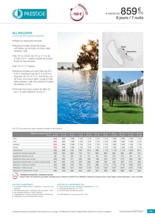 ..................................................................................................................................................................................................................................................................................................
199Compagnies aériennes susceptibles d’être utilisées pour ce voyage : Air Méditerranée, Hermès, Aegean Airlines, Olympic Air ou autres compagnies.
€
ttcPRESTIGE à partir de 859
Code produit GRZTHELE
Nos prix ne comprennent pas
•	 L’assurances annulation assistance rapatriement : 3,4 %,
•	 L’assurances retard de vol : 15 €,
•	 Les éventuelles hausses carburant.
•	 Forfait bébé de 0 à moins de 2 ans : 80 €.
Nos prix comprennent
•	 Le transport aérien France / Zakynthos / France sur vols
spéciaux,
•	 Les taxes d’aéroports / carbone et frais de dossier : 130 €,
•	 Les transferts aéroport / hôtel / aéroport,
•	 L’hébergement 7 nuits en chambre double, en All Inclusive,
•	 L’assistance de nos représentants locaux.
Prix TTC par personne base chambre double en All Inclusive.
all inclusive
La formule All Inclusive comprend
•	Repas au restaurant principal.
•	Boissons locales durant les repas :
soft drinks, jus de fruits, vin local, bière
pression, café.
•	De 10 h à 12h30, de 15 h à 17 h et de
21h30 à 23 h : snacks (variété de snacks
froids) au bar principal.
•	De 10 h à 17 h glaces.
•	Boissons locales aux bars Olivia de 20 h
à 23 h, Panorama bar de 17 h à 23 h et
Aqua bar de 10 h à 17 h : soft drinks, jus
de fruits, vins locaux blanc, rouge et rosé,
bière pression, café, thé, boissons locales
alcoolisées ou non.
•	Formule tout inclus à partir du dîner du
jour 1 au petit déjeuner du jour 8.
8 jours / 7 nuits
Zakynthos
Tsilivi
Départs compris entre le
et le
14 mai
20 mai
21 mai
27 mai
28 mai
10 juin
11 juin
17 juin
18 juin
24 juin
25 juin
01 juil
02 juil
29 juil
30 juil
19 août
20 août
26 août
27 août
02 sep
03 sep
23 sep
Paris 859 999 1 099 1 159 1 319 1 379 1 519 1 599 1 569 1 439 1 319
Lyon 859 999 1 099 1 159 1 319 1 379 1 519 1 599 1 569 1 439 1 319
Marseille 859 999 1 099 1 159 1 319 1 379 1 519 1 599 1 569 1 439 1 319
Nantes 859 999 1 099 1 159 1 319 1 379 1 519 1 599 1 569 1 439 1 319
Terrestre seul 462 598 700 763 919 982 1 118 1 118 1 118 1 035 919
Supplément chambre individuelle 369 564 564 744 744 894 894 894 894 894 744
Supplément chambre vue mer 58 78 88 78 53 63 107 107 107 83 53
Supplément Suite Junior Vue Mer 258 292 311 282 199 199 219 219 219 209 199
Supplément Suite Familiale vue Jardin et piscine privée 297 365 418 403 306 306 326 326 326 316 306
Réduction 1er
enfant en chambre 462 598 700 763 919 982 1118 1118 1118 1035 919
Réduction 1er
enfant en suite 719 890 1011 1045 1118 1181 1337 1337 1337 1244 1118
Réduction 2ème
enfant de 2 à -14 ans 360 445 506 523 559 591 668 668 668 622 559
*PREMIERS RÉSERVÉS, PREMIERS SERVIS
Jusqu’à 160 € de réduction par adulte. Exemple pour un départ du 30/07/15 au 26/08/15. Nombre de places limité. Autres dates, autres réductions : nous consulter.
RÉSER
VEZTÔT
- 160 €*
RÉSER
VEZTÔT
- 160 €*
 