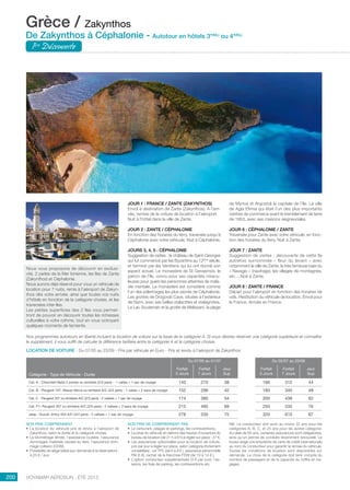 ..................................................................................................................................................
200 Voyamar aérosun . été 2015
..................................................................................................................................................
Nous vous proposons de découvrir en exclusi-
vité, 2 perles de la Mer Ionienne, les îles de Zante
(Zakynthos) et Céphalonie.
Nous aurons déjà réservé pour vous un véhicule de
location pour 7 nuits, remis à l’aéroport de Zakyn-
thos dès votre arrivée, ainsi que toutes vos nuits
d’hôtels en fonction de la catégorie choisie, et les
traversées inter-îles.
Les petites superficies des 2 îles vous permet-
tront de pouvoir en découvrir toutes les richesses
culturelles à votre rythme, tout en vous octroyant
quelques moments de farniente.
JOUR 1 : FRANCE / ZANTE (ZAKYNTHOS)
Envol à destination de Zante (Zakynthos). à l’arri-
vée, remise de la voiture de location à l’aéroport.
Nuit à l’hôtel dans la ville de Zante.
JOUR 2 : ZANTE / CéPHALONIE
En fonction des horaires du ferry, traversée jusqu’à
Céphalonie avec votre véhicule. Nuit à Céphalonie.
JOURS 3, 4, 5 : CéPHALONIE
Suggestion de visites : le château de Saint-Georges
qui fut commencé par les Byzantins au 12ème
siècle,
et terminé par les Vénitiens qui lui ont donné son
aspect actuel. Le monastère de St Gerasimos, le
patron de l’île, connu pour ses capacités miracu-
leuses pour guérir les personnes atteintes de mala-
die mentale. Le monastère est considéré comme
l’un des pèlerinages les plus sacrés de Céphalonie.
Les grottes de Drogorati Cave, situées à l’extérieur
de Sami, avec ses belles stalactites et stalagmites.
Le Lac Souterrain et la grotte de Melissani, la plage
de Myrtos et Argostoli la capitale de l’île. La ville
de Agia Efimia qui était l’un des plus importants
centres de commerce avant le tremblement de terre
de 1953, avec ses maisons seigneuriales.
JOUR 6 : CéPHALONIE / ZANTE
Traversée pour Zante avec votre véhicule, en fonc-
tion des horaires du ferry. Nuit à Zante.
JOUR 7 : ZANTE
Suggestion de visites : découverte de cette île
autrefois surnommée « fleur du levant » avec
notamment la ville de Zante, la très fameuse baie du
« Navagio » (naufrage), les villages de montagnes,
etc….Nuit à Zante.
JOUR 8 : ZANTE / FRANCE
Départ pour l’aéroport en fonction des horaires de
vols. Restitution du véhicule de location. Envol pour
la France. Arrivée en France.
Grèce / Zakynthos
De Zakynthos à Céphalonie - Autotour en hôtels 3*(NL)
ou 4*(NL)
1ère
Découverte
Nos programmes autotours en liberté incluent la location de voiture sur la base de la catégorie A. Si vous désirez réserver une catégorie supérieure et connaître
le supplément, il vous suffit de calculer la différence tarifaire entre la catégorie A et la catégorie choisie.
LOCATION DE VOITURE - Du 07/05 au 23/09 - Prix par véhicule en Euro - Pris et rendu à l’aéroport de Zakynthos
Catégorie - Type de Véhicule - Durée
Du 07/05 au 01/07 Du 02/07 au 23/09
Forfait
3 Jours
Forfait
7 Jours
Jour
Sup
Forfait
3 Jours
Forfait
7 Jours
Jour
Sup
Cat. A - Chevrolet Matiz 2 portes ou similaire (2/3 pers) - 1 valise + 1 sac de voyage 140 270 38 166 312 44
Cat. B - Peugeot 107, Nissan Micra ou similaire A/C (3/4 pers) - 1 valise + 2 sacs de voyage 152 298 42 180 340 48
Cat. C - Peugeot 207 ou similaire A/C (2/3 pers) - 2 valises + 1 sac de voyage 174 380 54 200 438 62
Cat. F1- Peugeot 307 ou similaire A/C (3/4 pers) - 2 valises + 2 sacs de voyage 215 485 69 250 535 76
Jeep - Suzuki Jimny 4X4 A/C (3/4 pers) - 2 valises + 1 sac de voyage 278 530 75 320 610 87
nos prix comprennent
•	 La location du véhicule pris et rendu à l’aéroport de
Zakynthos, selon la durée et la catégorie choisie,
•	 Le kilométrage illimité, l’assistance routière, l’assurance
dommages matériels causés au tiers, l’assurance dom-
mage collision (CDW),
•	 Possibilité de siège bébé (sur demande à la réservation) :
4,25 € / jour.
nos prix ne comprennent pas
•	 Le carburant, péages et parkings, les contraventions,
•	 La prise du véhicule en dehors des heures d’ouverture du
bureau de location (de 21 h à 8 h) à régler sur place : 27 €,
•	 Les assurances optionnelles pour la location de voiture,
prix par jour à régler sur place, selon catégorie (fortement
conseillées) : vol TPC (de 6 à 8 € ), assurance personnelle
PAI (5 €), rachat de la franchise FDW (de 10 à 14 € ),
•	 L’option conducteur supplémentaire (3 € par jour), l’es-
sence, les frais de parking, les contraventions etc.
NB. Le conducteur doit avoir au moins 22 ans pour les
catégories A, B, C, et 25 ans pour les autres catégorie.
Au-delà de 65 ans, certaines assurances sont obligatoires,
ainsi qu’un permis de conduire récemment renouvelé. Le
loueur exige une empreinte de carte de crédit internationale
au nom du conducteur pour garantir la remise du véhicule.
Toutes les conditions de location sont disponibles sur
demande. Le choix de la catégorie doit tenir compte du
nombre de passagers et de la capacité du coffre en ba-
gages.
 