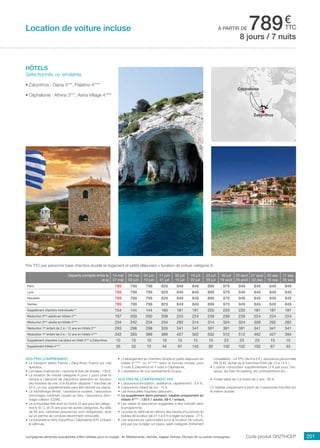 ..................................................................................................................................................................................................................................................................................................
201Compagnies aériennes susceptibles d’être utilisées pour ce voyage : Air Méditerranée, Hermès, Aegean Airlines, Olympic Air ou autres compagnies.
€
ttcà partir de 789
hôtels
Sélectionnés ou similaires
•	Zakynthos : Diana 3***, Palatino 4****
•	Céphalonie : Athina 3***, Astra Village 4****
Code produit GRZTHCEP
Prix TTC par personne base chambre double en logement et petits déjeuners + location de voiture catégorie A.
8 jours / 7 nuits
Nos prix comprennent
•	 Le transport aérien France / Zakynthos/ France sur vols
spéciaux,
•	 Les taxes d’aéroports / carbone et frais de dossier : 130 €,
•	 La location de voiture catégorie A pour 7 jours prise et
rendue à l’aéroport de Zakynthos (attention en fonction
des horaires de vols, si la location dépasse 7 tranches de
24 h, un jour supplémentaire peut être facturé sur place),
•	 Le kilométrage illimité, l’assistance routière, l’assurance
dommages matériels causés au tiers, l’assurance dom-
mage collision (CDW),
•	 Le conducteur doit avoir au moins 22 ans pour les catégo-
ries A, B, C, et 25 ans pour les autres catégories. Au-delà
de 65 ans, certaines assurances sont obligatoires, ainsi
qu’un permis de conduire récemment renouvelé.
•	 La traversée en ferry Zakynthos / Céphalonie A/R, incluant
le véhicule,
•	 L’hébergement en chambre double et petits déjeuners en
hôtels 3***(NL)
ou 4****(NL)
selon la formule choisie, pour
3 nuits à Zakynthos et 4 nuits à Céphalonie,
•	 L’assistance de nos représentants locaux.
Nos prix ne comprennent pas
•	 L’assurance annulation, assistance, rapatriement : 3,4 %,
•	 L’assurance retard de vol : 15 €,
•	 Les éventuelles hausses carburant,
•	 Le supplément demi-pension, valable uniquement en
hôtels 4**** : 135 € / adulte, 69 € / enfant,
•	 Les visites et excursions suggérées à titre indicatif dans
le programme,
•	 La prise du véhicule en dehors des heures d’ouverture du
bureau de location (de 21 h à 8 h) à régler sur place : 27 €,
•	 Les assurances optionnelles pour la location de voiture,
prix par jour à régler sur place, selon catégorie (fortement
conseillées) : vol TPC (de 6 à 8 € ), assurance personnelle
PAI (5 €), rachat de la franchise FDW (de 10 à 14 € ),
•	 L’option conducteur supplémentaire (3 € par jour), l’es-
sence, les frais de parking, les contraventions etc...
•	 Forfait bébé de 0 à moins de 2 ans : 80 €.
(1) Valable uniquement à partir de 2 personnes inscrites sur
le même dossier.
Location de voiture incluse
Zakynthos
Céphalonie
Départs compris entre le
et le
14 mai
27 mai
28 mai
03 juin
04 juin
10 juin
11 juin
01 juil
02 juil
15 juil
16 juil
22 juil
23 juil
29 juil
30 juil
19 août
20 août
26 août
27 août
02 sep
03 sep
16 sep
17 sep
23 sep
Paris 789 799 799 829 849 849 899 979 949 849 849 849
Lyon 789 799 799 829 849 849 899 979 949 849 849 849
Marseille 789 799 799 829 849 849 899 979 949 849 849 849
Nantes 789 799 799 829 849 849 899 979 949 849 849 849
Supplément chambre individuelle (1)
154 144 144 160 181 181 220 220 220 181 181 181
Réduction 3ème
adulte en hôtels 3*** 197 200 200 209 224 224 239 239 239 224 224 224
Réduction 3ème
adulte en hôtels 4**** 234 242 254 254 292 314 314 324 324 309 292 282
Réduction 1er
enfant de 2 à - 12 ans en hôtels 3*** 293 298 298 326 341 341 391 391 391 341 341 341
Réduction 1er
enfant de 2 à - 12 ans en hôtels 4**** 342 350 389 389 427 502 502 512 512 462 427 394
Supplément chambre vue place en hôtel 3*** à Zakynthos 10 10 10 10 15 15 15 23 23 23 15 15
Supplément hôtels 4**** 35 33 72 44 67 142 92 102 102 102 67 33
 
