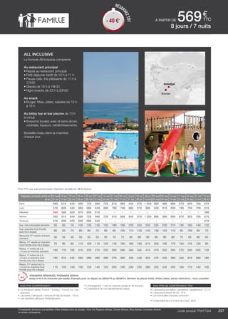 ..................................................................................................................................................................................................................................................................................................
207Code produit marakvil
€
ttcà partir de 569
Prix TTC par personne base chambre double en All Inclusive.
nos prix ne comprennent pas
•	 L’assurance annulation, assistance, rapatriement : 3,4 %,
•	 L’assurance retard de vol : 15 €,
•	 Les éventuelles hausses carburant.
•	 Forfait bébé de 0 à moins de 2 ans : 80 €.
nos prix comprennent
•	 Le transport aérien France / Antalya / France sur vols
spéciaux,
•	 Les taxes d’aéroports / carbone et frais de dossier : 100 €,
•	 Les transferts aéroport /hôtel/aéroport,
•	 L’hébergement 7 nuits en chambre double en All Inclusive,
•	 L’assistance de nos représentants locaux.
Code produit TRAYTSAI
all inclusive
La formule All Inclusive comprend
Au restaurant principal
•	Repas au restaurant principal
•	Petit déjeuner tardif de 10 h à 11 h
•	Pause-café, thé pâtisserie de 17 h à
17h30
•	Glaces de 19 h à 19h30
•	Night snacks de 23 h à 23h30
Au snack
•	Burger, frites, pâtes, salades de 12 h
à 16 h
Au lobby bar et bar piscine de 10 h
à minuit
•	Boissons locales avec et sans alcool,
cocktails, liqueurs, rafraîchissements.
Bouteille d’eau dans la chambre
chaque jour.
8 jours / 7 nuits
Départs compris entre le
et le
26 mars
01 avr
02 avr
15 avr
16 avr
22 avr
23 avr
29 avr
30 avr
06 mai
07 mai
13 mai
14 mai
20 mai
21 mai
27 mai
28 mai
17 juin
18 juin
01 juil
02 juil
08 juil
09 juil
19 août
20 août
02 sept
03 sep
09 sep
10 sep
16 sep
17 sep
23 sep
24 sep
30 sep
01 oct
14 oct
15 oct
28 oct
Paris 599 619 649 699 729 689 729 819 869 949 979 1 059 999 989 899 879 829 769 679
Lyon 579 609 649 669 689 649 689 799 799 889 919 999 949 919 839 799 759 709 619
Marseille 569 599 629 679 659 619 - - - - - - - - - - - - 599
Nantes 590 619 649 699 729 689 729 819 869 949 979 1 059 999 989 899 879 829 769 679
Toulouse 579 609 649 699 689 649 - - - - - - - - - - - - 619
Sup. chb individuelle standard 50 60 70 130 135 130 135 180 190 220 225 250 235 230 210 195 185 140 120
Sup. chambre Club Famille
avec lits à étages
60 65 75 80 85 75 85 95 105 115 120 140 130 125 110 95 100 80 70
Réduction 3ème
adulte chambre
standard
30 35 40 50 55 55 55 70 75 85 90 95 90 90 80 75 65 60 45
Réduc. 3ème
adulte en chambre
Club Famille avec lits à étages
70 80 95 110 120 110 120 145 160 180 190 215 200 195 170 150 145 120 95
Réduc. 1er
enfant de 2 à
-12 ans en chambre standard
160 170 195 210 220 210 220 305 280 340 345 410 370 355 295 275 235 205 135
Réduc. 1er
enfant de 2 à
-12 ans en chambre Club
Famille avec lits à étages
195 210 245 265 280 260 280 375 360 430 440 525 475 455 380 345 310 260 180
Réduc. 2ème
enfant de 2 à
-12 ans en chambre Club
Famille avec lits à étages
115 120 140 150 155 145 155 205 195 230 235 280 255 245 205 190 170 145 105
*PREMIERS RÉSERVÉS, PREMIERS SERVIS
Jusqu’à 40 € de réduction par adulte. Exemple pour un départ du 28/05/15 au 30/09/15. Nombre de places limité. Autres dates, autres réductions : nous consulter.
Antalya
Kemer
Compagnies aériennes susceptibles d’être utilisées pour ce voyage : Onur Air, Pegasus Airlines, Turkish Airlines, Skye Airlines, Corendon Airlines
ou autres compagnies.
- 40 €*
RÉSER
VEZTÔT
- 40 €*
 