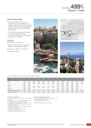 ..................................................................................................................................................................................................................................................................................................
213
€
ttc
Nos prix comprennent
•	 Le transport aérien France / Antalya / France sur vols
spéciaux,
•	 Les taxes d’aéroports / carbone et frais de dossier : 100 €,
•	 Le transport en autocar de tourisme climatisé,
•	 L’hébergement en chambre double, en hôtels 5*****(NL)
, en
pension complète (hors boissons) du dîner du jour 1 au
petit déjeuner du jour 8,
•	 Les visites et droits d’entrée dans les sites et monuments
visités cités au programme,
•	 Les services d’un guide local francophone,
•	 Les taxes et services locaux,
•	 L’assistance de nos représentants locaux.
Nos prix ne comprennent pas
•	 L’assurance annulation, assistance, rapatriement : 3,4 %,
•	 L’assurance retard de vol : 15 €,
•	 Les éventuelles hausses carburant.
•	 Forfait bébé de 0 à moins de 2 ans : 80 €.
à partir de 499
Départs compris entre le
et le
09 avr
29 avr
30 avr
13 mai
14 mai
27 mai
28 mai
01 juil
02 juil
15 juil
16 juil
02 sep
03 sep
14 oct
15 oct
28 oct
29 oct
04 nov
05 nov
18 nov
19 nov
25 nov
26 nov
02 déc
03 déc
09 déc
Paris 599 639 639 659 689 749 669 749 639 689 599 599 499
Lyon 599 639 639 659 689 749 669 749 639 689 599 599 499
Marseille 599 639 - - - - - 749 639 689 599 499 -
Nantes 599 639 639 659 689 749 669 749 639 689 599 499 -
Toulouse 599 639 - - - - - 749 639 689 599 499 -
Supplément chambre individuelle 147 147 147 147 173 173 173 147 147 147 147 147 147
Réduction 3ème
personne 50 50 50 50 53 53 53 53 53 53 53 53 53
Prix TTC par personne base chambre double en pension complète.
Code produit TRAYTEGE
NOUS AVONS AIMé
•	Ce superbe périple de 8 jours vous
entraîne dans l’univers magique de la
Turquie occidentale en prenant cependant
le temps d’apprécier toutes ses richesses
naturelles et de visiter de remarquables
sites antiques.
•	Un itinéraire avec des étapes équilibrées
et un rythme agréable pour une
découverte des régions méditerranéenne
et égéenne de la Turquie.
hôtels
Sélectionnés ou similaires
•	Antalya : Harrington Park 5*, Seher Sun
Palace 5*, Grand Ring 5*, Yeljken 5*.
•	Kusadasi : Le Bleu 5*, Richmond 5*.
•	Pamukkale : Polat 5*.
8 jours / 7 nuits
Ephese
Kusadasi
Pamukkale
Antalya
Compagnies aériennes susceptibles d’être utilisées pour ce voyage : Onur Air, Pegasus Airlines, Turkish Airlines, Skye Airlines, Corendon Airlines
ou autres compagnies.
 