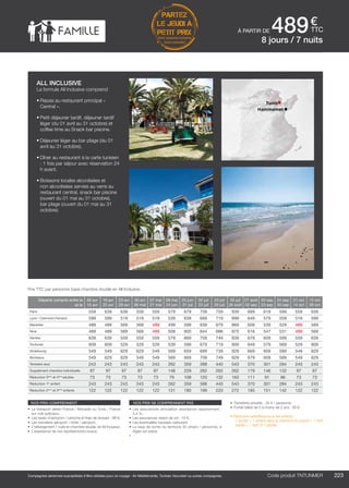 ..................................................................................................................................................................................................................................................................................................
223Code produit marakvil
€
ttc
Compagnies aériennes susceptibles d’être utilisées pour ce voyage : Air Méditerranée, Tunisair, Nouvelair ou autres compagnies.
Tunis
Hammamet
PARTEZ
LE JEUDI À
PETIT PRIX
hors vacances scolaires
(nous consulter)
Code produit TNTUNMER
nos prix comprennent
•	 Le transport aérien France / Monastir ou Tunis / France
sur vols spéciaux,
•	 Les taxes d’aéroport / carbone et frais de dossier : 98 €,
•	 Les transferts aéroport / hôtel / aéroport,
•	 L’hébergement 7 nuits en chambre double, en All Inclusive,
•	 L’assistance de nos représentants locaux.
nos prix ne comprennent pas
•	 Les assurances annulation assistance rapatriement :
3,4 %,
•	 Les assurances retard de vol : 15 €,
•	 Les éventuelles hausses carburant,
•	 La taxe de sortie du territoire 30 dinars / personne, à
régler sur place.
•	
•	 Transferts privatifs : 35 € / personne.
•	 Forfait bébé de 0 à moins de 2 ans : 80 €.
• Réduction spécifique pour les enfants :
- 1 adulte + 1 enfant dans la chambre du parent = 1 tarif
adulte + 1 tarif 3ème
adulte.
Départs compris entre le
et le
09 avr
15 avr
16 avr
22 avr
23 avr
29 avr
30 avr
06 mai
07 mai
27 mai
28 mai
24 juin
25 juin
01 juil
02 juil
22 juil
23 juil
29 juil
30 juil
26 août
27 août
02 sep
03 sep
23 sep
24 sep
30 sep
01 oct
14 oct
15 oct
28 oct
Paris 559 639 639 559 559 579 679 709 759 939 689 619 599 559 639
Lyon / Clermont-Ferrand 599 599 519 519 519 539 639 669 719 899 649 579 559 519 599
Marseille 489 489 569 569 489 499 599 639 679 869 609 539 529 489 569
Nice 489 489 569 569 489 508 605 644 686 870 616 547 531 489 569
Nantes 639 639 559 559 559 579 669 709 749 939 679 609 599 559 639
Toulouse 609 609 529 529 529 539 599 679 719 909 649 579 569 529 609
Strasbourg 549 549 629 629 549 569 659 699 739 929 669 609 589 549 629
Bordeaux 549 629 629 549 549 569 669 709 749 929 679 609 589 549 629
Terrestre seul 243 243 243 243 243 262 359 398 440 543 370 301 284 243 243
Supplément chambre individuelle 97 97 97 97 97 146 229 262 262 262 179 146 132 97 97
Réduction 3ème
et 4ème
adultes 73 73 73 73 73 79 108 120 132 163 111 91 86 73 73
Réduction 1er
enfant 243 243 243 243 243 262 359 398 440 543 370 301 284 243 243
Réduction 2ème
et 3ème
enfants 122 122 122 122 122 131 180 199 220 272 185 151 142 122 122
Prix TTC par personne base chambre double en All Inclusive.
all inclusive
La formule All Inclusive comprend
•	Repas au restaurant principal «
Central ».
•	Petit déjeuner tardif, déjeuner tardif
léger (du 01 avril au 31 octobre) et
coffee time au Snack bar piscine.
•	Déjeuner léger au bar plage (du 01
avril au 31 octobre).
•	Dîner au restaurant à la carte tunisien
: 1 fois par séjour avec réservation 24
h avant.
•		Boissons locales alcoolisées et
non alcoolisées servies au verre au
restaurant central, snack bar piscine
(ouvert du 01 mai au 31 octobre),
bar plage (ouvert du 01 mai au 31
octobre).
8 jours / 7 nuits
à partir de 489
 