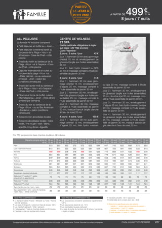 ..................................................................................................................................................................................................................................................................................................
227Code produit marakvil
€
ttc
Compagnies aériennes susceptibles d’être utilisées pour ce voyage : Air Méditerranée, Tunisair, Nouvelair ou autres compagnies.
PARTEZ
LE JEUDI À
PETIT PRIX
hors vacances scolaires
(nous consulter)
•	 Transferts privatifs : 35 € / personne.
•	 Forfait bébé de 0 à moins de 2 ans : 80 €.
•	 Réductions spécifiques pour les enfants :
- 1 adulte + 1 enfant dans la chambre du parent =
1 tarif adulte + 1 tarif 3ème
adulte.
- 2 adultes + 2 enfants dans 2 chambres séparées =
2 tarifs adultes + 2 tarifs 3ème
adulte.
nos prix comprennent
•	 Le transport aérien France / Monastir ou Tunis / France
sur vols spéciaux,
•	 Les taxes d’aéroports / carbone et frais de dossier : 98 €,
•	 Les transferts aéroport / hôtel / aéroport,
•	 L’hébergement 7 nuits en chambre double, en All Inclusive,
•	 L’assistance de nos représentants locaux.
nos prix ne comprennent pas
•	 Les assurances annulation assistance rapatriement :
3,4 %,
•	 Les assurances retard de vol : 15 €,
•	 Les éventuelles hausses carburant,
•	 La taxe de sortie du territoire de 30 dinars / personne,
à régler sur place.
Départs compris entre le
et le
09 avr
15 avr
16 avr
22 avr
23 avr
29 avr
30 avr
06 mai
07 mai
27 mai
28 mai
01 juil
02 juil
29 juil
30 juil
19 août
20 août
26 août
27 août
23 sep
24 sep
30 sep
01 oct
14 oct
15 oct
28 oct
Paris 573 653 653 573 573 622 694 847 743 622 608 573 653
Lyon / Clermont-Ferrand 613 613 533 533 533 581 654 807 703 581 568 533 613
Marseille 499 499 578 578 499 547 620 772 668 547 533 499 578
Nice 504 504 584 584 504 552 625 778 674 552 539 504 584
Nantes 649 649 569 569 569 617 690 843 739 617 604 569 649
Toulouse 619 619 539 539 539 587 660 812 709 587 573 539 619
Strasbourg 561 561 641 641 561 609 682 835 731 609 595 561 641
Bordeaux 563 643 643 563 563 612 685 837 733 612 598 563 643
Terrestre seul 248 248 248 248 248 296 369 442 338 296 282 248 248
Supplément chambre individuelle 117 117 117 117 117 117 165 165 165 165 151 117 117
Réduction 3ème
adulte (4ème
adulte,
uniquement en appartement)
75 75 75 75 75 89 111 133 102 89 85 75 75
Réduction 1er
enfant 248 248 248 248 248 296 369 442 338 296 282 248 248
Réduction 2ème
enfant 124 124 124 124 124 148 185 221 169 148 141 124 124
Sup. chambre vue mer / sem. / pers. 25 25 25 25 25 25 49 49 49 49 49 25 25
Sup. appartement / sem. / pers. (2 chambres,
1 salle d'eau, 1 entrée commune)
39 39 39 39 39 39 49 49 49 49 49 39 39
Prix TTC par personne base chambre double en All Inclusive.
Code produit TNTUNPARAD
all inclusive
La formule All Inclusive comprend
•	Petit déjeuner en buffet au « Jinen »
•	Petit déjeuner continental tardif au
barbecue de la Plage « Hour » et
à l’espace « Casa dei Pirati » côté
piscine
•	Snack du matin au barbecue de la
Plage « Hour » et à l’espace « Casa
dei Pirati » côté piscine
•	Déjeuner international en buffet au
barbece de la plage « Hour » et
« Casa dei irati » ou au restaurant
principal « Jinen » (selon les
conditions climatiques)
•	Snack de l’après-midi au barbecue
de la Plage « Hour » et à l’espace
« Casa dei Pirati » côté piscine
•	Dîner sous forme de buffet, cuisine
international au « Jinen » (Trois dîners
à thème par semaine)
•	Snack du soir au barbecue de la
Plage « Hour » ou au Bar Américain
« Ferdaous » (selon conditions
climatiques)
•	Boissons non alcoolisées locales
•	Boissons alcoolisées locales : bière
locale, vins rouge / rosé / blanc,
apéritifs, long drinks, digestifs
CENTRE DE WELNESS
ET SPA
(visite médicale obligatoire à régler
sur place : 20 TND environ)
Cure «Yasmine»
2 jours : 2 soins / jour 42 €
Jour 1 : hammam 30 mn avec gommage
oriental 15  mn et enveloppement de
ghassoul (argile aux huiles essentielles)
25 mn
Jour 2 : bain hydro massant ou SPA
20 mn et massage complet à l’huile es-
sentielle de jasmin 30 mn
3 jours : 3 soins / jour 74 €
Jour 1 : hammam 30 mn avec gom-
mage oriental 15  mn, enveloppement
d’algues 25 mn, massage complet à
l’huile essentielle de jasmin 30 mn  
Jour 2 : hammam 30 mn, enveloppe-
ment de ghassoul (argile aux huiles es-
sentielles) 25 mn, massage complet à
l’huile essentielle de jasmin 30 mn
Jour 3 : hammam 30 mn, massage
complet à l’huile essentielle de jasmin
30 mn, masque barouk (argile blanche
à l’eau de rose) 25 mn  
4 jours : 4 soins / jour 105 €
Jour 1 :  hammam 30 mn avec gom-
mage oriental 15  mn, enveloppement
d’algues 25 mn, bain hydro massant
à partir de 4998 jours / 7 nuits
Tunis
Hammamet
ou spa 20  mn, massage complet à l’huile
essentielle de jasmin 30 mn  
Jour 2 : hammam 30 mn, enveloppement
de ghassoul (argile aux huiles essentielles)
25 mn, douche à jet 20 mn, massage com-
plet à l’huile essentielle de jasmin 30 mn.
Jour 3 : hammam 30 mn, enveloppement
d’algues 25 mn, bain hydro massant ou spa
20 mn, massage complet à l’huile essen-
tielle de jasmin 30 mn  
Jour 4 : hammam 30 mn, enveloppement
de ghassoul (argile aux huiles essentielles)
25 mn, massage complet à l’huile essen-
tielle de jasmin 30 mn, masque barouk (ar-
gile blanche à l’eau de rose) 25 mn  
 