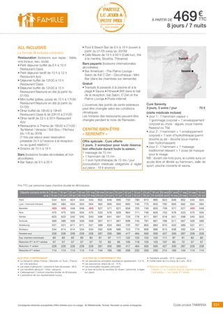 ..................................................................................................................................................................................................................................................................................................
231Compagnies aériennes susceptibles d’être utilisées pour ce voyage : Air Méditerranée, Tunisair, Nouvelair ou autres compagnies.
€
ttc
PARTEZ
LE JEUDI À
PETIT PRIX
hors vacances scolaires
(nous consulter)
Code produit TNMIRRIA
Nos prix comprennent
•	 Le transport aérien France / Monastir ou Tunis / France
sur vols spéciaux,
•	 Les taxes d’aéroports / carbone et frais de dossier : 98 €,
•	 Les transferts aéroport / hôtel / aéroport,
•	 L’hébergement 7 nuits en chambre double, en All Inclusive,
•	 L’assistance de nos représentants locaux.
Nos prix ne comprennent pas
•	 Les assurances annulation assistance rapatriement : 3,4 %,
•	 Les assurances retard de vol : 15 €,
•	 Les éventuelles hausses carburant,
•	 La taxe de sortie du territoire 30 dinars / personne, à régler
sur place.
•	 Transferts privatifs : 35 € / personne.
•	 Forfait bébé de 0 à moins de 2 ans : 80 €.
• Réduction spécifique pour les enfants :
- 1 adulte + 1 ou 2 enfants dans la chambre du parent =
1 tarif adulte + 1 ou 2 tarifs 3ème
adulte.
Tunis
Sousse
Prix TTC par personne base chambre double en All Inclusive.
Départs compris entre le
et le
09 avr
15 avr
16 avr
22 avr
23 avr
29 avr
30 avr
06 mai
07 mai
27 mai
28 mai
03 juin
04 juin
24 juin
25 juin
01 juil
02 juil
15 juil
16 juil
22 juil
23 juil
29 juil
30 juil
19 août
20 août
26 août
27 août
16 sep
17 sep
23 sep
24 sep
14 oct
15 oct
28 oct
Paris 544 624 624 544 544 602 646 695 733 780 815 895 823 646 602 544 624
Lyon / Clermont-Ferrand 584 584 504 504 504 562 605 655 693 740 775 855 782 605 562 504 584
Marseille 469 469 549 549 469 527 571 621 658 705 740 820 748 571 527 469 549
Nice 475 475 555 555 475 533 576 626 664 711 746 826 753 576 533 475 555
Nantes 620 620 540 540 540 598 641 691 729 776 811 891 818 641 598 540 620
Toulouse 589 589 509 509 509 567 611 661 698 745 781 861 788 611 567 509 589
Strasbourg 531 531 611 611 531 589 633 683 720 767 803 883 810 633 589 531 611
Bordeaux 534 614 614 534 534 592 636 686 723 770 806 886 813 636 592 534 614
Terrestre seul 228 228 228 228 228 287 330 380 417 464 500 500 427 330 287 228 228
Sup. chambre individuelle 83 83 83 83 83 91 97 111 122 122 122 122 111 97 91 83 83
Réduction 3ème
et 4ème
adultes 57 57 57 57 57 72 83 95 105 116 125 125 107 83 72 57 57
Réduction 1er
enfant 228 228 228 228 228 287 330 380 417 464 500 500 427 330 287 228 228
Réduction 2ème
enfant 114 114 114 114 114 144 165 190 209 232 250 250 214 165 144 114 114
all inclusive
La formule All Inclusive comprend
Restauration (boissons aux repas : bière,
vins locaux, eau, soda)
•	Petit déjeuner buffet de 6 h à 10 h
Restaurant Oasis
•	Petit déjeuner tardif de 10 h à 12 h
Restaurant Aziz
•	Déjeuner buffet de 12h30 à 15 h
Restaurant Oasis
•	Déjeuner buffet de 12h30 à 15 h
Restaurant Neptune en été (à partir du
01/05)
•	Mini buffet (pâtes, pizza) de 15 h à 17h30
Restaurant Neptune en été (à partir du
01/05)
•	Dîner buffet de 18h30 à 19h45
Restaurant Oasis  de 20h15 à 21h30
•	Dîner tardif de 22 h à 00 h Restaurant
Aziz
•	Restaurants à Thème de 18h30 à 21h30 :
Tej Mahal / Venezia / Sidi Bou / Pêcheur
(du 1/6 au 30/9)
(1 fois par séjour avec réservation
préalable 24 h à l’avance à la réception
ou au guest relation.)
•	Snacks de 15 h à 18 h
Bars (boissons locales alcoolisées et non
alcoolisées)
•	Bar Salon de 9 h à 00 h
•	Pool  Beach Bar de 9 h à 18 h (ouvert à
partir du 01/05 jusqu’au 30/09)
•	Café Maure de 19 h à 00 h (Café turc, thé
à la menthe, Boukha, Thibarine)
Bars payants (boissons internationales
alcoolisées)
•	Bar Américain - The Palms Lounge -
Salon de thé C’Zen - Discothèque - Mini
Bar (dans les chambres sur demande)
Gratuit
•	Transats  parasols à la piscine et à la
plage • Sauna • Fitness• Wifi dans le hall
de la réception, bar Salon, C’Zen et the
Palms Lounge • Poste internet
L’ouverture des points de vente extérieurs
peut être changée selon les conditions
climatiques.
Les horaires des restaurants peuvent être
changés pendant le mois de Ramadan.
Centre Bien être
« SERENITY »
Offre spéciale : Cure offerte
3 jours, 3 soins/jour pour toute réserva-
tion effectuée durant toute la saison.
1 massage de 15 mn
+ 1 hammam de 15 mn
+ 1 soin hydrothérapie de 15 mn / jour
(consultation médicale obligatoire à régler
sur place : 18 € environ)
à partir de 4698 jours / 7 nuits
Cure Serenity
3 jours, 3 soins / jour  70 €
(visite médicale incluse)
•	Jour 1 : 1 hammam vapeur +
1 gommage corporel + 1 enveloppement
corporel au choix : algues, boue marine,
Rassoul ou Tfal.
•	Jour 2 : 1 hammam + 1 enveloppement
corporel + 1 soin d’hydrothérapie (parmi 
douche au jet - douche sous-marine -
bain hydromassant)
•	Jour 3 : 1 hammam + 1 massage
traditionnel relaxant + 1 pose de masque
pour le visage.
NB : durant ces trois jours, le curiste aura un
accès libre et illimité au hammam, salle de
sport, piscine couverte et sauna.
 