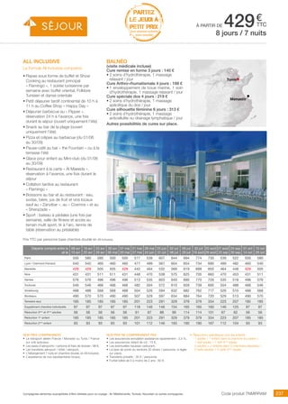 ..................................................................................................................................................................................................................................................................................................
237Compagnies aériennes susceptibles d’être utilisées pour ce voyage : Air Méditerranée, Tunisair, Nouvelair ou autres compagnies.
€
ttc
PARTEZ
LE JEUDI À
PETIT PRIX
hors vacances scolaires
(nous consulter)
Code produit TNMIRRAM
Prix TTC par personne base chambre double en All inclusive.
Nos prix comprennent
•	 Le transport aérien France / Monastir ou Tunis / France
sur vols spéciaux,
•	 Les taxes d’aéroports / carbone et frais de dossier : 98 €,
•	 Les transferts aéroport / hôtel / aéroport,
•	 L’hébergement 7 nuits en chambre double, en All inclusive,
•	 L’assistance de nos représentants locaux.
Nos prix ne comprennent pas
•	 Les assurances annulation assistance rapatriement : 3,4 %,
•	 Les assurances retard de vol : 15 €,
•	 Les éventuelles hausses carburant,
•	 La taxe de sortie du territoire 30 dinars / personne, à régler
sur place.
•	 Transferts privatifs : 35 € / personne.
•	 Forfait bébé de 0 à moins de 2 ans : 80 €.
•	 Réductions spécifiques pour les enfants :
- 1 adulte + 1 enfant dans la chambre du parent =
1 tarif adulte + 1 tarif 3ème
adulte.
- 2 adultes + 2 enfants dans 2 chambres séparées =
2 tarifs adultes + 2 tarifs 3ème
adulte.
all inclusive
La formule All Inclusive comprend
•	Repas sous forme de buffet et Show
Cooking au restaurant principal
« Flamingo », 1 soirée tunisienne par
semaine avec buffet oriental, Folklore
Tunisien et danse orientale
•	Petit déjeuner tardif continental de 10 h à
11 h au Coffee Shop « Happy Day »
•	Déjeuner barbecue au « Flipper »,
réservation 24 h à l’avance, une fois
durant le séjour (ouvert uniquement l’été)
•	Snack au bar de la plage (ouvert
uniquement l’été)
•	Pizza et crêpes au barbecue (du 01/06
au 30/09)
•	Pause-café au bar « the Fountain » ou à la
terrasse l’été
•	Glace pour enfant au Mini-club (du 01/06
au 30/09)
•	Restaurant à la carte « Al Maeeda »,
réservation à l’avance, une fois durant le
séjour
•	Collation tardive au restaurant
« Flamingo »
•	Boissons au bar et au restaurant : eau,
sodas, bière, jus de fruit et vins locaux
sauf au « Zanzibar », au « Cosmos » et au
« Sherazade »
•	Sport : bateau à pédales (une fois par
semaine), salle de fitness et accès au
terrain multi sport, tir à l’arc, tennis de
table (réservation au préalable)
BALNéO
(visite médicale incluse)
Cure remise en forme 3 jours : 140 €
•	2 soins d´hydrothérapie, 1 massage
relaxant / jour
Cure Arthro-rhumatismale 4 jours : 188 €
•	1 enveloppement de boue marine, 1 soin
d´hydrothérapie, 1 massage relaxant / jour
Cure spéciale dos 4 jours : 219 €
•	2 soins d´hydrothérapie, 1 massage
spécifique du dos / jour
Cure silhouette féminine 6 jours : 313 €
•	2 soins d´hydrothérapie, 1 massage
anticellulite ou drainage lymphatique / jour
Autres possibilités de cures sur place.
à partir de 4298 jours / 7 nuits
Tunis
Monastir
Départs compris entre le
et le
09 avr
15 avr
16 avr
22 avr
23 avr
29 avr
30 avr
06 mai
07 mai
20 mai
21 mai
27 mai
28 mai
24 juin
25 juin
01 juil
02 juil
08 juil
09 juil
29 juil
30 juil
19 août
20 août
26 août
27 août
23 sep
24 sep
30 sep
01 oct
14 oct
15 oct
28 oct
Paris 500 580 580 500 500 517 539 607 644 694 774 730 539 522 500 580
Lyon / Clermont-Ferrand 540 540 460 460 460 477 499 567 604 654 734 690 499 482 460 540
Marseille 429 429 505 505 429 442 464 532 569 619 699 655 464 448 429 505
Nice 431 431 511 511 431 448 470 538 575 625 705 660 470 453 431 511
Nantes 576 576 496 496 496 513 535 603 640 690 770 726 535 518 496 576
Toulouse 546 546 466 466 466 482 504 572 610 659 739 695 504 488 466 546
Strasbourg 488 488 568 568 488 504 526 594 632 682 762 717 526 510 488 568
Bordeaux 490 570 570 490 490 507 529 597 634 684 764 720 529 513 490 570
Terrestre seul 185 185 185 185 185 201 223 291 329 379 379 334 223 207 185 185
Supplément chambre individuelle 97 97 97 97 97 118 146 146 154 165 165 160 146 125 97 97
Réduction 3ème
et 4ème
adultes 56 56 56 56 56 61 67 88 99 114 114 101 67 62 56 56
Réduction 1er
enfant 185 185 185 185 185 201 223 291 329 379 379 334 223 207 185 185
Réduction 2ème
enfant 93 93 93 93 93 101 112 146 165 190 190 167 112 104 93 93
 