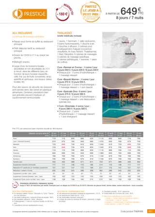 ..................................................................................................................................................................................................................................................................................................
251Compagnies aériennes susceptibles d’être utilisées pour ce voyage : Air Méditerranée, Tunisair, Nouvelair ou autres compagnies.
€
ttc
PARTEZ
LE JEUDI À
PETIT PRIX
hors vacances scolaires
(nous consulter)
à partir de 649
Code produit TNMIRIBE
Prix TTC par personne base chambre double en All Inclusive.
Nos prix comprennent
•	 Le transport aérien France / Monastir ou Tunis / France
sur vols spéciaux,
•	 Les taxes d’aéroports / carbone et frais de dossier : 98 €,
•	 Les transferts aéroport / hôtel / aéroport,
•	 L’hébergement 7 nuits en chambre double, en All Inclu-
sive,
•	 L’assistance de nos représentants locaux.
Nos prix ne comprennent pas
•	 Les assurances annulation assistance rapatriement : 3,4 %,
•	 Les assurances retard de vol : 15 €,
•	 Les éventuelles hausses carburant,
•	 La taxe de sortie du territoire 30 dinars / personne, à régler
sur place.
•	 Transferts privatifs : 35 € / personne.
•	 Forfait bébé de 0 à moins de 2 ans : 80 €.
•	 Réductions spécifiques pour les enfants :
- 1 adulte + 1 enfant dans la chambre du parent =
1 tarif adulte + 1 tarif 3ème
adulte.
- 2 adultes + 2 enfants dans 2 chambres séparées =
2 tarifs adultes + 2 tarifs 3ème
adulte.
all inclusive
La formule All Inclusive comprend
•	Repas sous forme de buffet au restaurant
principal
•	Petit déjeuner tardif au restaurant
principal
•	Snack de 12h30 à 17 h au snack bar
piscine.
•	Midnight snacks.
•	Large choix de boissons locales
alcoolisées et non alcoolisées de 10 h
à minuit, dans les différents bars, en
fonction de leurs horaires respectifs :
café, thé, jus de fruits concentrés, sirop,
apéritifs et spiritueux, vins locaux, bières
locales, etc
Pour des raisons de sécurité, les boissons
sont servies dans des verres en plastique
alimentaire. Certaines prestations bien
que gratuites peuvent impliquer un
cautionnement remboursable.
THALASSO
(visite médicale incluse)
1 sauna, 1 hammam, 1 salle cavitosonic,
5 bains hydromassants, 1 douche à jet,
2 douches à affusion, 3 cabines pour
enveloppement d’algues (couverture
chauffante, lit d’eau flottant, Thalatherme),
1 Bain Cléopâtre, 6 cabines de massages.
3 cabines de massage spécifique,
2 cabines esthétiques, 1 tisanerie, 1 salon
de coiffure.
Cure «Remise en Forme» : 4 soins / jour
3 jours 240 € / 4 jours 320 € / 6 jours 440 €
•	Chaque jour : 3 soins d’hydrothérapie +
1 massage relaxant
Cure «Beauté Marine» : 4 soins / jour
4 jours 370 € / 6 jours 555 €.
•	Chaque jour : 2 soins d’hydrothérapie +
1 massage relaxant + 1 soin beauté
Cure «Spéciale Dos» 4 soins / jour
4 jours 375 € / 6 jours 560 €.
•	Chaque jour : 2 soins d’hydrothérapie +
1 massage relaxant + une rééducation
spéciale dos
•	Cure «Orientale» 4 soins / jour :
4 jours 390 € / 6 jours 585 €.
•	Chaque jour : 2 soins
d’hydrothérapie + 1 massage relaxant
+ 1 soin énergisant.
8 jours / 7 nuits
Tunis
Mahdia
Départs compris entre le
et le
30 avr
06 mai
07 mai
27 mai
28 mai
24 juin
25 juin
15 juil
16 juil
29 juil
30 juil
26 août
27 août
16 sep
17 sep
07 oct
08 oct
14 oct
15 oct
28 oct
Paris 719 719 809 889 929 1 119 889 809 719 799
Lyon / Clermont-Ferrand 679 679 769 849 889 1 079 849 769 679 759
Marseille 729 649 739 819 859 1 049 819 729 649 729
Nice 729 649 739 819 859 1 049 819 739 649 729
Nantes 719 719 799 889 929 1 119 889 799 719 799
Toulouse 689 689 769 849 899 1 089 849 769 689 769
Strasbourg 789 709 799 879 919 1 109 879 799 709 789
Bordeaux 709 709 799 879 919 1 109 879 799 709 789
Terrestre seul 403 403 489 571 611 723 571 489 403 403
Supplément chambre individuelle 117 117 146 175 185 214 175 146 117 117
Réduction 3ème
adulte (en ch. Familiale uniquement) 121 121 147 172 184 217 172 147 121 121
Réduction 1 enfant (-14 ans) 202 202 245 286 306 362 286 245 202 202
Supplément vue Mer / sem. / pers. 31 31 41 51 71 71 51 41 31 31
Supplément chambre familiale / sem. / pers. 102 102 123 143 153 184 143 123 102 102
Supplément Suite Junior vue Mer / sem. / pers. 138 138 158 184 215 215 184 158 138 138
*PREMIERS RÉSERVÉS, PREMIERS SERVIS
Jusqu’à 180 € de réduction par adulte. Exemple pour un départ du 01/05/15 au 31/10/15. Nombre de places limité. Autres dates, autres réductions : nous consulter.
RÉSER
VEZTÔT
- 180 €*
RÉSER
VEZTÔT
- 180 €*
 