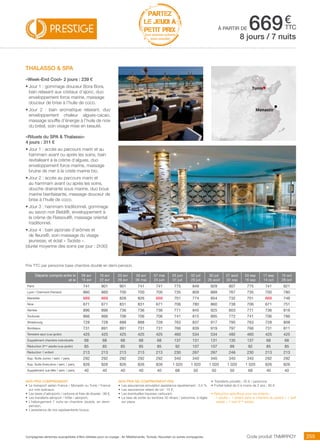 ..................................................................................................................................................................................................................................................................................................
255Compagnies aériennes susceptibles d’être utilisées pour ce voyage : Air Méditerranée, Tunisair, Nouvelair ou autres compagnies.
€
ttc
PARTEZ
LE JEUDI À
PETIT PRIX
hors vacances scolaires
(nous consulter)
Code produit TNMIRROY
Prix TTC par personne base chambre double en demi-pension.
Nos prix comprennent
•	 Le transport aérien France / Monastir ou Tunis / France
sur vols spéciaux,
•	 Les taxes d’aéroports / carbone et frais de dossier : 98 €,
•	 Les transferts aéroport / hôtel / aéroport,
•	 L’hébergement 7 nuits en chambre double, en demi-
pension,
•	 L’assistance de nos représentants locaux.
Nos prix ne comprennent pas
•	 Les assurances annulation assistance rapatriement : 3,4 %,
•	 Les assurances retard de vol : 15 €,
•	 Les éventuelles hausses carburant,
•	 La taxe de sortie du territoire 30 dinars / personne, à régler
sur place.
•	 Transferts privatifs : 35 € / personne.
•	 Forfait bébé de 0 à moins de 2 ans : 80 €.
• Réduction spécifique pour les enfants :
- 1 adulte + 1 enfant dans la chambre du parent = 1 tarif
adulte + 1 tarif 3ème
adulte.
thalasso  spa
«Week-End Cool» 2 jours : 239 €
•	Jour 1 : gommage douceur Bora Bora,
bain relaxant aux cristaux d’ajonc, duo
enveloppement force marine, massage
douceur de brise à l’huile de coco.
•	Jour 2 : bain aromatique relaxant, duo
enveloppement chaleur algues-cacao,
massage souffle d’énergie à l’huile de noix
du brésil, soin visage mise en beauté.
«Rituels du SPA  Thalasso»
4 jours : 311 €
•	Jour 1 : accès au parcours marin et au
hammam avant ou après les soins, bain
revitalisant à la crème d’algues, duo
enveloppement force marine, massage
bruine de mer à la criste marine bio.
•	Jour 2 : accès au parcours marin et
au hammam avant ou après les soins,
douche drainante sous marine, duo boue
marine bienfaisante, massage douceur de
brise à l’huile de coco.
•	Jour 3 : hammam traditionnel, gommage
au savon noir Beldi®, enveloppement à
la crème de Rassoul®, massage oriental
traditionnel.
•	Jour 4 : bain japonais d’arômes et
de fleurs®, soin-massage du visage
jeunesse, et éclat « Taoïste ».
(durée moyenne des soins par jour : 2h30)
8 jours / 7 nuits
à partir de 669
Tunis
Monastir
Départs compris entre le
et le
09 avr
15 avr
16 avr
22 avr
23 avr
29 avr
30 avr
06 mai
07 mai
24 juin
25 juin
01 juil
02 juil
29 juil
30 juil
26 août
27 août
02 sep
03 sep
16 sep
17 sep
14 oct
15 oct
28 oct
Paris 741 901 901 741 741 775 849 929 807 775 741 821
Lyon / Clermont-Ferrand 860 860 700 700 700 735 809 889 767 735 700 780
Marseille 669 669 826 826 669 701 774 854 732 701 669 746
Nice 671 671 831 831 671 706 780 860 738 706 671 751
Nantes 896 896 736 736 736 771 845 925 803 771 736 816
Toulouse 866 866 706 706 706 741 815 895 772 741 706 786
Strasbourg 728 728 888 888 728 763 837 917 795 763 728 808
Bordeaux 731 891 891 731 731 766 839 919 797 766 731 811
Terrestre seul (vue jardin) 425 425 425 425 425 460 534 534 492 460 425 425
Supplément chambre individuelle 68 68 68 68 68 137 131 131 135 137 68 68
Réduction 3ème
adulte (vue jardin) 85 85 85 85 85 92 107 107 99 92 85 85
Réduction 1 enfant 213 213 213 213 213 230 267 267 246 230 213 213
Sup. Suite Junior / sem. / pers. 292 292 292 292 292 340 340 340 340 340 292 292
Sup. Suite Executive / sem. / pers. 826 826 826 826 826 1 020 1 020 1 020 1 020 1 020 826 826
Supplément vue Mer / sem. / pers. 40 40 40 40 40 68 50 50 50 68 40 40
 