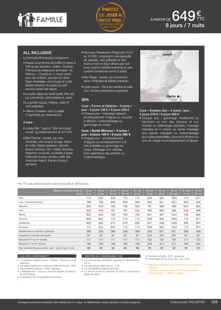 ..................................................................................................................................................................................................................................................................................................
259Code produit marakvil
€
ttc
Compagnies aériennes susceptibles d’être utilisées pour ce voyage : Air Méditerranée, Tunisair, Nouvelair ou autres compagnies.
all inclusive
La formule All Inclusive comprend
• XX.
Thalasso
• XX.
balnéo
• XX.
PARTEZ
LE JEUDI À
PETIT PRIX
hors vacances scolaires
(nous consulter)
Code produit TNDJERYM
nos prix comprennent
•	 Le transport aérien France / Djerba / France sur vols
spéciaux,
•	 Les taxes d’aéroports / carbone et frais de dossier : 98 €,
•	 Les transferts aéroport / hôtel / aéroport,
•	 L’hébergement 7 nuits en chambre double supérieure,
en All Inclusive,
•	 L’assistance de nos représentants locaux.
nos prix ne comprennent pas
•	 Les assurances annulation assistance rapatriement :
3,4 %,
•	 Les assurances retard de vol : 15 €,
•	 Les éventuelles hausses carburant,
•	 La taxe de sortie du territoire 30 dinars / personne, à
régler sur place.
•	 Transferts privatifs : 35 € / personne.
•	 Forfait bébé de 0 à moins de 2 ans : 80 €.
•	 Réduction spécifique pour les enfants (hors vacances
scolaires) :
2 adultes + 2 enfants dans 2 chambres séparées =
2 tarifs adultes + 2 tarifs 3ème
adulte.
.
Tunis
Djerba
all inclusive
La formule All Inclusive comprend
•	Repas sous forme de buffet (3 repas à
thème par semaine : Italien, Tunisien,
Pêcheur) au restaurant principal « le
Walima ». Ouverture ½ heure avant
pour les enfants, pendant le dîner.
Eaux minérales, vins (rouge et rosé),
bières pression et sodas en self-
service durant les repas.
•	Le petit déjeuner tardif (café, thé, lait,
jus concentré, viennoiserie et cake).
•	Le goûter (pizza, crêpes, cake et
viennoiseries).
•	«Menu Tunisien» servi à table  
(1/semaine sur réservation). 
4 bars :
•	Lobby Bar “Legmy” (Bar principal) :
ouvert quotidiennement et 24 h/24.
•	Bar Piscine : sodas, jus, eau
minérale, vins locaux (rouge, blanc
et rosé), bières pression, alcools
locaux (whisky, Gin, vodka, boukha,
thibarine, muscat), cocktails à base
d’alcools locaux, anisés, café, lait,
chocolat chaud, thé en infusion,
verveine.
•	Nouveau Restaurant Plage (du 01/07
au 31/08) : proposant une panoplie
de salades, des grillades et des
fruits à midi et deux dîners par soir
(une cuisine méditerranéenne et une
cuisine tunisienne) servis à table.
•	Bar Plage : sodas, jus concentré,
eaux minérales et bières pression.
•	Café maure : thé à la menthe et café
turc. Autres prestations payantes.
SPA
Cure « Forme et Détente » 3 soins /
jour : 3 jours 139 € / 6 jours 239 €
•	Chaque jour : massage relaxant,
enveloppement d’algues ou douche
à affusion, hydromassage ou
gommage du corps.
Cure « Santé Minceur » 3 soins /
jour : 3 jours 149 € / 6 jours 265 €
•	Chaque jour : enveloppement
d’algues ou enveloppement à la
cire d’abeille ou gommage du
corps, Massage anti-cellulite,
Soin spécifique des jambes ou
hydromassages.
à partir de 6498 jours / 7 nuits
Prix TTC par personne base chambre double en All Inclusive.
Cure « Evasion Zen » 3 soins / jour :
3 jours 219 € / 6 jours 359 €
•	Chaque jour : gommage traditionnel au
hammam ou soin des cheveux et cuir
chevelu ou réflexologie plantaire, massage
mandara (à 4  mains) ou stone massage
(aux pierres chaudes) ou hydromassage
aux huiles essentielles, douche à affusion ou
soin du visage ou enveloppement d’algues.
Départs compris entre le
et le
09 avr
15 avr
16 avr
22 avr
23 avr
29 avr
30 avr
06 mai
07 mai
24 juin
25 juin
15 juil
16 juil
29 juil
30 juil
26 août
27 août
14 oct
15 oct
28 oct
Paris 712 832 832 712 712 848 964 1064 712 871
Lyon / Clermont-Ferrand 789 789 669 669 669 805 921 1021 669 828
Marseille 649 649 766 766 649 781 898 998 649 804
Nice 649 649 767 767 649 783 899 999 649 806
Nantes 825 825 705 705 705 841 957 1057 705 864
Toulouse 832 832 712 712 712 848 964 1064 712 871
Strasbourg 695 695 815 815 695 831 948 1048 695 854
Bordeaux 712 832 832 712 712 848 964 1064 712 871
Terrestre seul en chambre Supérieure 369 369 369 369 369 505 621 621 369 408
Supplément chambre individuelle 97 97 97 97 97 243 291 291 97 97
Réduction 3ème
et 4ème
adultes 111 111 111 111 111 152 187 187 111 123
Réduction 1er
et 2ème
enfants 185 185 185 185 185 253 311 311 185 204
Sup. chambre Deluxe vue Mer / sem. / pers. (2 pers. max) 88 88 88 88 88 98 98 98 98 98
 