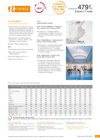 ..................................................................................................................................................................................................................................................................................................
263Compagnies aériennes susceptibles d’être utilisées pour ce voyage : Air Méditerranée, Tunisair, Nouvelair ou autres compagnies.
€
ttc
Tunis
Djerba
Code produit TNdjeala
Prix TTC par personne base chambre double en All Inclusive.
Nos prix comprennent
•	 Le transport aérien France / Djerba / France sur vols
spéciaux,
•	 Les taxes d’aéroports / carbone et frais de dossier : 98 €,
•	 Les transferts aéroport / hôtel / aéroport,
•	 L’hébergement 7 nuits en chambre double, en All Inclusive,
•	 L’assistance de nos représentants locaux.
Nos prix ne comprennent pas
•	 Les assurances annulation assistance rapatriement :
3,4 %,
•	 Les assurances retard de vol : 15 €,
•	 Les éventuelles hausses carburant,
•	 La taxe de sortie du territoire 30 dinars / personne, à
régler sur place.
•	 Transferts privatifs : 35 € / personne.
•	 Forfait bébé de 0 à moins de 2 ans : 80 €.
• Réduction spécifique pour les enfants :
- 1 adulte + 1 enfant dans la chambre du parent =
1 tarif adulte + 1 tarif 3ème
adulte.
all inclusive
La formule All Inclusive comprend
•	Grand restaurant principal avec terrasse
abritée par une pergola (selon conditions
climatiques). Petit déjeuner, déjeuner et
dîner proposés sous forme de buffet, les
boissons sont en self-service et servies
au verre aux restaurants et aux bars.
•	Restaurant à la carte (Chez Max) en
bord de mer : carte de « Mezze » avec
réservation (1 fois par séjour).
•	Goûter / Snacks : gâteaux secs.
Bars
•	Bar Réception/Lobby Bar avec terrasse
•	Bar Piscine (selon conditions
météorologiques)
•	Bar Latino payant de 20 h à 1 h
•	Café maure (café, thé,…).
SPA
(visite médicale incluse)
Cure « Forme et Détente » 3 soins par
jour : 3 jours : 134 € / 6 jours : 229 €
•	Chaque jour : 1 massage relaxant /
1 enveloppement d’algues ou douche à
affusion / hydromassage ou gommage
du corps
Cure « Santé Minceur » 3 soins par jour :
3 jours : 145 € / 6 jours : 258 €
•	Chaque jour : 1 enveloppement d’algues
ou enveloppement à la cire d’abeille
ou gommage du corps / 1 massage
anticellulite / 1 soin spécifique des jambes
ou hydro massages
Cure « Évasion Zen » 3 soins / jour :
3 jours 209 € / 6 jours 349 €
•	Chaque jour : gommage traditionnel
au hammam ou soin des cheveux et
cuir chevelu ou réflexologie plantaire,
massage mandara (à 4 mains) ou stone
massage (aux pierres chaudes) ou
hydromassage aux huiles essentielles,
douche à affusion ou soin du visage ou
enveloppement d’algues.
à partir de 4798 jours / 7 nuits
Départs compris entre le
et le
05 avr
08 avr
09 avr
15 avr
16 avr
22 avr
23 avr
29 avr
30 avr
06 mai
07 mai
24 juin
25 juin
01 juil
02 juil
29 juil
30 juil
26 août
27 août
02 sep
03 sep
16 sep
17 sep
30 sep
01 oct
14 oct
15 oct
28 oct
Paris 549 625 745 745 625 655 725 829 979 879 725 655 635 765
Lyon / Clermont-Ferrand 505 705 705 585 585 615 679 785 935 835 679 615 595 725
Marseille 479 559 559 679 679 589 655 765 909 809 655 589 569 699
Nice 485 559 559 679 679 589 659 765 915 815 659 589 569 699
Nantes 539 739 739 619 619 649 715 825 969 869 715 649 629 759
Toulouse 549 745 745 625 625 655 725 829 979 879 725 655 635 765
Strasbourg 535 619 609 729 729 639 705 815 959 859 705 639 619 749
Bordeaux 549 625 745 745 625 655 725 829 979 879 725 655 635 765
Terrestre seul 204 282 282 282 282 311 379 485 534 534 379 311 291 301
Supplément chambre individuelle 68 68 68 68 68 68 97 146 194 194 97 68 68 97
Réduction 3ème
adulte
(ado de 12 à 16 ans)
62 85 85 85 85 94 114 146 160 160 114 94 88 91
Réduction 1er
enfant 204 282 282 282 282 311 379 485 534 534 379 311 291 301
Réduction 2ème
enfant 102 141 141 141 141 156 190 243 267 267 190 156 146 151
Sup. Bungalow / sem. / pers. 30 30 30 30 30 30 30 30 30 30 30 30 30 30
*PREMIERS RÉSERVÉS, PREMIERS SERVIS
Jusqu’à 80 € de réduction par adulte. Exemple pour un départ du 05/04/15 au 31/10/15. Nombre de places limité. Autres dates, autres réductions : nous consulter.
RÉSER
VEZTÔT
- 80 €*
RÉSER
VEZTÔT
- 80 €*
PARTEZ
LE JEUDI À
PETIT PRIX
hors vacances scolaires
(nous consulter)
 