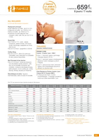 ..................................................................................................................................................................................................................................................................................................
265Compagnies aériennes susceptibles d’être utilisées pour ce voyage : Air Méditerranée, Tunisair, Nouvelair ou autres compagnies.
€
ttc
Tunis
Djerba
PARTEZ
LE JEUDI À
PETIT PRIX
hors vacances scolaires
(nous consulter)
Code produit TNDJELAI
Nos prix comprennent
•	 Le transport aérien France / Djerba / France sur vols
spéciaux,
•	 Les taxes d’aéroports / carbone et frais de dossier : 98 €,
•	 Les transferts aéroport / hôtel / aéroport,
•	 L’hébergement 7 nuits en chambre double, en All Inclusive,
•	 L’assistance de nos représentants locaux.
Nos prix ne comprennent pas
•	 Les assurances annulation assistance rapatriement : 3,4 %,
•	 Les assurances retard de vol : 15 €,
•	 Les éventuelles hausses carburant,
•	 La taxe de sortie du territoire 30 dinars / personne, à régler
sur place.
•	 Transferts privatifs : 35 € / personne.
•	 Forfait bébé de 0 à moins de 2 ans : 80 €.
•	 Réductions spécifiques pour les enfants :
- 1 adulte + 1 enfant dans la chambre du parent =
1 tarif adulte + 1 tarif 3ème
adulte.
- 2 adultes + 2 enfants dans 2 chambres séparées =
2 tarifs adultes + 2 tarifs 3ème
adulte.
all inclusive
La formule All Inclusive comprend
Restaurant principal
•	Petit déjeuner en buffet : de 6 h à 10 h
•	Déjeuner en buffet : de 12h30 à 14 h
•	Dîner en buffet : de 18h30 à 21 h.
•	Extension du petit déjeuner avec
croissant, cake, café, thé, jus, de 10 h à
11h30.
Snack-Bar
•	de 14h30 à 17 h : carte : salade
tunisienne, salade tomate, mini-pizza
ronde, hamburger, spaghettis au choix,
plat du jour
•	de 23 h à minuit : spaghettis à volonté.
Coffee Shop
•	de 20 h à 22 h : dîner à la carte aux
chandelles, avec réservation au préalable
et selon places disponibles.
Bar Principal et bar piscine
•	de 10 h à minuit : toutes les boissons
non alcoolisées (sodas pression, café,
thé, jus en bouteille concentré, eau
minérale + boissons alcoolisées locales,
bière pression, vin en carafe, gin, vodka,
Brandy, Whisky, Boukha et Thibarine).
Discothèque en extra : liqueurs
internationales, bière et soda en bouteille.
THALASSO
(examen médical inclus)
PROMO CURE
3 jours - 3 soins / jour : 166 €
•	Jour 1 : hammam vapeur, gommage,
massage relaxant 30 mn.
•	Jour 2 : hammam vapeur, enveloppement
ghassoul, hydro massage au sérum
d’algues.
•	Jour 3 : parcours bio-marin, hammam
vapeur, soin hydrothérapie (douche à
affusion ou douche à jet).
Cure Remise en Forme 4 soins / jour :
4 jours 341 € / 6 jours 496 €.
•	1 Parcours bio-marin. 2 soins
d’hydrothérapie. 1 massage complet du
corps aux huiles essentielles / jour.
à partir de 6598 jours / 7 nuits
Prix TTC par personne base chambre double en All Inclusive.
Départs compris entre le
et le
09 avr
15 avr
16 avr
22 avr
23 avr
29 avr
30 avr
06 mai
07 mai
01 juil
02 juil
29 juil
30 juil
19 août
20 août
26 août
27 août
14 oct
15 oct
28 oct
Paris 722 842 842 722 722 790 1 006 953 722 842
Lyon / Clermont-Ferrand 799 799 679 679 679 747 963 910 679 799
Marseille 659 659 775 775 659 723 939 887 659 775
Nice 659 659 777 777 659 725 941 888 659 777
Nantes 835 835 715 715 715 783 999 946 715 835
Toulouse 842 842 722 722 722 790 1 006 953 722 842
Strasbourg 705 705 825 825 705 773 989 937 705 825
Bordeaux 722 842 842 722 722 790 1 006 953 722 842
Terrestre seul 379 379 379 379 379 446 563 510 379 379
Supplément chambre individuelle 97 97 97 97 97 185 262 215 97 97
Réduction 3ème
adulte 114 114 114 114 114 134 169 153 114 114
Réduction 1er
enfant 379 379 379 379 379 446 563 510 379 379
Réduction 2ème
enfant 190 190 190 190 190 223 282 255 190 190
 