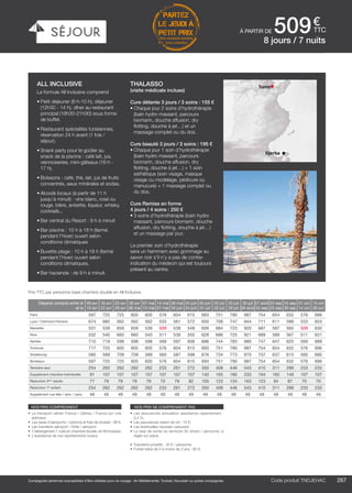 ..................................................................................................................................................................................................................................................................................................
267Code produit marakvil
€
ttc
Compagnies aériennes susceptibles d’être utilisées pour ce voyage : Air Méditerranée, Tunisair, Nouvelair ou autres compagnies.
Tunis
Djerba
PARTEZ
LE JEUDI À
PETIT PRIX
hors vacances scolaires
(nous consulter)
Code produit TNDJEHAC
nos prix comprennent
•	 Le transport aérien France / Djerba / France sur vols
spéciaux,
•	 Les taxes d’aéroports / carbone et frais de dossier : 98 €,
•	 Les transferts aéroport / hôtel / aéroport,
•	 L’hébergement 7 nuits en chambre double, en All Inclusive,
•	 L’assistance de nos représentants locaux.
nos prix ne comprennent pas
•	 Les assurances annulation assistance rapatriement :
3,4 %,
•	 Les assurances retard de vol : 15 €,
•	 Les éventuelles hausses carburant,
•	 La taxe de sortie du territoire 30 dinars / personne, à
régler sur place.
•	 Transferts privatifs : 35 € / personne.
•	 Forfait bébé de 0 à moins de 2 ans : 80 €.
Départs compris entre le
et le
09 avr
15 avr
16 avr
22 avr
23 avr
29 avr
30 avr
06 mai
07 mai
13 mai
14 mai
27 mai
28 mai
03 juin
04 juin
24 juin
25 juin
01 juil
02 juil
22 juil
23 juil
29 juil
30 juil
26 août
27 août
02 sep
03 sep
23 sep
24 sep
30 sep
01 oct
14 oct
15 oct
28 oct
Paris 597 725 725 605 605 576 604 615 693 751 790 987 754 654 632 576 696
Lyon / Clermont-Ferrand 674 682 562 562 562 533 561 572 650 708 747 944 711 611 589 533 653
Marseille 531 539 659 659 539 509 538 549 626 684 723 920 687 587 565 509 630
Nice 532 540 660 660 540 511 539 550 628 686 725 921 689 589 567 511 631
Nantes 710 718 598 598 598 569 597 608 686 744 783 980 747 647 625 569 689
Toulouse 717 725 605 605 605 576 604 615 693 751 790 987 754 654 632 576 696
Strasbourg 580 589 709 709 589 560 587 598 676 734 773 970 737 637 615 560 680
Bordeaux 597 725 725 605 605 576 604 615 693 751 790 987 754 654 632 576 696
Terrestre seul 254 262 262 262 262 233 261 272 350 408 446 543 410 311 289 233 233
Supplément chambre individuelle 91 107 107 107 107 107 107 107 140 165 185 233 194 165 149 107 107
Réduction 3ème
adulte 77 79 79 79 79 70 79 82 105 123 134 163 123 94 87 70 70
Réduction 1er
enfant 254 262 262 262 262 233 261 272 350 408 446 543 410 311 289 233 233
Supplément vue Mer / sem. / pers. 49 49 49 49 49 49 49 49 49 49 49 49 49 49 49 49 49
Prix TTC par personne base chambre double en All Inclusive.
8 jours / 7 nuits
à partir de 509
all inclusive
La formule All Inclusive comprend
•	Petit déjeuner (6 h-10 h), déjeuner
(12h30 - 14 h), dîner au restaurant
principal (18h30-21h30) sous forme
de buffet.
•	Restaurant spécialités tunisiennes,
réservation 24 h avant (1 fois /
séjour).
•	Snack party pour le goûter au
snack de la piscine : café lait, jus,
viennoiseries, mini-gâteaux (16 h -
17 h).
•	Boissons : café, thé, lait, jus de fruits
concentrés, eaux minérales et sodas.
•	Alcools locaux (à partir de 11 h
jusqu’à minuit) : vins blanc, rosé ou
rouge, bière, anisette, liqueur, whisky,
cocktails...
•	Bar central du Resort : 9 h à minuit
•	Bar piscine : 10 h à 18 h (fermé
pendant l’hiver) ouvert selon
conditions climatiques
•	Buvette plage : 10 h à 18 h (fermé
pendant l’hiver) ouvert selon
conditions climatiques.
•	Bar hacienda : de 9 h à minuit.
THALASSO
(visite médicale incluse)
Cure détente 3 jours / 3 soins : 155 €
•	Chaque jour 2 soins d’hydrothérapie
(bain hydro massant, parcours
biomarin, douche affusion, dry
flotting, douche à jet…) et un
massage complet ou du dos.
Cure beauté 3 jours / 3 soins : 195 €
•	Chaque jour 1 soin d’hydrothérapie
(bain hydro massant, parcours
biomarin, douche affusion, dry
flotting, douche à jet…) + 1 soin
esthétique (soin visage, masque
visage ou modelage, pédicure ou
manucure) + 1 massage complet ou
du dos.
Cure Remise en forme 
4 jours / 4 soins : 250 €
•	3 soins d’hydrothérapie (bain hydro
massant, parcours biomarin, douche
affusion, dry flotting, douche à jet…)
et un massage par jour.
Le premier soin d’hydrothérapie
sera un hammam avec gommage au
savon noir s’il n’y a pas de contre-
indication du médecin qui est toujours
présent au centre.
 