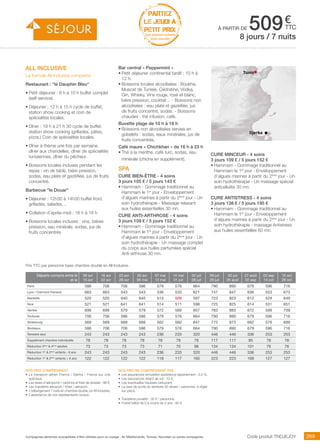 ..................................................................................................................................................................................................................................................................................................
269Compagnies aériennes susceptibles d’être utilisées pour ce voyage : Air Méditerranée, Tunisair, Nouvelair ou autres compagnies.
€
ttc
Tunis
Djerba
PARTEZ
LE JEUDI À
PETIT PRIX
hors vacances scolaires
(nous consulter)
Code produit TNDJEJOY
Nos prix comprennent
•	 Le transport aérien France / Djerba / France sur vols
spéciaux,
•	 Les taxes d’aéroports / carbone et frais de dossier : 98 €,
•	 Les transferts aéroport / hôtel / aéroport,
•	 L’hébergement 7 nuits en chambre double, en All Inclusive,
•	 L’assistance de nos représentants locaux.
Nos prix ne comprennent pas
•	 Les assurances annulation assistance rapatriement : 3,4 %,
•	 Les assurances retard de vol : 15 €,
•	 Les éventuelles hausses carburant,
•	 La taxe de sortie du territoire 30 dinars / personne, à régler
sur place.
•	 Transferts privatifs : 35 € / personne.
•	 Forfait bébé de 0 à moins de 2 ans : 80 €.
all inclusive
La formule All Inclusive comprend
Restaurant : “le Dauphin Bleu“
•	Petit déjeuner : 6 h à 10 h buffet complet
(self-service).
•	Déjeuner : 12 h à 15 h cycle de buffet,
station show cooking et coin de
spécialités locales.
•	Dîner : 19 h à 21 h 30 cycle de buffet,
station show cooking (grillades, pâtes,
pizza.) Coin de spécialités locales.
•	Dîner à thème une fois par semaine,
dîner aux chandelles, dîner de spécialités
tunisiennes, dîner du pêcheur.
•	Boissons locales incluses pendant les
repas : vin de table, bière pression,
sodas, eau plate et gazéifiée, jus de fruits
concentré.
Barbecue “le Douar”
•	Déjeuner : 12h30 à 14h30 buffet froid,
grillades, salades…
•	Collation d’après-midi : 16 h à 18 h
•	Boissons locales incluses : vins, bières
pression, eau minérale, sodas, jus de
fruits concentrés
Bar central « Peppermint »
•	Petit déjeuner continental tardif : 10 h à
12 h.
•	Boissons locales alcoolisées : Boukha,
Muscat de Tunisie, Cédratine, Vodka,
Gin, Whisky, Vins rouge, rosé et blanc,
bière pression, cocktail… - Boissons non
alcoolisées : eau plate et gazéifiée, jus
de fruits concentré, sodas. - Boissons
chaudes : thé infusion, café.
Buvette plage de 10 h à 18 h
•	Boissons non alcoolisées servies en
gobelets : sodas, eaux minérales, jus de
fruits concentrés.
Café maure « Chichkhan » de 16 h à 23 h 
•	Thé à la menthe, café turc, sodas, eau
minérale (chicha en supplément).
spa
CURE BIEN-ÊTRE - 4 soins
3 jours 105 € / 5 jours 143 €
•	Hammam - Gommage traditionnel au
Hammam le 1er
jour - Enveloppement
d’algues marines à partir du 2ème
jour - Un
soin hydrothérapie - Massage relaxant
aux huiles essentielles 30 mn.
CURE ANTI-ARTHROSE - 4 soins
3 jours 109 € / 5 jours 152 €
•	Hammam - Gommage traditionnel au
Hammam le 1er
jour - Enveloppement
d’algues marines à partir du 2ème
jour - Un
soin hydrothérapie - Un massage complet
du corps aux huiles parfumées spécial
Anti-arthrose 30 mn.
à partir de 5098 jours / 7 nuits
Prix TTC par personne base chambre double en All Inclusive.
CURE MINCEUR - 4 soins
3 jours 109 € / 5 jours 152 €
•	Hammam - Gommage traditionnel au
Hammam le 1er
jour - Enveloppement
d’algues marines à partir du 2ème
jour - Un
soin hydrothérapie - Un massage spécial
anticellulite 30 mn.
CURE ANTISTRESS - 4 soins
3 jours 138 € / 5 jours 195 €
•	Hammam - Gommage traditionnel au
Hammam le 1er
jour - Enveloppement
d’algues marines à partir du 2ème
jour - Un
soin hydrothérapie - massage Antistress
aux huiles essentielles 60 mn.
Départs compris entre le
et le
09 avr
15 avr
16 avr
22 avr
23 avr
29 avr
30 avr
06 mai
07 mai
13 mai
14 mai
01 juil
02 juil
08 juil
09 juil
29 juil
30 juil
26 août
27 août
02 sep
03 sep
14 oct
15 oct
28 oct
Paris 586 706 706 586 579 576 664 790 890 679 596 716
Lyon / Clermont-Ferrand 663 663 543 543 536 533 621 747 847 636 553 673
Marseille 520 520 640 640 513 509 597 723 823 612 529 649
Nice 521 521 641 641 514 511 598 725 825 614 531 651
Nantes 699 699 579 579 572 569 657 783 883 672 589 709
Toulouse 706 706 586 586 579 576 664 790 890 679 596 716
Strasbourg 569 569 689 689 562 560 647 773 873 662 579 699
Bordeaux 586 706 706 586 579 576 664 790 890 679 596 716
Terrestre seul 243 243 243 243 236 233 320 446 446 336 253 253
Supplément chambre individuelle 78 78 78 78 78 78 78 117 117 95 78 78
Réduction 3ème
 4ème
adultes 73 73 73 73 71 70 96 134 134 101 76 76
Réduction 1er
 2ème
enfants - 6 ans 243 243 243 243 236 233 320 446 446 336 253 253
Réduction 1er
 2ème
enfants + 6 ans 122 122 122 122 118 117 160 223 223 168 127 127
 