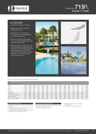 ..................................................................................................................................................................................................................................................................................................
27
€
ttc
Compagnies aériennes susceptibles d’être utilisées pour ce voyage : Air Méditerranée, Transavia, Vueling, Volotea, Travel Service ou autres compagnies.
Lanzarote
Playa Blanca
nos prix comprennent
•	 Le transport aérien France / Lanzarote / France sur vols
spéciaux,
•	 Les taxes d’aéroports / carbone et frais de dossier : 90 €,
•	 Les transferts aéroport /hôtel / aéroport,
•	 L’hébergement 7 nuits en chambre double en All Inclusive,
•	 L’assistance de nos représentants locaux.
nos prix ne comprennent pas
•	 L’assurance annulation, assistance, rapatriement : 3,4 %,
•	 L’assurance retard de vol : 15 €,
•	 Les éventuelles hausses carburant.
•	 Transferts privatifs (minimum 2 personnes) :
85 € / personne.
•	 Forfait bébé de 0 à moins de 2 ans : 80 €.
à partir de 719
Départs compris entre le
et le
09 avr
15 avr
16 avr
22 avr
23 avr
29 avr
30 avr
06 mai
07 mai
13 mai
14 mai
27 mai
28 mai
01 juil
02 juil
22 juil
23 juil
29 juil
30 juil.
19 août
20 août
26 août
27 août
02 sep
03 sep
23 sep
24 sep
14 oct
15 oct
28 oct
Paris 939 1 099 1 099 979 959 839 719 889 939 1 089 989 719 799 719 1 069
Lyon 1 079 1 099 959 979 959 839 719 889 939 1 089 989 719 799 719 1 069
Nantes 1 079 1 099 959 979 959 839 719 889 939 1 089 989 719 799 719 1 069
Toulouse 1 079 1 099 959 979 959 839 719 889 939 1 089 989 719 799 719 1 069
Terrestre seul 506 525 525 525 457 399 282 457 506 554 506 282 360 282 554
Sup. chambre individuelle 354 368 368 368 320 279 197 320 354 388 354 197 252 197 388
Réduc. 3ème
adulte 152 158 158 158 137 120 85 137 152 166 152 85 108 85 166
Réduc. 1er
et 2ème
enfants 253 263 263 263 228 199 141 228 253 277 253 141 180 141 277
Prix TTC par personne base chambre double en All Inclusive.
Code produit ESACETRO
all inclusive
La formule All Inclusive comprend
•	Repas sous forme de buffets au
restaurant principal.
•	Snack de 10 h à 18 h avec jus
concentrés, eau, rafraîchissements,
vin local, bière pression.
•	Boissons locales durant les repas :
eau, vins maison, bière pression, soft
drinks et jus concentrés.
•	Boissons locales aux bars de 10 h à
minuit selon leurs horaires respectifs :
boissons de la carte All Inclusive avec
rafraîchissements, jus concentrés,
eau, sangria, bière pression, liqueurs,
spiritueux, vins, cocktails avec et
sans alcool, café, thé.
8 jours / 7 nuits
 