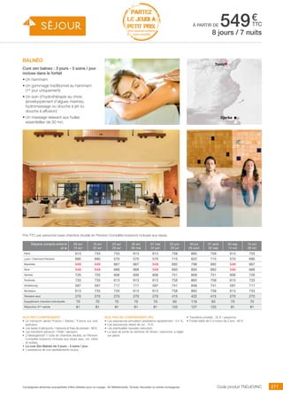 ..................................................................................................................................................................................................................................................................................................
271Compagnies aériennes susceptibles d’être utilisées pour ce voyage : Air Méditerranée, Tunisair, Nouvelair ou autres compagnies.
€
ttc
Tunis
Djerba
PARTEZ
LE JEUDI À
PETIT PRIX
hors vacances scolaires
(nous consulter)
Code produit TNDJEVINC
Prix TTC par personne base chambre double en Pension Complète boissons incluses aux repas.
Nos prix comprennent
•	 Le transport aérien France / Djerba / France sur vols
spéciaux,
•	 Les taxes d’aéroports / carbone et frais de dossier : 98 €,
•	 Les transferts aéroport / hôtel / aéroport,
•	 L’hébergement 7 nuits en chambre double, en Pension
Complète boissons incluses aux repas (eau, vin, bière
et sodas),
•	 La cure Zen Balnéo de 3 jours - 3 soins / jour,
•	 L’assistance de nos représentants locaux.
Nos prix ne comprennent pas
•	 Les assurances annulation assistance rapatriement : 3,4 %,
•	 Les assurances retard de vol : 15 €,
•	 Les éventuelles hausses carburant,
•	 La taxe de sortie du territoire 30 dinars / personne, à régler
sur place.
•	 Transferts privatifs : 35 € / personne.
•	 Forfait bébé de 0 à moins de 2 ans : 80 €.
BALNéO
Cure zen balneo : 3 jours - 3 soins / jour
incluse dans le forfait
•	Un hammam
•	Un gommage traditionnel au hammam
(1er
jour uniquement)
•	Un soin d’hydrothérapie au choix
(enveloppement d’algues marines,
hydromassage ou douche à jet ou
douche à affusion)
•	Un massage relaxant aux huiles
essentielles de 30 mn.
à partir de 5498 jours / 7 nuits
Départs compris entre le
et le
09 avr
15 avr
16 avr
22 avr
23 avr
29 avr
30 avr
06 mai
07 mai
24 juin
25 juin
29 juil
30 juil
26 août
27 août
02 sep
03 sep
14 oct
15 oct
28 oct
Paris 613 733 733 613 613 758 865 758 613 733
Lyon / Clermont-Ferrand 690 690 570 570 570 715 822 715 570 690
Marseille 549 549 667 667 549 692 798 692 549 667
Nice 549 549 668 668 549 693 800 693 549 668
Nantes 726 726 606 606 606 751 858 751 606 726
Toulouse 733 733 613 613 613 758 865 758 613 733
Strasbourg 597 597 717 717 597 741 848 741 597 717
Bordeaux 613 733 733 613 613 758 865 758 613 733
Terrestre seul 270 270 270 270 270 415 422 415 270 270
Supplément chambre individuelle 70 70 70 70 70 93 116 93 70 70
Réduction 3ème
adulte 81 81 81 81 81 125 127 125 81 81
 