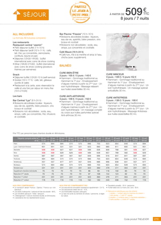 ..................................................................................................................................................................................................................................................................................................
273Compagnies aériennes susceptibles d’être utilisées pour ce voyage : Air Méditerranée, Tunisair, Nouvelair ou autres compagnies.
€
ttc
Tunis
Djerba
PARTEZ
LE JEUDI À
PETIT PRIX
hors vacances scolaires
(nous consulter)
Code produit TNDJEVDR
Nos prix comprennent
•	 Le transport aérien France / Djerba / France sur vols
spéciaux,
•	 Les taxes d’aéroports / carbone et frais de dossier : 98 €,
•	 Les transferts aéroport / hôtel / aéroport,
•	 L’hébergement 7 nuits en chambre double, en All Inclusive,
•	 L’assistance de nos représentants locaux.
Nos prix ne comprennent pas
•	 Les assurances annulation assistance rapatriement : 3,4 %,
•	 Les assurances retard de vol : 15 €,
•	 Les éventuelles hausses carburant,
•	 La taxe de sortie du territoire 30 dinars / personne, à régler
sur place.
•	 Transferts privatifs : 35 € / personne.
•	 Forfait bébé de 0 à moins de 2 ans : 80 €.
•	 Réductions spécifiques pour les enfants :
- 1 adulte + 1 enfant dans la chambre du parent =
1 tarif adulte + 1 tarif 3ème
adulte.
- 2 adultes + 2 enfants dans 2 chambres séparées =
2 tarifs adultes + 2 tarifs 3ème
adulte.
all inclusive
La formule All Inclusive comprend
Les restaurants
Restaurant central “Jasmin”
•	Petit déjeuner buffet (7 h-10 h)
•	Petit déjeuner tardif (10 h-11 h) : café,
lait, thé, jus concentrés, viennoiserie,
confiture, beurre et pain
•	Déjeuner (12h30-14h30) : buffet
international avec coins de show cooking
•	Dîner (19h30-21h30) : buffet international
avec coins de show cooking (plusieurs
thèmes par semaines)
Snack
•	Déjeuner buffet (12h30-15 h) (self-service)
•	Goûter (16 h-17 h) : café, lait, gâteaux
sucrés et salés
•	Restaurant à la carte, avec réservation la
veille et une fois par séjour en menu fixe
(19 h-21h30)
Les bars
Bar Central “Lys” (8 h-24 h) :
•	Boissons alcoolisées locales : liqueurs,
eau-de-vie, apéritifs, bière pression, vins
locaux et cocktail
•	Boissons non alcoolisées : soda, eau,
sirops, café, jus concentrés, thé, infusions
et cocktails
Bar Piscine “Freezia” (10 h-18 h)
•	Boissons alcoolisées locales : liqueurs,
eau-de-vie, apéritifs, bière pression, vins
locaux et cocktail
•	Boissons non alcoolisées : soda, eau,
sirops, jus concentrés et cocktails
Café Maure (16 h-24 h)
•	Café turc, thé à la menthe et sirop à l’eau,
chicha (avec supplément)
Balnéo
CURE BIEN-ÊTRE
3 jours : 105 € / 5 jours : 143 €
•	Hammam - Gommage traditionnel au
Hammam le 1er
jour - Enveloppement
d’algues marines à partir du 2ème
jour - Un
soin hydrothérapie - Massage relaxant
aux huiles essentielles 30 mn.
CURE ANTI-ARTHROSE
3 jours : 109 € / 5 jours : 152 €
•	Hammam - Gommage traditionnel au
Hammam le 1er
jour - Enveloppement
d’algues marines à partir du 2ème
jour - Un
soin hydrothérapie - Un massage complet
du corps aux huiles parfumées spécial
Anti-arthrose 30 mn.
à partir de 5098 jours / 7 nuits
Prix TTC par personne base chambre double en All Inclusive.
CURE MINCEUR
3 jours : 109 € / 5 jours 152 €
•	Hammam - Gommage traditionnel au
Hammam le 1er
jour - Enveloppement
d’algues marines à partir du 2ème
jour - Un
soin hydrothérapie - Un massage spécial
anticellulite 30 mn.
CURE ANTISTRESS
3 jours : 138 € / 5 jours : 195 €
•	Hammam - Gommage traditionnel au
Hammam le 1er
jour - Enveloppement
d’algues marines à partir du 2ème
jour - Un
soin hydrothérapie - Massage Antistress
aux huiles essentielles 60 mn.
Départs compris entre le
et le
09 avr
15 avr
16 avr
22 avr
23 avr
29 avr
30 avr
06 mai
07 mai
24 juin
25 juin
01 juil
02 juil
29 juil
30 juil
19 août
20 août
26 août
27 août
02 sep
03 sep
14 oct
15 oct
28 oct
Paris 574 694 694 574 574 666 703 923 854 648 574 694
Lyon / Clermont-Ferrand 651 651 531 531 531 623 660 880 811 605 531 651
Marseille 509 509 627 627 509 599 636 856 788 581 509 627
Nice 509 509 629 629 509 599 638 857 789 582 509 629
Nantes 687 687 567 567 567 659 696 916 847 641 567 687
Toulouse 694 694 574 574 574 666 703 923 854 648 574 694
Strasbourg 557 557 677 677 557 649 686 906 838 631 557 677
Bordeaux 574 694 694 574 574 666 703 923 854 648 574 694
Terrestre seul 231 231 231 231 231 323 360 479 411 304 231 231
Supplément chambre individuelle 70 70 70 70 70 86 93 116 102 83 70 70
Réduction 3ème
adulte 70 70 70 70 70 97 108 144 124 92 70 70
Réduction 1er
enfant 231 231 231 231 231 323 360 479 411 304 231 231
Réduction 2ème
enfant 116 116 116 116 116 162 180 240 206 152 116 116
 