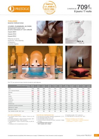 ..................................................................................................................................................................................................................................................................................................
279Compagnies aériennes susceptibles d’être utilisées pour ce voyage : Air Méditerranée, Tunisair, Nouvelair ou autres compagnies.
€
ttc
Tunis
Djerba
PARTEZ
LE JEUDI À
PETIT PRIX
hors vacances scolaires
(nous consulter)
Code produit TNDJEULY
Nos prix comprennent
•	 Le transport aérien France / Djerba / France sur vols
spéciaux,
•	 Les taxes d’aéroports / carbone et frais de dossier : 98 €,
•	 Les transferts aéroport / hôtel / aéroport,
•	 L’hébergement 7 nuits en chambre double, en petit dé-
jeuner,
•	 L’assistance de nos représentants locaux.
Nos prix ne comprennent pas
•	 Les assurances annulation assistance rapatriement : 3,4 %,
•	 Les assurances retard de vol : 15 €,
•	 Les éventuelles hausses carburant,
•	 La taxe de sortie du territoire 30 dinars / personne, à régler
sur place,
•	 Le supplément demi-pension :
126 € / adulte, 63 € / enfant.
•	 Transferts privatifs : 35 € / personne.
•	 Forfait bébé de 0 à moins de 2 ans : 80 €.
• Réduction spécifique pour les enfants :
2 adultes + 2 enfants dans 2 chambres séparées =
2 tarifs adultes + 2 tarifs 3ème
adulte.
THALASSO
(examen médical inclus)
4 CURES «CLASSIQUES» AU CHOIX
Comprenant 4 soins / jour
(3 soins individuels et 1 soin collectif)
3 jours 320 €
4 jours 415 €
6 jours 570 €
•	Remise en forme.
•	Arthrose / Rhumatismes.
•	Relaxation.
•	Jambes légères.
à partir de 7098 jours / 7 nuits
Prix TTC par personne base chambre double en petit déjeuner.
Départs compris entre le
et le
09 avr
15 avr
16 avr
22 avr
23 avr
29 avr
30 avr
06 mai
07 mai
01 juil
02 juil
29 juil
30 juil
26 août
27 août
09 sep
10 sep
16 sep
17 sep
14 oct
15 oct
28 oct
Paris 775 895 895 775 775 877 977 877 790 775 895
Lyon / Clermont-Ferrand 852 852 732 732 732 834 934 834 747 732 852
Marseille 709 709 829 829 709 810 910 810 723 709 829
Nice 709 709 830 830 709 812 912 812 725 709 830
Nantes 888 888 768 768 768 870 970 870 783 768 888
Toulouse 895 895 775 775 775 877 977 877 790 775 895
Strasbourg 758 758 878 878 758 860 960 860 773 758 878
Bordeaux 775 895 895 775 775 877 977 877 790 775 895
Terrestre seul 432 432 432 432 432 534 534 534 446 432 432
Supplément chambre individuelle 68 68 68 68 68 194 194 194 86 68 68
Réduction 3ème
adulte 87 87 87 87 87 107 107 107 90 87 87
Réduction 1 enfant 216 216 216 216 216 267 267 267 223 216 216
Sup. chambre vue Mer / sem. / pers. 92 92 92 92 92 88 88 88 92 92 92
 