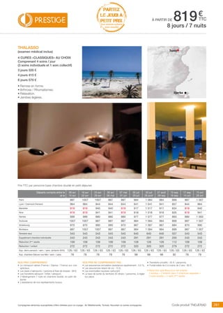 ..................................................................................................................................................................................................................................................................................................
281Compagnies aériennes susceptibles d’être utilisées pour ce voyage : Air Méditerranée, Tunisair, Nouvelair ou autres compagnies.
€
ttc
Tunis
Djerba
PARTEZ
LE JEUDI À
PETIT PRIX
hors vacances scolaires
(nous consulter)
Code produit TNDJERAD
Nos prix comprennent
•	 Le transport aérien France / Djerba / France sur vols
spéciaux,
•	 Les taxes d’aéroports / carbone et frais de dossier : 98 €,
•	 Les transferts aéroport / hôtel / aéroport,
•	 L’hébergement 7 nuits en chambre double, en petit dé-
jeuner,
•	 L’assistance de nos représentants locaux.
Nos prix ne comprennent pas
•	 Les assurances annulation assistance rapatriement : 3,4 %,
•	 Les assurances retard de vol : 15 €,
•	 Les éventuelles hausses carburant,
•	 La taxe de sortie du territoire 30 dinars / personne, à régler
sur place.
•	 Transferts privatifs : 35 € / personne.
•	 Forfait bébé de 0 à moins de 2 ans : 80 €.
• Réduction spécifique pour les enfants :
2 adultes + 2 enfants dans 2 chambres séparées =
2 tarifs adultes + 2 tarifs 3ème
adulte.
THALASSO
(examen médical inclus)
4 CURES «CLASSIQUES» AU CHOIX
Comprenant 4 soins / jour
(3 soins individuels et 1 soin collectif)
3 jours 320 €
4 jours 415 €
6 jours 570 €
•	Remise en forme.
•	Arthrose / Rhumatismes.
•	Relaxation.
•	Jambes légères.
à partir de 8198 jours / 7 nuits
Prix TTC par personne base chambre double en petit déjeuner.
Départs compris entre le
et le
09 avr
15 avr
16 avr
22 avr
23 avr
29 avr
30 avr
06 mai
07 mai
01 juil
02 juil
29 juil
30 juil
26 août
27 août
09 sep
10 sep
16 sep
17 sep
14 oct
15 oct
28 oct
Paris 887 1007 1007 887 887 984 1 084 984 899 887 1 007
Lyon / Clermont-Ferrand 964 964 844 844 844 941 1 041 941 857 844 964
Marseille 819 819 940 940 819 917 1 017 917 834 819 940
Nice 819 819 941 941 819 918 1 018 918 835 819 941
Nantes 999 999 880 880 880 977 1 077 977 893 880 1 000
Toulouse 1007 1007 887 887 887 984 1 084 984 899 887 1 007
Strasbourg 870 870 990 990 870 967 1 067 967 884 870 990
Bordeaux 887 1007 1007 887 887 984 1 084 984 899 887 1 007
Terrestre seul 543 543 543 543 543 640 640 640 557 543 543
Supplément chambre individuelle 243 243 243 243 243 291 291 291 250 243 243
Réduction 3ème
adulte 109 109 109 109 109 128 128 128 112 109 109
Réduction 1 enfant 272 272 272 272 272 320 320 320 279 272 272
Sup. demi-pension / sem. / pers. (enfants 50%) 126 / 63 126 / 63 126 / 63 126 / 63 126 / 63 126 / 63 126 / 63 126 / 63 126 / 63 126 / 63 126 / 63
Sup. chambre Deluxe vue Mer / sem. / pers. 78 78 78 78 78 98 98 98 92 78 78
 