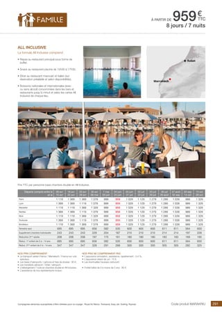 ..................................................................................................................................................................................................................................................................................................
291Compagnies aériennes susceptibles d’être utilisées pour ce voyage : Royal Air Maroc, Transavia, Easy Jet, Vueling, Ryanair.
€
ttc
Nos prix comprennent
•	 Le transport aérien France / Marrakech / France sur vols
spéciaux,
•	 Les taxes d’aéroports / carbone et frais de dossier : 90 €,
•	 Les transferts aéroport / hôtel / aéroport,
•	 L’hébergement 7 nuits en chambre double en All Inclusive,
•	 L’assistance de nos représentants locaux.
Nos prix ne comprennent pas
•	 L’assurance annulation, assistance, rapatriement : 3,4 %,
•	 L’assurance retard de vol : 15 €,
•	 Les éventuelles hausses carburant.
•	 Forfait bébé de 0 à moins de 2 ans : 80 €.
à partir de 959
Départs compris entre le
et le
09 avr
15 avr
16 avr
22 avr
23 avr
29 avr
30 avr
06 mai
7 mai
03 juin
04 juin
24 juin
25 juin
01 juil
02 juil
22 juil
23 juil
29 juil
30 juil
26 août
27 août
02 sep
03 sep
14 oct
15 oct
28 oct
Paris 1 119 1 369 1 369 1 079 999 959 1 029 1 129 1 279 1 289 1 039 989 1 329
Lyon 1 369 1 369 1 119 1 079 999 959 1 029 1 129 1 279 1 289 1 039 989 1 329
Marseille 1 119 1 119 1 369 1 329 999 959 1 029 1 129 1 279 1 289 1 039 989 1 329
Nantes 1 369 1 369 1 119 1 079 999 959 1 029 1 129 1 279 1 289 1 039 989 1 329
Nice 1 119 1 119 1 369 1 329 999 959 1 029 1 129 1 279 1 289 1 039 989 1 329
Toulouse 1 369 1 369 1 119 1 079 999 959 1 029 1 129 1 279 1 289 1 039 989 1 329
Bordeaux 1 119 1 369 1 369 1 079 999 959 1 029 1 129 1 279 1 289 1 039 989 1 329
Terrestre seul 695 695 695 656 582 535 600 600 600 611 611 564 650
Supplément chambre individuelle 243 243 243 229 204 187 210 210 210 214 214 197 228
Réduction 3ème
adulte 208 208 208 197 175 161 180 180 180 183 183 169 195
Réduc. 1er
enfant de 2 à - 14 ans 695 695 695 656 582 535 600 600 600 611 611 564 650
Réduc. 2ème
enfant de 2 à - 14 ans 347 347 347 328 291 268 300 300 300 305 305 282 325
Prix TTC par personne base chambre double en All Inclusive.
Code produit MARAKRIU
all inclusive
La formule All Inclusive comprend
•	Repas au restaurant principal sous forme de
buffet.
•	Snack au restaurant piscine de 15h30 à 17h30.
•	Dîner au restaurant marocain et italien (sur
réservation préalable et selon disponibilités).
•	Boissons nationales et internationales (avec
ou sans alcool) consommées dans les bars et
restaurants jusqu’à minuit et selon les cartes All
Inclusive de chaque lieu.
8 jours / 7 nuits
Rabat
Marrakech
 