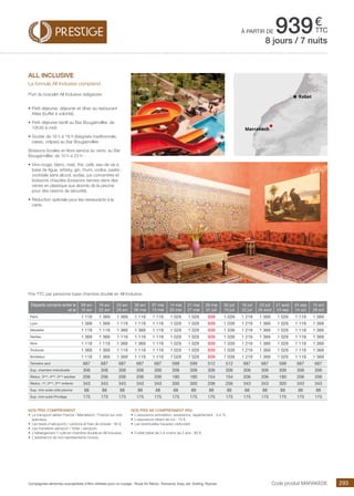 ..................................................................................................................................................................................................................................................................................................
293Compagnies aériennes susceptibles d’être utilisées pour ce voyage : Royal Air Maroc, Transavia, Easy Jet, Vueling, Ryanair.
€
ttcà partir de 939
Code produit marakEDE
Nos prix comprennent
•	 Le transport aérien France / Marrakech / France sur vols
spéciaux,
•	 Les taxes d’aéroports / carbone et frais de dossier : 90 €,
•	 Les transferts aéroport / hôtel / aéroport,
•	 L’hébergement 7 nuits en chambre double en All Inclusive,
•	 L’assistance de nos représentants locaux.
Nos prix ne comprennent pas
•	 L’assurance annulation, assistance, rapatriement : 3,4 %,
•	 L’assurance retard de vol : 15 €,
•	 Les éventuelles hausses carburant.
•	 Forfait bébé de 0 à moins de 2 ans : 80 €.
Prix TTC par personne base chambre double en All Inclusive.
all inclusive
La formule All Inclusive comprend
Port du bracelet All Inclusive obligatoire
•	Petit déjeuner, déjeuner et dîner au restaurant
Atlas (buffet à volonté).
•	Petit déjeuner tardif au Bar Bougainvillier, de
10h30 à midi.
•	Goûter de 16 h à 18 h (beignets traditionnels,
cakes, crêpes) au Bar Bougainvillier.
Boissons locales en libre-service au verre, au Bar
Bougainvillier, de 10 h à 23 h :
•	Vins rouge, blanc, rosé, thé, café, eau de vie à
base de figue, whisky, gin, rhum, vodka, pastis ;
cocktails sans alcool, sodas, jus concentrés et
boissons chaudes (boissons servies dans des
verres en plastique aux abords de la piscine
pour des raisons de sécurité).
•	Réduction spéciale pour les restaurants à la
carte.
8 jours / 7 nuits
Rabat
Marrakech
Départs compris entre le
et le
09 avr
15 avr
16 avr
22 avr
23 avr
29 avr
30 avr
06 mai
07 mai
13 mai
14 mai
20 mai
21 mai
27 mai
28 mai
01 juil
02 juil
15 juil
16 juil
22 juil
23 juil
26 août
27 août
23 sep
24 sep
14 oct
15 oct
28 oct
Paris 1 119 1 369 1 369 1 119 1 119 1 029 1 029 939 1 039 1 219 1 369 1 029 1 119 1 369
Lyon 1 369 1 369 1 119 1 119 1 119 1 029 1 029 939 1 039 1 219 1 369 1 029 1 119 1 369
Marseille 1 119 1 119 1 369 1 369 1 119 1 029 1 029 939 1 039 1 219 1 369 1 029 1 119 1 369
Nantes 1 369 1 369 1 119 1 119 1 119 1 029 1 029 939 1 039 1 219 1 369 1 029 1 119 1 369
Nice 1 119 1 119 1 369 1 369 1 119 1 029 1 029 939 1 039 1 219 1 369 1 029 1 119 1 369
Toulouse 1 369 1 369 1 119 1 119 1 119 1 029 1 029 939 1 039 1 219 1 369 1 029 1 119 1 369
Bordeaux 1 119 1 369 1 369 1 119 1 119 1 029 1 029 939 1 039 1 219 1 369 1 029 1 119 1 369
Terrestre seul 687 687 687 687 687 599 599 512 512 687 687 599 687 687
Sup. chambre individuelle 306 306 306 306 306 306 306 306 306 306 306 306 306 306
Réduc. 3ème
, 4ème
, 5ème
adultes 206 206 206 206 206 180 180 154 154 206 206 180 206 206
Réduc. 1er
, 2ème
, 3ème
enfants 343 343 343 343 343 300 300 256 256 343 343 300 343 343
Sup. mini suite côté piscine 88 88 88 88 88 88 88 88 88 88 88 88 88 88
Sup. mini suite Privilège 175 175 175 175 175 175 175 175 175 175 175 175 175 175
 