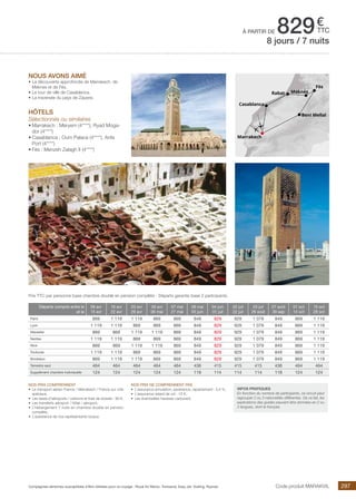 ..................................................................................................................................................................................................................................................................................................
297Compagnies aériennes susceptibles d’être utilisées pour ce voyage : Royal Air Maroc, Transavia, Easy Jet, Vueling, Ryanair.
€
ttcà partir de 829
Code produit MARAKVIL
Prix TTC par personne base chambre double en pension complète - Départs garantis base 2 participants.
Nos prix comprennent
•	 Le transport aérien France / Marrakech / France sur vols
spéciaux,
•	 Les taxes d’aéroports / carbone et frais de dossier : 90 €,
•	 Les transferts aéroport / hôtel / aéroport,
•	 L’hébergement 7 nuits en chambre double en pension
complète,
•	 L’assistance de nos représentants locaux.
Nos prix ne comprennent pas
•	 L’assurance annulation, assistance, rapatriement : 3,4 %,
•	 L’assurance retard de vol : 15 €,
•	 Les éventuelles hausses carburant.
NOUS AVONS AIMé
•	La découverte approfondie de Marrakech, de
Meknes et de Fès.
•	Le tour de ville de Casablanca.
•	La traversée du pays de Zayane.
hôtels
Sélectionnés ou similaires
•	Marrakech : Meryem (4****), Ryad Moga-
dor (4****)
•	Casablanca : Oum Palace (4****), Anfa
Port (4****)
•	Fès : Menzeh Zalagh II (4****)
8 jours / 7 nuits
MeknèsRabat
Marrakech
Casablanca
Beni Mellal
Fès
INFOS PRATIQUES
En fonction du nombre de participants, ce circuit peut
regrouper 2 ou 3 nationalités différentes. De ce fait, les
explications des guides peuvent être données en 2 ou
3 langues, dont le français.
Départs compris entre le
et le
09 avr
15 avr
16 avr
22 avr
23 avr
29 avr
30 avr
06 mai
07 mai
27 mai
28 mai
03 juin
04 juin
01 juil
02 juil
22 juil
23 juil
26 août
27 août
30 sep
01 oct
14 oct
15 oct
28 oct
Paris 869 1 119 1 119 869 869 849 829 929 1 079 849 869 1 119
Lyon 1 119 1 119 869 869 869 849 829 929 1 079 849 869 1 119
Marseille 869 869 1 119 1 119 869 849 829 929 1 079 849 869 1 119
Nantes 1 119 1 119 869 869 869 849 829 929 1 079 849 869 1 119
Nice 869 869 1 119 1 119 869 849 829 929 1 079 849 869 1 119
Toulouse 1 119 1 119 869 869 869 849 829 929 1 079 849 869 1 119
Bordeaux 869 1 119 1 119 869 869 849 829 929 1 079 849 869 1 119
Terrestre seul 464 464 464 464 464 436 415 415 415 436 464 464
Supplément chambre individuelle 124 124 124 124 124 118 114 114 114 118 124 124
 