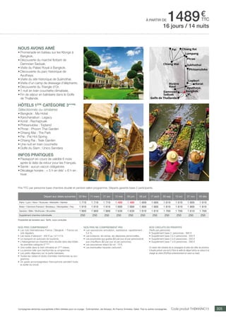 ..................................................................................................................................................................................................................................................................................................
305
€
ttcà partir de 1489
Prix TTC par personne base chambre double et pension selon programme. Départs garantis base 2 participants.
Code produit THBKKINC15Compagnies aériennes susceptibles d’être utilisées pour ce voyage : Turkmenistan, Jet Airways, Air France, Emirates, Qatar, Thai ou autres compagnies.
Nos prix comprennent
•	 Les vols internationaux France / Bangkok / France sur
vols réguliers,
•	 Les taxes d’aéroport : 450 € au 14/11/14,
•	 Le transport en autocars de tourisme,
•	 L’hébergement en chambre demi-double dans des hôtels
de première catégorie 3***(nl)
,
•	 Une nuitée dans le train climatisé en 2ème
classe,
•	 La pension telle que mentionnée au programme,
•	 Les petits déjeuners sur la partie balnéaire,
•	 Toutes les visites et droits d’entrées mentionnés au pro-
gramme,
•	 Un guide accompagnateur francophone pendant toute
la durée du circuit.
Nos prix ne comprennent pas
•	 Les assurances annulation, assistance, rapatriement :
3,4 %,
•	 Les boissons, les extras, les dépenses personnelles,
•	 Les pourboires aux guides ($3 par jour et par personne) et
aux chauffeurs ($2 par jour et par personne),
•	 Les assurances retard de vol : 15 €,
•	 Les éventuelles hausses carburant.
Nos circuits en privatifs
(Tarifs par personne)
•	 Supplément base 2 personnes : 990 €
•	 Supplément base 3 à 4 personnes : 550 €
•	 Supplément base 5 à 6 personnes : 350 €
•	 Supplément base 7 à 9 personnes : 290 €
En raison des horaires de la compagnie et selon les villes de province,
il faudra prévoir une nuit à Paris la veille du départ (et/ou au retour) à la
charge du client (Pré/Post acheminement en avion ou train).
NOUS AVONS AIMé
•	Promenade en bateau sur les Klongs à
Bangkok.
•	Découverte du marché flottant de
Damnoen Saduak.
•	Visite du Palais Royal à Bangkok.
•	Découverte du parc historique de
Ayuthaya.
•	Visite du site historique de Sukhothai.
•	Visite d’un camp de dressage d’éléphants.
•	Découverte du Triangle d’Or.
•	1 nuit en train couchette climatisée.
•	Fin de séjour en balnéaire dans le Golfe
de Thaïlande.
hôtels 1ère
catégorie 3***NL
Sélectionnés ou similaires
•	Bangkok : Ma Hotel
•	Kanchanaburi : Legacy
•	Korat : Rachapruek
•	Phitsanuloke : Topland
•	Phrae : Phoom Thai Garden
•	Chiang Mai : The Park
•	Pai : Pai Hot Spring
•	Chiang Rai : Teak Garden
•	Une nuit en train couchette
•	Golfe du Siam : Unico Sandara
infos pratiques
•	Passeport en cours de validité 6 mois
après la date de retour pour les Français.
•	Santé : aucun vaccin obligatoire.
•	Décalage horaire : + 5 h en été/ + 6 h en
hiver
16 jours / 14 nuits
Damnoen
Saduak
Rivière
Kwaï
Bangkok
Ayuthaya
Korat
Lopburi
Phitsanuloke
SukhothaiChiang Mai
Chiang Rai
Lampang
Phrae
Golfe de Thaïlande
Pai
Départ aux dates suivantes 03 févr 11 mars 21 avr 12 mai 09 juin 06 juil 17 août 05 sep 10 oct 07 nov 05 déc
Paris / Lyon / Nice / Toulouse / Marseille / Nantes 1 719 1 719 1 719 1 489 1 489 1 669 1 669 1 619 1 619 1 669 1 619
Brest / Clermont-Ferrand / Bordeaux / Montpellier / Pau 1 919 1 919 1 919 1 689 1 689 1 869 1 869 1 819 1 819 1 869 1 819
Genève / Bâle / Mulhouse / Bruxelles 1 869 1 869 1 869 1 639 1 639 1 819 1 819 1 769 1 769 1 819 1 769
Supplément chambre individuelle 250 250 250 250 250 250 250 250 250 250 250
Possibilité de terrestre seul. Tarifs, nous consulter.
 