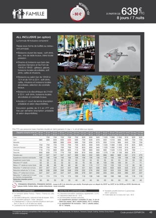 ..................................................................................................................................................................................................................................................................................................
43Code produit marakvil
€
ttcà partir de 639
Prix TTC par personne base chambre double en demi-pension (¼ eau + ¼ vin et bière aux repas).
Compagnies aériennes susceptibles d’être utilisées pour ce voyage : Air Méditerranée, Air Nostrum, Transavia, Easyjet, Vueling, Volotea, Europ Airpost
ou autres compagnies. Code produit ESPMIFON
•	 Transferts privatifs (minimum 2 personnes) :
165 € / personne.
•	 Forfait bébé de 0 à moins de 2 ans : 80 €.
nos prix comprennent
•	 Le transport aérien France / Palma / France sur vols
spéciaux,
•	 Les taxes d’aéroports / carbone et frais de dossier : 90 €,
•	 Les transferts aéroport / hôtel / aéroport,
•	 L’hébergement 7 nuits en chambre double en demi-pen-
sion (¼ eau et ¼ vin et bière aux repas)
•	 L’assistance de nos représentants locaux.
nos prix ne comprennent pas
•	 L’assurance annulation, assistance, rapatriement : 3,4 %,
•	 L’assurance retard de vol : 15 €,
•	 Les éventuelles hausses carburant,
•	 Le supplément pension complète (¼ eau, ¼ vin et
bière aux repas) : 88 € / adulte (réduc. 50 % / enfant),
•	 Le supplément All Inclusive : 194 € / adulte (réduc.
50 % / enfant).
all inclusive (en option)
La formule All Inclusive comprend
Repas sous forme de buffets au restau-
rant principal.
•	Boissons durant les repas : soft drink,
eau, vins de table locaux, bière locale
pression.
•	Snacks et boissons aux bars des
piscines Olympico et Sa Font de
10h30 à 18h30 : gâteaux, glaces,
boissons locales alcoolisées, soft
drink, cafés et infusions.
•	Boissons au salon bar de 10h30 à
15 h et de 19 h à 23 h : soft drink,
cafés, infusions et boissons locales
alcoolisées, sélection de cocktails
locaux.
•	Boissons à la discothèque de 21h30
à 23 h : soft drink, boissons locales
alcoolisées et cocktails locaux.
•	Accès à 1 court de tennis (inscription
préalable et selon disponibilités).
Excursion guidée de 3 h en VTT une
fois par semaine (inscription préalable
et selon disponibilités).
8 jours / 7 nuits
Palma
Cala Ratjada
Départs compris entre le
et le
09 avr
15 avr
16 avr
22 avr
23 avr
29 avr
30 avr
13 mai
14 mai
27 mai
28 mai
24 juin
25 juin
01 juil
02 juil
08 juil
09 juil
15 juil
16 juil
29 juil
30 juil
19 août
20 août
26 août
27 août
02 sep
03 sep
23 sep
24 sep
30 sep
Paris - 759 759 729 709 759 829 909 949 1 029 1 089 1 059 919 829 829
Lyon 689 689 659 659 639 689 759 839 879 959 1 019 989 849 759 759
Marseille - - 689 689 639 689 759 839 879 959 1 019 989 849 759 759
Nantes 759 759 729 729 709 759 829 909 949 1 029 1 089 1 059 919 829 829
Clermont-Ferrand 759 759 709 709 709 759 829 909 949 1 029 1 089 1 059 919 829 -
Toulouse 719 719 669 669 669 719 789 869 909 989 1 049 1 019 879 789 -
Deauville 809 809 779 779 759 809 879 959 999 1 079 1 139 1 109 969 879 -
Terrestre seul 347 347 347 347 347 399 464 552 585 666 666 666 561 473 473
Supplément chambre individuelle 156 156 156 156 156 156 156 156 156 156 156 156 156 156 156
Supplément Junior Suite 53 53 53 53 53 53 53 53 53 53 53 53 53 53 53
Réduction 3ème
adulte 52 52 52 52 52 60 70 83 88 100 100 100 84 71 71
Réduc. 4ème
adulte en Junior Suite 69 69 69 69 69 80 93 110 117 133 133 133 112 95 95
Réduction 1er
enfant de 2 à 6 ans 347 347 347 347 347 399 441 524 556 633 633 633 533 473 473
Réduction enfants de 7 à 14 ans 208 208 208 208 208 239 232 276 292 333 333 333 280 237 237
Réduc. 2ème
enfant de 2 à 6 ans 347 347 347 347 347 399 279 331 292 333 333 333 280 237 237
Réduction 1er
enfant de 2 à 14 ans
en chambre monoparentale
174 174 174 174 174 100 116 138 146 166 166 166 140 118 118
Réduction chambre promo
(1er 
réservés)
30 30 30 30 30 40 40 40 50 50 50 50 50 40 40
*PREMIERS RÉSERVÉS, PREMIERS SERVIS - Jusqu’à 80 € de réduction par adulte. Exemple pour un départ du 02/07 au 22/07 et du 22/08 au 02/09. Nombre de
places limité. Autres dates, autres réductions : nous consulter.
- 80 €*
RÉSER
VEZTÔT
- 80 €*
 