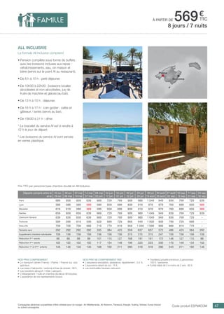 ..................................................................................................................................................................................................................................................................................................
47
€
ttc
all inclusive
La formule All Inclusive comprend
•	Pension complète sous forme de buffets
avec les boissons incluses aux repas :
rafraîchissements, eau, vin maison et
bière (servis sur le point AI au restaurant).
•	De 8 h à 10 h : petit déjeuner.
•	De 10h30 à 22h30 : boissons locales
alcoolisées et non alcoolisées, jus de
fruits de machine et glaces (au bar).
•	De 13 h à 15 h : déjeuner.
•	De 16 h à 17 h : coin goûter : cafés et
gâteaux / tartes (servis au bar).
•	De 18h30 à 21 h : dîner.
* Le bracelet du service AI est à rendre à
12 h le jour de départ.
* Les boissons du service AI sont servies
en verres plastique.
8 jours / 7 nuits
à partir de 569
Nos prix comprennent
•	 Le transport aérien France / Palma / France sur vols
spéciaux,
•	 Les taxes d’aéroports / carbone et frais de dossier : 90 €,
•	 Les transferts aéroport / hôtel / aéroport,
•	 L’hébergement 7 nuits en chambre double en All Inclusive,
•	 L’assistance de nos représentants locaux.
Nos prix ne comprennent pas
•	 L’assurance annulation, assistance, rapatriement : 3,4 %,
•	 L’assurance retard de vol : 15 €,
•	 Les éventuelles hausses carburant.
•	 Transferts privatifs (minimum 2 personnes) :
100 € / personne.
•	 Forfait bébé de 0 à moins de 2 ans : 80 €.
Prix TTC par personne base chambre double en All Inclusive.
Code produit ESPMICOMCompagnies aériennes susceptibles d’être utilisées pour ce voyage : Air Méditerranée, Air Nostrum, Transavia, Easyjet, Vueling, Volotea, Europ Airpost
ou autres compagnies.
Départs compris entre le
et le
23 avr
29 avr
30 avr
06 mai
07 mai
13 mai
14 mai
27 mai
28 mai
03 juin
04 juin
17 juin
18 juin
01 juil
02 juil
22 juil
23 juil
29 juil
30 juil
19 août
20 août
26 août
27 août
02 sep
03 sep
16 sep
17 sep
23 sep
24 sep
30 sep
Paris 689 659 659 639 669 729 769 909 989 1 049 949 839 769 729 639
Lyon 589 589 589 569 599 659 699 839 919 979 879 769 699 659 569
Marseille 619 619 589 569 599 659 699 839 919 979 879 769 699 659 569
Nantes 659 659 659 639 669 729 769 909 989 1 049 949 839 769 729 639
Clermont-Ferrand 639 639 659 639 669 729 769 909 989 1 049 949 839 769 729 -
Toulouse 599 599 619 599 629 689 729 869 949 1 009 909 799 729 689 -
Deauville 709 709 709 689 719 779 819 959 1 039 1 099 999 889 819 779 -
Terrestre seul 292 292 292 292 335 384 423 559 637 637 572 486 423 384 292
Supplément chambre individuelle 156 156 156 156 156 156 156 315 315 315 247 156 156 156 156
Réduction 3ème
adulte 88 88 88 88 101 115 127 168 191 191 172 146 127 115 88
Réduction 4ème
adulte 102 102 102 102 117 134 148 196 223 223 200 170 148 134 102
Réduction 1er
et 2ème
enfants 146 146 146 146 168 192 211 280 318 318 286 243 211 192 146
Palma
Sa Coma
 
