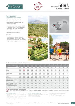 .................................................................................................................................................
57
à partir de 569€
ttc
all inclusive
La formule All Inclusive comprend
•	Repas au restaurant principal.
•	Boissons durant les repas : eau, thé,
café, vin rouge/blanc.
•	Snack au restaurant principal de 15h30
à 18 h et de 21h30 à 23 h : hamburgers,
pizzas, frites, hot dogs, sandwiches,
glaces, pâtisseries etc…
•	Glaces en pot de 10 h à 18 h.
•	Tea time.
•	Boissons locales dans les bars selon
leurs horaires de 10h30 à minuit : eau,
rafraîchissements, thé, café, vins, apéritifs
et spiritueux, bière pression.
Compagnies aériennes susceptibles d’être utilisées pour ce voyage : Air Méditerranée, Air Nostrum, Transavia, Easyjet, Vueling, Volotea, Europ Airpost
ou autres compagnies. Code produit ESPMICAN
Prix TTC par personne base chambre double en All Inclusive.
Nos prix comprennent
•	 Le transport aérien France / Palma / France sur vols
spéciaux,
•	 Les taxes d’aéroports / carbone et frais de dossier : 90 €,
•	 Les transferts aéroport / hôtel / aéroport,
•	 L’hébergement 7 nuits en chambre double en All Inclusive,
•	 L’assistance de nos représentants locaux.
Nos prix ne comprennent pas
•	 L’assurance annulation, assistance, rapatriement : 3,4 %,
•	 L’assurance retard de vol : 15 €,
•	 Les éventuelles hausses carburant.
•	 Transferts privatifs (minimum 2 personnes) :
149 € / personne.
•	 Forfait bébé de 0 à moins de 2 ans : 80 €.
8 jours / 7 nuits
Palma
Calas de
Mallorca
Départs compris entre le
et le
07 mai
13 mai
14 mai
27 mai
28 mai
24 juin
25 juin
01 juil
02 juil
15 juil
16 juil
22 juil
23 juil
29 juil
30 juil
19 août
20 août
26 août
27 août
02 sep
03 sep
09 sep
10 sep
23 sep
24 sep
30 sep
Paris 659 639 699 749 819 829 879 1 059 929 809 739 699 699
Lyon 589 569 629 679 749 759 809 989 859 739 669 629 629
Marseille 589 569 629 679 749 759 809 989 859 739 669 629 629
Nantes 659 639 699 749 819 829 879 1 059 929 809 739 699 699
Clermont-Ferrand 659 639 699 749 819 829 879 1 059 929 809 739 699 -
Toulouse 619 599 659 709 779 789 839 1 019 889 769 699 659 -
Deauville 709 689 749 799 869 879 929 1 109 979 859 789 749 -
Terrestre seul 282 282 338 390 459 477 522 646 541 448 379 338 338
Supplément chambre individuelle 117 117 117 117 117 117 117 117 117 117 117 117 117
Réduction 3ème
adulte 42 42 51 59 69 72 78 97 81 67 57 51 51
Réduc. 1er
enfant de 2 à - 7 ans 282 282 338 390 459 477 415 539 434 341 379 338 338
Réduc. 1er
enfant de 7 à - 12 ans 282 282 231 283 352 351 396 520 414 322 272 231 231
Réduction 2ème
enfant de 2 à
- 12 ans en chambre quadruple
165 165 222 274 323 341 386 510 404 312 262 222 222
Réduction 1er
enfant en chambre
monoparentale
113 113 135 156 184 191 0 0 216 179 151 135 135
*PREMIERS RÉSERVÉS, PREMIERS SERVIS
Jusqu’à 50 € de réduction par adulte. Exemple pour un départ du 02/07/15 au 26/08/15. Nombre de places limité. Autres dates, autres réductions : nous consulter.
RÉSER
VEZTÔT
- 50 €*
RÉSER
VEZTÔT
- 50 €*
 