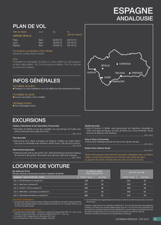 espagne
andalousie
Jour
Sam
Sam
Sam
Du
02/05/15
02/05/15
02/05/15
Au
(dernier départ)
03/10/15
03/10/15
03/10/15
Ville de départ
Paris
Lyon
Nantes
Arrivée séville
Compagnies susceptibles d’être utilisées
Transavia, Vueling, Ibéria, Ryanair.
Infos
Possibilité de prolongation de séjour ou retour différé sur vols spéciaux
et selon disponibilités : 80 € hors vacances scolaires, 150 € en période
de vacances scolaires.
plan de vol
Formalités de police
Passeport ou carte d’identité en cours de validité (pour les ressortissants français).
Formalités de santé
Aucune vaccination n’est conseillée.
Décalage horaire
Pas de décalage horaire.
infos générales
Huelva, Colombinos et les Caravelles (1/2 journée)
• Monastère de Rabida, le quai des caravelles, tour panoramique de Huelva avec
arrêt au sanctuaire de la vierge de la Cinta.
..........................................................................................................Env. 45 €
Faro (journée)
• Découverte de la région portugaise de l’Algarve. Château de Castro Marim,
Faro avec la cathédrale et les remparts. Monte Gordo, Vila real de St Antonio.
..........................................................................................................Env. 45 €
Siera Aracena (journée)
• Zalamea la real, arrêt au site de Rio Tinto. Visite de la fabrique de jambon ibérique
de Aracena et des grottes. Almonaster de la real avec visite de la mezquita.
.........................................................................................................Env. 55 €
Séville (journée)
• Arrêt à Chucena. À Séville, visite panoramique de l’exposition universelle de
1929, de la plaza de Espana, du bario de Santa Cruz, de la cathédrale. Temps
libre pour le déjeuner et le shopping.
.........................................................................................................Env. 55 €
Vins et Toros (1/2 journée)
• Découverte d’élevages réputés de toros et de cultures viticoles.
.........................................................................................................Env. 65 €
Soirée Fado à Monte Gordo
.........................................................................................................Env. 65 €
Tarifs communiqués à titre indicatif. Excursions réalisables selon conditions
météo, nombre de participants et en fonction des hôtels de séjour.
La plupart des droits d’entrée dans les sites ne sont pas inclus.
excursions
61Voyamar aérosun . été 2015
séville
gibraltar
malaga
cadix
cordoue
grenadeHUELVA
Du 30/04 au 07/10
Prix par véhicule en Euros pris et rendu à l’aéroport de Séville
Du 30/04 au 30/06
et du 01/09 au 07/10
Du 01/07 au 31/08
Catégorie - Type de Véhicule - Durée Forfait 7 Jours Jour Sup. Forfait 7 Jours Jour Sup.
Cat. A - Fiat 500 Essence ou similaire A/C 159 23 224 32
Cat. C - Seat Leon ou similaire A/C 231 33 320 46
Cat. D - VW Golf 1.9 TDI ou similaire A/C 260 38 338 49
Cat. E - BMW Série 1 automatique ou similaire A/C 331 48 449 64
Cat. N - Opel Zafira automatique ou similaire A/C 380 55 542 78
nos prix comprennent
•	 La location du véhicule prise et rendue à l’aéroport de Séville pour la durée choisie par tranche
de 24h, le kilométrage illimité, le rachat partiel de franchise en cas d’accident (CDW) ou de
vol (TPC), les taxes locales.
Nos prix en comprennent pas :
•	 Les assurances optionnelles : conducteur et personnes transportées (PAI, 6 € / jour), vol du
véhicule, rachat de franchise, conducteurs additionnel (6,07 € / jour), etc...
•	 Les options GPS, sièges bébé ou réhausseur (6€ / jour)
•	 Les contraventions, frais de parking, péages, carburant.
•	 Les éventuelles surcharges aéroports et remise du véhicule en dehors des heures d’ouverture
des bureaux.
Important : l’âge minimum du conducteur doit être de 21, 23 ou 25 ans en fonction des catégories
choisies, et le permis de conduire valable depuis plus de 1 à 5 ans. Pour les conducteurs de
plus de 65 ans, certaines assurances sont obligatoires. Le loueur exige une empreinte de carte
de crédit internationale au nom du conducteur pour garantir la remise du véhicule.
Toutes les conditions de location sont disponibles sur demande.
LOCATION DE VOITURE
 