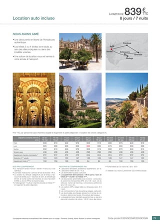 ..................................................................................................................................................................................................................................................................................................
75
€
ttc
Nos prix comprennent
•	 Le transport aérien France / Séville / France sur vols
spéciaux,
•	 Les taxes d’aéroports / carbone et frais de dossier : 90 €,
•	 La location du véhicule catégorie A pris et rendu à l’aé-
roport de Séville pour 7 tranches de 24 h, le kilométrage
illimité, le rachat partiel de franchise en cas d’accident
(CDW) ou de vol (TPC), les taxes locales,
•	 L’hébergement 7 nuits en chambre double en hôtels 3***
en logement et petits déjeuners.
Nos prix ne comprennent pas
•	 L’assurance annulation, assistance, rapatriement : 3,4 %,
•	 L’assurance retard de vol : 15 €,
•	 Les éventuelles hausses carburant,
•	 Le supplément demi-pension : 136 € / pers. / sem. en
hôtels 3*** et 243 € en hôtels 4****,
•	 Les assurances optionnelles pour la voiture : conducteur
et personnes transportées (PAI, env. 6 € / jour), vol du
véhicule, rachat de franchise, conducteurs additionnel
(env. 6 € / jour), etc...
•	 Les options GPS, sièges bébé ou réhausseur (env. 6 €
/ jour),
•	 Les contraventions, frais de parking, péages, carburant,
•	 Les éventuelles surcharges aéroports et remise du vé-
hicule en dehors des heures d’ouverture des bureaux,
•	 Le supplément pour transfert groupé en bus ou taxi à la
place de la location de voiture : 190 € / pers. aller retour.
•	 Forfait bébé de 0 à moins de 2 ans : 80 €.
(1) Valable si au moins 2 personnes sur le même dossier.
Départs compris entre le
et le
30 avr
13 mai
14 mai
10 juin
11 juin
24 juin
25 juin
01 juil
02 juil
29 juil
30 juil
19 août
20 août
26 août
27 août
02 sep
03 sep
09 sep
10 sep
07 oct
Paris 939 919 949 979 859 919 899 979 949 919
Lyon 929 909 929 959 839 899 879 959 939 909
Nantes 939 919 949 979 859 919 899 979 949 919
Terrestre seul 438 438 438 438 298 298 298 438 438 438
Supplément chambre individuelle (1)
272 272 272 272 224 224 224 272 272 272
Réduction 3ème
adulte 123 123 123 147 126 126 126 147 147 123
Supplément hôtels 4**** 150 150 150 150 64 64 64 150 150 150
Prix TTC par personne base chambre double en logement et petits déjeuners + location de voiture catégorie A.
Code produit ESSVQCOM/ESSVQCOM4Compagnies aériennes susceptibles d’être utilisées pour ce voyage : Transavia, Vueling, Ibéria, Ryanair ou autres compagnies.
NOUS AVONS AIMé
•	Une découverte en liberté de l’Andalousie
authentique.
•	Les hôtels 3 ou 4 étoiles sont situés au
sein des villes indiquées ou dans des
localités voisines.
•	Une voiture de location vous est remise à
votre arrivée à l’aéroport.
8 jours / 7 nuitsLocation auto incluse
Grenade
Malaga
Antequera
Cordoue
Séville
à partir de 839
 